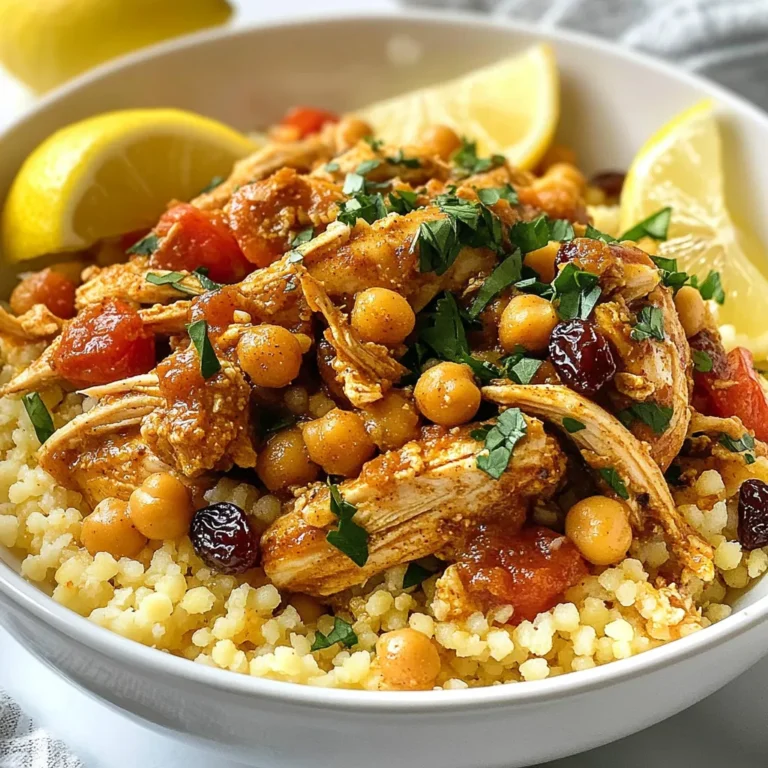 To make Moroccan Chicken Couscous, you need these main ingredients: - 2 cups couscous - 1 lb chicken thighs, boneless and skinless - 1 onion, finely chopped - 2 garlic cloves, minced - 1 can (15 oz) chickpeas, rinsed and drained - 1 cup diced tomatoes (canned or fresh) - 1 ½ cups chicken broth - 1/2 cup raisins or dried apricots, chopped These ingredients create a warm and hearty dish. The chicken thighs add flavor and tenderness. The couscous serves as a fluffy base, soaking up all the juices. Spices make this dish come alive. Here’s what you will need: - 1 teaspoon ground cumin - 1 teaspoon ground cinnamon - 1 teaspoon ground turmeric - 1 teaspoon paprika - 1/2 teaspoon cayenne pepper (optional, for heat) - Salt and pepper to taste These spices give depth to the dish. Cumin adds earthiness, while cinnamon adds sweetness. Turmeric brightens the color and flavor. Adjust the cayenne pepper based on your heat preference. Garnishes add a fresh touch. Consider these options: - Fresh cilantro or parsley for garnish - Lemon wedges for serving Fresh herbs enhance the dish’s look and taste. Lemon wedges add a zesty kick when squeezed over the top. These garnishes elevate the flavors, making every bite delightful. {{ingredient_image_1}} First, heat 2 tablespoons of olive oil in a large pot over medium heat. Add one finely chopped onion. Sauté the onion for about five minutes until it turns soft. Next, add two minced garlic cloves. Cook these for one to two minutes until they smell great. Now, take one pound of boneless, skinless chicken thighs. Season them with salt, pepper, ground cumin, ground cinnamon, ground turmeric, and paprika. If you want some heat, add a little cayenne pepper too. Place the seasoned chicken in the pot and brown it for four to five minutes on each side. After browning the chicken, add one cup of diced tomatoes and one can of chickpeas that you have rinsed and drained. Stir this all together. Then, pour in one and a half cups of chicken broth. Bring this mixture to a boil. Once it's boiling, reduce the heat to low and cover the pot. Let it simmer for about 25 minutes until the chicken is tender and fully cooked. While the chicken cooks, prepare the couscous. Bring two cups of water to a boil in another pot. Then, add two cups of couscous to the boiling water. Cover the pot and let it sit for about five minutes. After five minutes, fluff the couscous with a fork to make it light and fluffy. Once the chicken is done, shred it using two forks and return it to the pot. Stir in half a cup of raisins or chopped dried apricots. Let them warm in the pot for about five minutes. Now, serve the chicken and chickpea mixture over the fluffy couscous. Garnish with fresh cilantro or parsley, and add lemon wedges for a zesty finish. Enjoy! When making Moroccan chicken couscous, avoid overcooking the chicken. It should be juicy, not dry. Do not skip rinsing the chickpeas; this helps with flavor and texture. Be careful with salt; the broth often has enough. Lastly, don’t forget to fluff the couscous after cooking. This keeps it light and airy. To boost the flavors, marinate the chicken in spices for a few hours or overnight. This allows the spices to infuse deeply. You can also add fresh ginger for a zesty kick. A pinch of saffron can elevate the dish immensely. Consider serving with a drizzle of high-quality olive oil for richness. Lemon wedges add brightness just before eating. If you have leftovers, make a salad. Toss the couscous and chicken with fresh greens. Add nuts for crunch and a light vinaigrette. You can also wrap it in flatbread for a tasty sandwich. For a quick meal, heat the dish in the microwave, adding a splash of broth to keep it moist. Pro Tips Marinate for Flavor: For even more depth of flavor, marinate the chicken in the spices and olive oil for a few hours or overnight before cooking. Choose the Right Couscous: Use whole wheat couscous for added nutrition and a nuttier flavor, or try Israeli couscous for a chewier texture. Customize Your Veggies: Feel free to add additional vegetables like bell peppers or zucchini to the pot for extra nutrition and color. Control the Heat: Adjust the amount of cayenne pepper based on your spice preference; omit it entirely for a milder dish. {{image_2}} You can easily make a tasty vegetarian couscous. Instead of chicken, use vegetables like zucchini, bell peppers, and carrots. Roasting these veggies adds rich flavor. You can also add extra chickpeas for protein. Use vegetable broth instead of chicken broth. This keeps the dish flavorful and hearty. If you want to switch proteins, consider using lamb or beef. These meats pair well with Moroccan spices. Cook them the same way you would the chicken. You could also use fish, like cod or salmon. Just make sure to adjust the cooking time. Fish cooks much faster than chicken or lamb. Serving couscous can vary. Try it in a bowl or on a plate. You can also serve it inside a pita pocket for a fun twist. Adding a side of yogurt or tzatziki can cool down the spices. Fresh salads, like cucumber or tomato, add a refreshing touch. Don't forget to offer lemon wedges for a zesty kick! To store leftovers, let them cool first. Place the chicken couscous in an airtight container. Keep it in the fridge for up to three days. Make sure to seal the container tightly to keep it fresh. You can freeze Moroccan chicken couscous too! Pack it in freezer-safe bags or containers. Remove as much air as you can before sealing. It will stay good for about three months. When ready to eat, thaw it in the fridge overnight. Reheat leftovers on the stove or in the microwave. If using the stove, add a splash of chicken broth to keep it moist. Heat it until warm, stirring often. In the microwave, use a covered bowl and heat in short bursts. Stir in between to warm it evenly. Enjoy your meal again! Moroccan Chicken Couscous is a hearty dish that combines chicken, spices, and couscous. The chicken is seasoned with spices like cumin, cinnamon, and turmeric. It cooks in a rich sauce with chickpeas and tomatoes. The fluffy couscous serves as a perfect base, soaking up the flavors. Yes, you can make Moroccan Chicken Couscous in advance. Cook it fully, then cool it down. Store it in a sealed container in the fridge for up to three days. Reheat it on the stove or in the microwave when ready to serve. This makes it a great meal prep option. Moroccan Chicken Couscous can be mildly spicy. The recipe includes cayenne pepper, which adds heat. You can adjust the spice level by adding less cayenne or leaving it out. The overall flavor comes from the spices and herbs, not just the heat. You can serve Moroccan Chicken Couscous with various sides. A fresh salad with chopped cucumbers and tomatoes pairs nicely. You might also enjoy warm pita bread or yogurt on the side. Lemon wedges add a nice touch for extra flavor just before eating. In this article, I covered how to make Moroccan Chicken Couscous. We discussed key ingredients, spices, and optional garnishes. I shared detailed steps for preparing chicken, cooking sauce, and making couscous. You learned tips to avoid mistakes and enhance flavors, plus ways to use leftovers. I also offered vegetarian options and storage advice. Remember, this dish is versatile and fun to make. Enjoy your delicious meal!