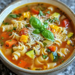 To make your Italian Penicillin Soup, you will need the following: - 1 tablespoon olive oil - 1 onion, chopped - 3 cloves garlic, minced - 2 carrots, diced - 2 celery stalks, diced - 1 zucchini, diced - 1 can (14 oz) diced tomatoes with basil - 6 cups vegetable broth - 1 cup whole wheat pasta (such as ditalini) - 1 teaspoon dried oregano - 1 teaspoon dried thyme - Salt and pepper to taste - Fresh basil leaves for garnish - Grated Parmesan cheese (optional) You can easily swap some ingredients for what you have. Here are a few options: - Olive oil: Use any cooking oil you like, such as canola or avocado oil. - Whole wheat pasta: Try regular pasta or even gluten-free pasta if you prefer. - Vegetable broth: Chicken broth works well too for a different flavor. - Diced tomatoes: Fresh tomatoes or even tomato sauce can be used instead. Make this soup your own by adding some fun extras. Here are a few ideas: - Leafy greens: Spinach or kale can give your soup a nice boost. - Beans: White beans or chickpeas can add protein and texture. - Spices: A pinch of red pepper flakes can add a nice kick. - Protein: Cooked chicken or turkey can make it heartier. Use these tips to create a soup that fits your taste! {{ingredient_image_1}} Start by heating one tablespoon of olive oil in a large pot over medium heat. Next, add the chopped onion. Sauté it for about three minutes until it turns soft and clear. Then, add three cloves of minced garlic. Cook for another minute to let the garlic release its scent. After that, toss in two diced carrots and two diced celery stalks. Stir and cook these veggies for about five minutes until they soften. Now, it’s time to add in one diced zucchini. Stir it well with the other vegetables. Next, open a can of diced tomatoes with basil and pour it into the pot, juice included. Cook everything for three more minutes. This helps the tomatoes break down and mix with the flavors. The smell will be amazing! Pour in six cups of vegetable broth next. Bring the whole mixture to a boil. Once it's boiling, add one cup of whole wheat pasta, like ditalini. Sprinkle in one teaspoon each of dried oregano and dried thyme. Add salt and pepper to taste. Reduce the heat and let it simmer for about 10 to 12 minutes. Cook until the pasta is just right, or al dente. Taste the soup and adjust the seasoning if needed. Let it simmer for five more minutes to meld the flavors together. Now, you’re ready to serve! To get the best flavor in your Italian Penicillin Soup, use fresh ingredients. Fresh herbs like basil and thyme add depth. When sautéing, let the onions cook until they are soft and sweet. This step builds a strong base. Don’t rush adding the garlic; it can burn quickly. Burnt garlic tastes bitter, and we want a nice, rich flavor. Cooking pasta in the soup is easy and fun. Whole wheat pasta, like ditalini, works great. Add it only when the broth is boiling. This helps the pasta cook evenly. Keep an eye on it while cooking. You want it to be al dente, or firm to the bite. If you cook it too long, it can turn mushy. Garnishing your soup makes it look and taste better. Use fresh basil leaves for a pop of color and flavor. You can also sprinkle some grated Parmesan cheese on top. This adds a creamy richness. Just a little cheese goes a long way. Serve the soup hot and enjoy the lovely blend of flavors! Pro Tips Use Fresh Herbs: Fresh basil adds a vibrant flavor to the soup. Add it just before serving to maintain its freshness. Customize Your Veggies: Feel free to add or substitute any seasonal vegetables you have on hand for a unique twist. Perfect Pasta Cooking: To prevent the pasta from getting mushy, cook it separately and add it to the soup just before serving. Make it Creamy: For a creamier soup, stir in a splash of cream or a scoop of ricotta cheese just before serving. {{image_2}} You can add different proteins to your Italian Penicillin Soup. Meatballs are a classic choice. You can use small meatballs made from beef or turkey. Just cook them in the pot before adding the broth. Chicken is another great option. You can add shredded rotisserie chicken for a quick and tasty boost. It adds great flavor and makes the soup heartier. Making this soup vegan is easy. Simply skip the meat and use vegetable broth. Replace meatballs with lentils or chickpeas for protein. You can also add tofu for a nice texture. Just make sure to sauté it until golden. For a creamier soup, blend some of the vegetables with the broth. This gives a rich taste while keeping it light. Italian Wedding Soup has many regional twists. In Naples, cooks use small pasta shapes, like tiny stars. In Rome, you might find greens like escarole or spinach. These add color and nutrients. Some versions include beans for extra fiber. Each region puts its spin on the soup. This makes it a dish full of love and local flavor. After enjoying your Italian Penicillin Soup, store any leftovers in an airtight container. Let the soup cool down first. This helps keep it fresh. Place the container in the fridge. It will stay good for about 3 to 4 days. If you want to keep it longer, freezing is a great option. To freeze Italian Penicillin Soup, use freezer-safe containers. Leave some space at the top for expansion. Label each container with the date. The soup can last up to 3 months in the freezer. When you are ready to eat it, move the container to the fridge to thaw overnight. Reheating the soup is easy. If frozen, thaw it in the fridge first. Pour the soup into a pot and heat over medium heat. Stir often to avoid sticking. If it seems too thick, add a little water or broth. You can also use a microwave. Heat in short bursts, stirring in between. Enjoy your warm, comforting bowl! Italian Penicillin Soup is a warm, hearty dish. It combines fresh veggies and pasta in a rich broth. This soup is often called "Italian penicillin" because it feels like a hug in a bowl. The blend of tomatoes, herbs, and broth brings comfort. You will find diced zucchini, carrots, and celery in it. For added flavor, we use garlic and onions. The whole wheat pasta makes it filling and satisfying. Yes, you can make Italian Penicillin Soup in advance. It tastes even better the next day! Just follow the recipe and let it cool. Store the soup in a container with a lid. You can keep it in the fridge for up to three days. When you are ready to eat, heat it on the stove or in the microwave. If you plan to store it longer, freeze it. Just remember to leave out the pasta. Add the pasta when you reheat it, to keep it from getting soggy. Making Italian Penicillin Soup gluten-free is easy! Simply swap the whole wheat pasta for a gluten-free option. There are many types, like rice or quinoa pasta. Check the label to make sure it is gluten-free. Everything else in the soup is already gluten-free. Just follow the recipe as usual, and you will have a delicious meal that everyone can enjoy! In this post, I covered the key ingredients in Italian wedding soup, including substitutions and optional add-ins. You learned how to prepare the soup step-by-step and discovered tips for great flavor, cooking pasta, and garnishing. I also shared variations you can try and gave advice on storing leftovers. Making this soup can be fun and easy. Experiment with flavors and ingredients to find your perfect bowl! Now, you can enjoy this dish while impressing family and friends.