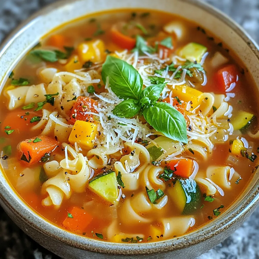 To make your Italian Penicillin Soup, you will need the following: - 1 tablespoon olive oil - 1 onion, chopped - 3 cloves garlic, minced - 2 carrots, diced - 2 celery stalks, diced - 1 zucchini, diced - 1 can (14 oz) diced tomatoes with basil - 6 cups vegetable broth - 1 cup whole wheat pasta (such as ditalini) - 1 teaspoon dried oregano - 1 teaspoon dried thyme - Salt and pepper to taste - Fresh basil leaves for garnish - Grated Parmesan cheese (optional) You can easily swap some ingredients for what you have. Here are a few options: - Olive oil: Use any cooking oil you like, such as canola or avocado oil. - Whole wheat pasta: Try regular pasta or even gluten-free pasta if you prefer. - Vegetable broth: Chicken broth works well too for a different flavor. - Diced tomatoes: Fresh tomatoes or even tomato sauce can be used instead. Make this soup your own by adding some fun extras. Here are a few ideas: - Leafy greens: Spinach or kale can give your soup a nice boost. - Beans: White beans or chickpeas can add protein and texture. - Spices: A pinch of red pepper flakes can add a nice kick. - Protein: Cooked chicken or turkey can make it heartier. Use these tips to create a soup that fits your taste! {{ingredient_image_1}} Start by heating one tablespoon of olive oil in a large pot over medium heat. Next, add the chopped onion. Sauté it for about three minutes until it turns soft and clear. Then, add three cloves of minced garlic. Cook for another minute to let the garlic release its scent. After that, toss in two diced carrots and two diced celery stalks. Stir and cook these veggies for about five minutes until they soften. Now, it’s time to add in one diced zucchini. Stir it well with the other vegetables. Next, open a can of diced tomatoes with basil and pour it into the pot, juice included. Cook everything for three more minutes. This helps the tomatoes break down and mix with the flavors. The smell will be amazing! Pour in six cups of vegetable broth next. Bring the whole mixture to a boil. Once it's boiling, add one cup of whole wheat pasta, like ditalini. Sprinkle in one teaspoon each of dried oregano and dried thyme. Add salt and pepper to taste. Reduce the heat and let it simmer for about 10 to 12 minutes. Cook until the pasta is just right, or al dente. Taste the soup and adjust the seasoning if needed. Let it simmer for five more minutes to meld the flavors together. Now, you’re ready to serve! To get the best flavor in your Italian Penicillin Soup, use fresh ingredients. Fresh herbs like basil and thyme add depth. When sautéing, let the onions cook until they are soft and sweet. This step builds a strong base. Don’t rush adding the garlic; it can burn quickly. Burnt garlic tastes bitter, and we want a nice, rich flavor. Cooking pasta in the soup is easy and fun. Whole wheat pasta, like ditalini, works great. Add it only when the broth is boiling. This helps the pasta cook evenly. Keep an eye on it while cooking. You want it to be al dente, or firm to the bite. If you cook it too long, it can turn mushy. Garnishing your soup makes it look and taste better. Use fresh basil leaves for a pop of color and flavor. You can also sprinkle some grated Parmesan cheese on top. This adds a creamy richness. Just a little cheese goes a long way. Serve the soup hot and enjoy the lovely blend of flavors! Pro Tips Use Fresh Herbs: Fresh basil adds a vibrant flavor to the soup. Add it just before serving to maintain its freshness. Customize Your Veggies: Feel free to add or substitute any seasonal vegetables you have on hand for a unique twist. Perfect Pasta Cooking: To prevent the pasta from getting mushy, cook it separately and add it to the soup just before serving. Make it Creamy: For a creamier soup, stir in a splash of cream or a scoop of ricotta cheese just before serving. {{image_2}} You can add different proteins to your Italian Penicillin Soup. Meatballs are a classic choice. You can use small meatballs made from beef or turkey. Just cook them in the pot before adding the broth. Chicken is another great option. You can add shredded rotisserie chicken for a quick and tasty boost. It adds great flavor and makes the soup heartier. Making this soup vegan is easy. Simply skip the meat and use vegetable broth. Replace meatballs with lentils or chickpeas for protein. You can also add tofu for a nice texture. Just make sure to sauté it until golden. For a creamier soup, blend some of the vegetables with the broth. This gives a rich taste while keeping it light. Italian Wedding Soup has many regional twists. In Naples, cooks use small pasta shapes, like tiny stars. In Rome, you might find greens like escarole or spinach. These add color and nutrients. Some versions include beans for extra fiber. Each region puts its spin on the soup. This makes it a dish full of love and local flavor. After enjoying your Italian Penicillin Soup, store any leftovers in an airtight container. Let the soup cool down first. This helps keep it fresh. Place the container in the fridge. It will stay good for about 3 to 4 days. If you want to keep it longer, freezing is a great option. To freeze Italian Penicillin Soup, use freezer-safe containers. Leave some space at the top for expansion. Label each container with the date. The soup can last up to 3 months in the freezer. When you are ready to eat it, move the container to the fridge to thaw overnight. Reheating the soup is easy. If frozen, thaw it in the fridge first. Pour the soup into a pot and heat over medium heat. Stir often to avoid sticking. If it seems too thick, add a little water or broth. You can also use a microwave. Heat in short bursts, stirring in between. Enjoy your warm, comforting bowl! Italian Penicillin Soup is a warm, hearty dish. It combines fresh veggies and pasta in a rich broth. This soup is often called "Italian penicillin" because it feels like a hug in a bowl. The blend of tomatoes, herbs, and broth brings comfort. You will find diced zucchini, carrots, and celery in it. For added flavor, we use garlic and onions. The whole wheat pasta makes it filling and satisfying. Yes, you can make Italian Penicillin Soup in advance. It tastes even better the next day! Just follow the recipe and let it cool. Store the soup in a container with a lid. You can keep it in the fridge for up to three days. When you are ready to eat, heat it on the stove or in the microwave. If you plan to store it longer, freeze it. Just remember to leave out the pasta. Add the pasta when you reheat it, to keep it from getting soggy. Making Italian Penicillin Soup gluten-free is easy! Simply swap the whole wheat pasta for a gluten-free option. There are many types, like rice or quinoa pasta. Check the label to make sure it is gluten-free. Everything else in the soup is already gluten-free. Just follow the recipe as usual, and you will have a delicious meal that everyone can enjoy! In this post, I covered the key ingredients in Italian wedding soup, including substitutions and optional add-ins. You learned how to prepare the soup step-by-step and discovered tips for great flavor, cooking pasta, and garnishing. I also shared variations you can try and gave advice on storing leftovers. Making this soup can be fun and easy. Experiment with flavors and ingredients to find your perfect bowl! Now, you can enjoy this dish while impressing family and friends.