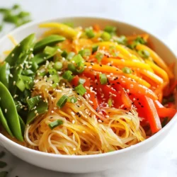 To make juicy Sesame Ginger Noodle Bowls, you need the following items: - 8 oz rice noodles - 2 tablespoons sesame oil - 1 tablespoon fresh ginger, grated - 2 cloves garlic, minced - 1 cup shredded carrots - 1 cup bell peppers, thinly sliced (red or yellow) - 1 cup snap peas, trimmed - 3 green onions, chopped - 1/4 cup soy sauce or tamari - 2 tablespoons rice vinegar - 1 tablespoon honey or maple syrup - 1 tablespoon sesame seeds - Fresh cilantro for garnish (optional) If you don't have some ingredients, here are easy swaps: - Rice noodles: Use soba or whole wheat noodles. - Sesame oil: Swap with olive oil or avocado oil. - Soy sauce: Use coconut aminos for a soy-free option. - Honey: Maple syrup works well for a vegan choice. - Fresh ginger: Ground ginger can be a quick alternative. Each serving of these noodle bowls is packed with good stuff. Here's a quick look at the nutrition: - Calories: Approximately 300 - Protein: 8g - Carbohydrates: 45g - Fat: 10g - Fiber: 4g - Sugar: 5g This dish is not only tasty but also a healthy choice. Enjoy the blend of flavors while knowing you’re eating well! {{ingredient_image_1}} First, you need to cook the rice noodles. Boil water in a pot. Add the noodles and cook according to the package instructions. This usually takes about 4 to 6 minutes. Once they are soft, drain them in a colander. Rinse them under cold water to stop the cooking. Set the noodles aside for later. Next, grab a large skillet or wok. Heat the sesame oil over medium heat. Add the grated ginger and minced garlic. Sauté them for about 30 seconds until they smell great. Now, add the shredded carrots, bell peppers, and snap peas. Stir-fry these veggies for about 3 to 4 minutes. You want them to be tender but still a bit crunchy. This keeps the colors bright and the flavors fresh. In a small bowl, whisk together soy sauce, rice vinegar, and honey or maple syrup. This sauce adds a nice depth of flavor. Toss the cooked rice noodles into the skillet with the veggies. Pour the sauce over everything. Mix it all well so that the noodles and veggies are coated. Cook for another 2 minutes to heat everything through. Finally, remove from heat and sprinkle sesame seeds and chopped green onions on top. Serve right away! If you like, add fresh cilantro for extra flavor. To stir-fry well, you need high heat. Heat your skillet or wok over medium-high heat. This step helps the food cook fast and keeps it crisp. Add sesame oil first. This oil adds flavor and helps prevent sticking. When you add garlic and ginger, watch closely. Sauté them for about 30 seconds. This step brings out their best flavors. Then, add your veggies quickly and keep stirring. This method gives you that nice tender-crisp texture. Want to boost the flavor? Try adding lime juice or zest. It gives a bright note to the dish. You can also add crushed red pepper for heat. If you want a nutty taste, add chopped peanuts or cashews. For a fresh touch, mix in some chopped herbs like basil or mint. These simple changes make a big difference. You can also use different sauces. Try hoisin or spicy chili sauce for a twist. Do you like it spicy? Start with a small amount of crushed red pepper. You can always add more later. If you want a milder flavor, skip the pepper. You can balance heat with more honey or maple syrup. This step adds sweetness to offset the spice. Taste your dish as you cook. Adjusting flavors while cooking is key. This way, you can create a meal just right for you. Pro Tips Use Fresh Ingredients: Using fresh vegetables and herbs will enhance the flavor and nutrition of your noodle bowl. Customize Your Protein: Add grilled chicken, shrimp, or tofu for added protein to make this dish more filling. Adjust the Heat: For a spicier kick, consider adding red pepper flakes or a dash of sriracha to the sauce. Prep Ahead: Chop your vegetables and prepare the sauce in advance to make cooking quicker and easier during busy weeknights. {{image_2}} You can easily add protein to your Sesame Ginger Noodle Bowls. Tofu works well for a vegetarian option. Choose firm tofu for the best texture. Press it to remove extra water, then cut it into cubes. Sauté the tofu until golden before adding it to your noodles. Chicken is another great choice. Use boneless, skinless chicken thighs or breasts. Cut them into small pieces. Cook them in the skillet until they are no longer pink. Then mix them in with the noodles and vegetables. Shrimp also makes a tasty addition. Use raw, peeled shrimp for the best results. Add them to the pan after the vegetables are tender. Cook the shrimp until they turn pink. Then combine with the noodles. Making this dish vegetarian or vegan is easy. Simply skip any meat and focus on vegetables and protein sources like tofu. You can also use plant-based sauce options. For instance, use maple syrup instead of honey. Make sure to check that your soy sauce is vegan. Tamari is a great gluten-free option that is also vegan. This way, you can enjoy the same great flavors while sticking to your dietary needs. Feel free to mix up the vegetables based on what you have. Broccoli, zucchini, or bok choy all work well. Just remember to cut them into small pieces for even cooking. In the spring, consider adding asparagus or peas. In the fall, try sweet potatoes or butternut squash. Seasonal vegetables will add freshness and variety to your bowls. With these variations, you can easily customize your Sesame Ginger Noodle Bowls to your taste. Enjoy the cooking process and get creative! Store your Sesame Ginger Noodle Bowls in an airtight container. Keep them in the fridge for up to three days. This way, the flavors stay fresh and vibrant. When you’re ready to eat, just take them out and enjoy! You can freeze these noodle bowls if you want to save some for later. Place the cooled noodles and veggies in a freezer-safe container. They will last up to two months in the freezer. When you want to eat them, thaw them overnight in the fridge. Reheat in a skillet over low heat until warm. You may need to add a splash of water for moisture. To keep your noodles fresh, do not mix them with the sauce until you’re ready to eat. This prevents them from getting soggy. If you have leftover noodles, store them separately from the veggies and sauce. They will taste better when kept apart. You can serve many tasty sides with Sesame Ginger Noodle Bowls. A light soup pairs well. Try miso soup or a simple vegetable broth. You can also add a fresh salad. A cucumber salad with a tangy dressing works great. For protein, grilled chicken or tofu adds heartiness. These options enhance your meal and add variety. Yes, you can easily make this dish gluten-free. Use gluten-free rice noodles instead of regular noodles. For the sauce, replace soy sauce with tamari. Tamari is a great gluten-free option. Always check labels to ensure no hidden gluten. With these swaps, you keep all the flavor while making it safe for gluten-free diets. Storing leftovers is simple. First, let the noodles cool down. Place them in an airtight container. You can keep them in the fridge for up to three days. To reheat, you can use a microwave or a skillet. Add a splash of water or broth to keep them moist. This way, your delicious meal stays fresh and tasty! This blog post covered everything you need for Sesame Ginger Noodle Bowls. We discussed the key ingredients, cooking steps, and useful tips. You learned how to stir-fry like a pro and explore fun variations with proteins and veggies. Storing leftovers is easy with our guidelines. Now, you have the tools to make this dish your own. Enjoy every bite and share your creations with others! You'll impress your family and friends with your new skills. Happy cooking!