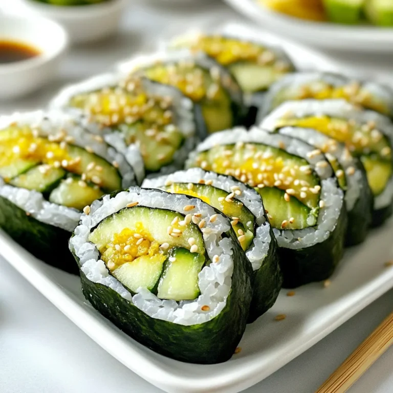 To make cucumber avocado sushi rolls, you will need: - 1 cup sushi rice - 1 1/4 cups water - 2 tablespoons rice vinegar - 1 tablespoon sugar - 1/2 teaspoon salt - 2 large cucumbers - 1 ripe avocado, sliced - 4 sheets nori (seaweed) - 1/4 cup pickled ginger (for serving) - Soy sauce (for dipping) - Sesame seeds (optional, for garnish) These sushi rolls are light and healthy. Each roll provides a good mix of nutrients. The sushi rice offers carbohydrates for energy. Cucumbers and avocados add fiber, vitamins, and healthy fats. One serving has about: - Calories: 200 - Protein: 4g - Fat: 7g - Carbohydrates: 30g Choosing fresh ingredients is key for great sushi. Here are some tips: - Cucumbers: Pick firm, dark green cucumbers. Look for smooth skin and no blemishes. - Avocado: Choose ripe avocados that gently yield to pressure. Avoid brown spots. - Nori: Use high-quality nori that smells fresh. It should be dark green and crisp. - Rice: Select sushi rice for the best texture. It should be short-grain. - Ginger: Use bright pink pickled ginger for a zesty flavor. By following these tips, you will create delicious and fresh cucumber avocado sushi rolls! {{ingredient_image_1}} To make sushi rice, rinse 1 cup of sushi rice under cold water. Keep rinsing until the water runs clear. This step removes excess starch. Next, combine the rice with 1 and 1/4 cups of water in a medium saucepan. Bring the mixture to a boil over high heat. Once it boils, reduce the heat to low. Cover the pan and let it simmer for 15 minutes. After that, remove it from heat. Let the rice sit for 10 minutes without lifting the lid. In a small bowl, mix 2 tablespoons of rice vinegar, 1 tablespoon of sugar, and 1/2 teaspoon of salt. Stir until everything dissolves. Then, gently fold this mixture into your cooked rice using a wooden spoon. Be careful not to mash the grains. This step gives the rice its tasty flavor. Allow the rice to cool to room temperature before using it. Take your two large cucumbers and slice one in half lengthwise. Use a spoon to scoop out the seeds, making a hollowed boat. Repeat this with the other cucumber. Now, cut both cucumbers into thin strips, about 1/4 inch thick. These strips will add crunch to your sushi rolls. Lay a sheet of nori shiny side down on a bamboo sushi mat. Wet your hands with water to stop the rice from sticking. Take about 1/4 of the sushi rice and spread it evenly over the nori. Leave about an inch at the top edge. Next, place your avocado slices and cucumber strips in a line across the rice at the bottom edge of the nori. Now, it's time to roll. Start at the bottom edge and lift the bamboo mat. Begin rolling away from you, applying gentle pressure to keep the roll tight. Roll until the nori seals at the top edge. Repeat this process with the remaining ingredients to make more rolls. After rolling, use a sharp knife to slice each roll into 6-8 pieces. Wet the knife blade before cutting. This keeps the slices clean. Wipe the knife with a wet cloth between cuts for the best results. Enjoy your fresh and tasty cucumber avocado sushi rolls! To roll sushi well, start with a bamboo mat. This mat helps create tight rolls. Place nori on the mat, shiny side down. Wet your hands to stop the rice from sticking. Spread sushi rice evenly, leaving space at the top. Add your fillings, like avocado and cucumber, at the bottom. Lift the mat and start rolling away from you. Keep the roll tight, but not too tight. This makes a nice sushi shape. Stickiness can ruin your sushi. Wet your hands before touching the rice. This helps keep the rice from sticking to your fingers. Use a sharp knife to slice the rolls. Wet the blade before each cut. This helps prevent mashing the sushi together. If rice sticks to the knife, wipe it clean with a damp cloth. Make your sushi look great on the plate. Use a colorful dish for a nice contrast. Arrange the rolls neatly, and add small bowls of soy sauce. You can also include pickled ginger on the side. Sprinkle sesame seeds on top of the rolls for a tasty touch. This makes the dish look even more appealing. Pro Tips Choose Fresh Ingredients: Use the freshest cucumbers and ripe avocados for the best flavor and texture in your sushi rolls. Perfectly Cooked Rice: Ensure your sushi rice is cooked perfectly; it should be sticky but still retain individual grains for easy rolling. Wet Your Hands: Always wet your hands before handling sushi rice to prevent sticking and make rolling easier. Sharp Knife for Slicing: Use a sharp knife and wet it before slicing the rolls to achieve clean cuts without squishing the ingredients. {{image_2}} You can add proteins to your cucumber avocado sushi rolls for extra flavor. Here are some great options: - Crab meat: Use imitation crab for a sweet, tender bite. - Shrimp: Cooked shrimp adds a nice texture and flavor. - Tofu: Marinated tofu is a great choice for a plant-based protein. - Chicken: Grilled chicken strips work well in these rolls. These proteins mix well with cucumber and avocado, making your sushi even tastier. If you want to keep it vegetarian or vegan, there are many great choices. Consider these: - Mango: This adds a sweet and juicy element. - Bell peppers: They give a crunchy texture and bright color. - Carrots: Thin strips add a nice crunch and sweetness. - Radishes: Their peppery taste adds a fun kick. Each of these can replace or complement the avocado and cucumber in your rolls. You can enhance the flavors of your sushi rolls with different sauces and spices. Here are my favorites: - Spicy mayo: Mix mayo with Sriracha for a creamy, spicy dip. - Soy sauce: A classic choice for dipping. - Wasabi: This adds a kick! Use it sparingly. - Sesame oil: Drizzle a little on top for a nutty flavor. - Chili flakes: Sprinkle these for some heat. These additions make your sushi rolls even more exciting and flavorful. If you have leftover cucumber avocado sushi rolls, store them properly. Place them in an airtight container. Make sure to eat them within 24 hours for the best taste. If you leave them out, the rice may become hard. To keep your ingredients fresh, store cucumbers and avocados in the fridge. Wrap cucumbers in a damp paper towel to keep them crisp. Place avocados in a separate container. You can add a bit of lemon juice to keep sliced avocado from turning brown. Sushi is best fresh, but you can serve leftovers cold. Do not reheat sushi in a microwave. The rice will become too tough. Instead, enjoy it as a quick snack or meal straight from the fridge. Serve with soy sauce and pickled ginger for added flavor. To slice sushi rolls, use a sharp knife. Wet the blade before cutting. This helps avoid sticking. Aim to cut each roll into 6-8 pieces. Wipe the knife with a wet cloth between cuts. This keeps each slice clean and neat. Yes, you can make sushi rice ahead of time. Cook the rice and let it cool. Store it in an airtight container. Keep it in the fridge for up to 24 hours. When ready to use, let it come back to room temperature. You can customize sushi rolls by adding your favorite fillings. Try adding cooked shrimp, crab, or tofu for protein. You can also include different veggies like carrots or bell peppers. Think about flavors, textures, and colors when choosing your ingredients. Yes, cucumber avocado sushi rolls are healthy. They are low in calories and fat. Cucumbers are hydrating and full of nutrients. Avocados provide healthy fats and fiber. Plus, you can control what goes in them, making them a smart choice. If you don’t want to use nori, try rice paper wraps. They are thin and easy to work with. You can also use lettuce leaves for a fresh crunch. These options add a different flavor and texture to your sushi rolls. You learned about sushi ingredients and how to prepare them. I shared tips to help you select fresh items and make great sushi rice. You found easy steps for assembly and rolling. I also covered variations and storage tips. Use these insights to create delicious sushi at home. Enjoy experimenting with flavors and ingredients. Your sushi skills will improve with practice, bringing joy to your meals. Embrace the art of sushi-making, and have fun!