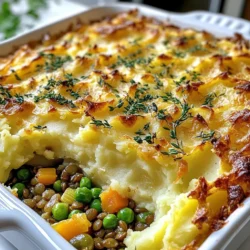 - 1 cup green or brown lentils, rinsed - 2 ½ cups vegetable broth - 1 medium onion, diced - 2 cloves garlic, minced - 2 medium carrots, diced - 1 cup frozen peas - 2 stalks celery, diced - 1 tablespoon tomato paste - 1 teaspoon dried thyme - 1 teaspoon dried rosemary - Salt and pepper to taste - 4 medium potatoes, peeled and cubed - ¼ cup plant-based milk - 2 tablespoons olive oil - 1 tablespoon nutritional yeast (optional) You can add some extra flavor with a few special ingredients. Consider using: - 1 teaspoon smoked paprika for a smoky taste. - 1 tablespoon soy sauce for umami depth. - Fresh herbs like parsley or cilantro for brightness. These additions can enhance the taste and make your dish unique. To make this Vegan Lentil Shepherd’s Pie, gather the following tools: - A large pot for cooking lentils. - A large skillet for sautéing vegetables. - A baking dish for assembling and baking the pie. - A potato masher for mashing the potatoes. - A mixing bowl for combining ingredients. Having these tools ready makes cooking easier and more fun! {{ingredient_image_1}} First, gather the lentils and vegetable broth. In a large pot, add the lentils and broth. Bring the mixture to a boil. Once boiling, lower the heat and let it simmer. Cook for 25 to 30 minutes. The lentils should be soft. If there is extra liquid, drain it out. Next, heat olive oil in a large skillet over medium heat. Add the diced onion and minced garlic. Cook for about two minutes. Then, add the diced carrots and celery. Sauté everything for about 5 to 7 minutes. The veggies should be soft and fragrant. Now it's time to mix in the filling ingredients. Stir in the cooked lentils, tomato paste, thyme, rosemary, frozen peas, salt, and pepper. Mix everything well. Let it cook for another 5 minutes. This allows the flavors to blend nicely. While the filling cooks, prepare the potato topping. Boil the cubed potatoes in a separate pot. Cook them until they are fork-tender, which takes about 15 minutes. Drain the potatoes and return them to the pot. Preheat your oven to 400°F (200°C). Spread the lentil mixture evenly in a baking dish. Then, top it with the creamy mashed potatoes. Use a spatula to smooth it out. This layer will become golden and crispy while baking. Place the pie in your preheated oven. Bake it for 25 to 30 minutes. You want the top to be slightly golden and crispy. Once done, remove it from the oven. Let it cool for a few minutes before serving. Enjoy your hearty vegan meal! To get the best flavor in your Vegan Lentil Shepherd’s Pie, use fresh herbs. Dried thyme and rosemary add depth. Cook the lentils in vegetable broth instead of water. This adds a rich taste. Sauté the garlic and onions until fragrant. This step builds a strong base for your filling. Feel free to add a splash of soy sauce or tamari for umami flavor. One common mistake is overcooking the lentils. They should be tender but not mushy. Drain excess liquid after cooking to avoid a watery filling. When sautéing the vegetables, avoid high heat. This can burn them and change the taste. Mix the lentil filling well but don’t overmix. This keeps the texture nice and varied. For the perfect mashed potato topping, choose starchy potatoes. Russets or Yukon Golds work well. Boil them until fork-tender, but don’t overcook. Mash them with plant-based milk for creaminess. If you want a cheesy flavor, add nutritional yeast. Season with salt and pepper to taste. Spread the potatoes evenly on the lentil filling for a beautiful finish. Pro Tips Use Fresh Herbs: Fresh herbs like parsley or cilantro can elevate the flavor of your shepherd's pie. Add them right before serving for a burst of freshness. Experiment with Lentils: While green or brown lentils are great, feel free to experiment with other varieties like black or red lentils for different textures and flavors. Make Ahead: This dish can be made ahead of time and stored in the fridge for up to three days. Just reheat in the oven before serving for a quick meal. Customize the Topping: You can add roasted garlic or vegan cheese to the mashed potatoes for extra flavor. Don’t be afraid to get creative! {{image_2}} You can easily make this dish gluten-free. Replace the vegetable broth with a gluten-free option. Ensure your tomato paste is also gluten-free. This way, you can enjoy the flavors without worry. Feel free to get creative! You can add more veggies like mushrooms, bell peppers, or zucchini. These add flavor and nutrients. For extra protein, consider chickpeas or black beans. They blend well with lentils and enhance the dish. If you want to switch up the potato topping, try sweet potatoes. They bring a unique sweetness. You can also use cauliflower for a lighter option. Just steam and mash it like the potatoes. These toppings give a fresh twist to your meal. After enjoying your Vegan Lentil Shepherd's Pie, you might have some leftovers. To keep them fresh, let the pie cool first. Cover it tightly with plastic wrap or foil. You can also use an airtight container. Store it in the fridge. Proper storage helps maintain flavor and texture. When you're ready to eat the leftovers, reheating is easy. Preheat your oven to 350°F (175°C). Place the pie in an oven-safe dish. Cover it with foil to keep it moist. Heat for about 20-25 minutes. You can also reheat in the microwave. Heat in 1-minute intervals until warm. Just make sure it’s hot throughout. If you want to save some pie for later, freezing works great. Cut the pie into portions. Wrap each piece in plastic wrap, then place them in a freezer bag. Remove as much air as possible. Label the bag with the date. You can freeze it for up to three months. To cook, thaw in the fridge overnight. Reheat as mentioned before. Enjoy your hearty meal anytime! Yes, you can make this Vegan Lentil Shepherd’s Pie ahead of time. Prepare the filling and the mashed potatoes. Store them separately in the fridge. When you are ready to bake, assemble the pie and pop it in the oven. This way, you save time and enjoy a warm meal. If you need a lentil substitute, try cooked chickpeas or black beans. Both choices add protein and flavor. You can also use quinoa for a lighter texture. Adjust the cooking time for these options, as they may cook differently. Absolutely! This Vegan Lentil Shepherd’s Pie freezes well. Once baked, let it cool completely. Cover it tightly with foil or plastic wrap. You can also store it in an airtight container. It will stay fresh for about three months in the freezer. Leftovers from this dish last about four to five days in the fridge. Store them in an airtight container. Reheat portions in the microwave or oven until heated through. Enjoy your comforting meal again! Vegan Lentil Shepherd’s Pie offers a hearty meal with rich flavors. We covered the key ingredients and step-by-step directions for easy prep. Don't forget the tips for great taste and avoiding common mistakes. Variations let you customize to your liking. Lastly, proper storage helps keep your leftovers fresh. Enjoy your cooking journey and savor each bite of this plant-based delight!