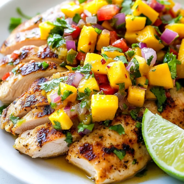 To make Mango Salsa Chicken, gather these ingredients: - 2 boneless, skinless chicken breasts - 1 ripe mango, diced - 1 red bell pepper, diced - 1 small red onion, finely chopped - 1 jalapeño, minced (optional for heat) - 1/4 cup fresh cilantro, chopped - 2 tablespoons lime juice - 1 tablespoon olive oil - 1 teaspoon garlic powder - Salt and pepper to taste - Lime wedges for garnish You can swap ingredients based on what you have. For the chicken, you can use thighs instead of breasts. If mango is not in season, use pineapple or peach for a sweet twist. For the jalapeño, you can skip it if you want a milder salsa. You may also replace cilantro with parsley if you dislike its flavor. Using fresh ingredients makes a big difference. Fresh mango offers a sweet and juicy flavor that canned mango lacks. The same goes for the red bell pepper and onion. Fresh veggies add crunch and bright colors. Canned ingredients may work in a pinch, but they often lack the same taste and texture. Always aim for fresh when you can! {{ingredient_image_1}} First, take the chicken breasts out of the package. Pat them dry with paper towels. This helps the seasoning stick well. Season both sides with garlic powder, salt, and pepper. Use your hands to rub the spices in. This step adds great flavor to the chicken. Next, heat olive oil in a skillet over medium heat. Once hot, add the seasoned chicken breasts. Cook for about 5 to 7 minutes on each side. You want them to turn a nice golden brown. Use a meat thermometer to check the temperature. It should reach 165°F (75°C). This means your chicken is safe to eat. After cooking, let the chicken rest for a few minutes. This keeps it juicy. To make the salsa, grab a medium bowl. Dice the ripe mango, red bell pepper, and red onion. If you like heat, mince the jalapeño. Add these ingredients to the bowl. Then, chop the fresh cilantro and add it too. Drizzle lime juice over the mix. Gently stir everything together. Make sure the flavors blend well. The salsa adds a fresh, bright taste to your chicken. To get juicy chicken, use a skillet. Heat it on medium. Add olive oil to the pan. Season both sides of the chicken breasts with garlic powder, salt, and pepper. Place the chicken in the hot skillet. Cook it for 5-7 minutes on each side. The chicken should be golden brown and reach 165°F. Let it rest for a few minutes after cooking. This helps keep the juices inside. Fresh ingredients make the salsa shine. Use a ripe mango for sweetness. Dice it into small pieces for easy mixing. Add a crispy red bell pepper for crunch. A finely chopped red onion brings a nice bite. If you like heat, include jalapeño. Use fresh cilantro for a bright taste. Drizzle lime juice to tie all the flavors together. Mix gently to avoid smashing the fruit. This keeps the salsa colorful and fresh. One common mistake is overcooking the chicken. This makes it dry, so keep an eye on the time. Another mistake is using stale ingredients. Always choose fresh mango and vegetables. They bring the best taste. Do not skip resting the chicken. This step keeps it juicy. Lastly, avoid adding too much lime juice. A little goes a long way in the salsa. Pro Tips Marinate for Flavor: If you have time, marinating the chicken in lime juice and garlic powder for at least 30 minutes will enhance the flavor. Choose a Ripe Mango: Select a mango that is slightly soft to the touch for the best sweetness and flavor in your salsa. Customize the Heat: Adjust the jalapeño quantity or substitute with a milder pepper based on your heat preference. Rest the Chicken: Let the cooked chicken rest for a few minutes before slicing to retain its juices for a more succulent bite. {{image_2}} You can enhance your mango salsa by adding different fruits. Pineapple adds a sweet touch. Diced kiwi gives a nice tang. Fresh peaches bring a summer vibe to the dish. You can mix and match fruits based on what's in season. This keeps the salsa fresh and exciting. If you like heat, add more jalapeño. For a milder taste, skip the jalapeño. You can also use a pinch of cayenne pepper for warmth. Another option is to add a dash of hot sauce. Adjust the spice to suit your taste buds. It’s all about finding that perfect balance. Mango salsa chicken pairs well with many sides. Serve it with fluffy rice or quinoa for a filling meal. A fresh green salad complements the dish nicely. You can also enjoy it with tortilla chips for crunch. Don’t forget to add lime wedges for extra zing! To keep your Mango Salsa Chicken fresh, store it in an airtight container. Make sure to let the chicken cool down before sealing it. You can keep it in the fridge for up to three days. If you want to enjoy it later, consider freezing it. You can freeze both the chicken and the salsa. For the chicken, wrap it tightly in plastic wrap or foil. Then, place it in a freezer bag. This helps prevent freezer burn. The salsa can also freeze well. Place it in a separate airtight container. Both can stay in the freezer for up to three months. When you're ready to eat your leftovers, thaw the chicken and salsa in the fridge overnight. For reheating, use the oven or a skillet for the chicken. Heat the chicken at 350°F (175°C) for about 15 minutes. If using a skillet, heat over medium until warm. For the salsa, you can serve it cold or warm. Just give it a quick stir, and it’s ready. Enjoy your tasty meal again! Yes, you can use frozen chicken. Just make sure to thaw it first. You can do this in the fridge overnight or in cold water for a quick thaw. Once thawed, season the chicken as directed. Cook it just like fresh chicken until it reaches 165°F (75°C). If you can't find ripe mango, you can use other fruits. Pineapple or peach work well as substitutes. They add sweetness and a nice texture. You can also try using diced avocado for creaminess. Just keep the other salsa ingredients the same for balance. Leftover Mango Salsa Chicken can last in the fridge for about three days. Be sure to store it in an airtight container. If you want to keep it longer, you can freeze it. Just make sure to separate the chicken from the salsa for best results. This blog post covered everything you need for making delicious Mango Salsa Chicken. We discussed the essential ingredients, cooking steps, and key tips to perfect your dish. Fresh ingredients can elevate flavors, and I shared common mistakes to avoid. Variations can make your salsa unique, and I offered storage and reheating tips to keep your meal tasty. Remember, cooking is about enjoying the process. Try different fruits and spices to create your own twist. Happy cooking!