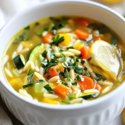 For a delicious bowl of Vegetable Orzo Soup, gather these key ingredients: - 1 cup orzo pasta - 2 tablespoons olive oil - 1 medium onion, diced - 3 cloves garlic, minced - 2 medium carrots, diced - 2 stalks celery, diced - 1 bell pepper (red or yellow), chopped - 1 zucchini, diced - 1 cup green beans, trimmed and cut into 1-inch pieces - 1 can (14 oz) diced tomatoes, with juices - 6 cups vegetable broth - 1 teaspoon dried oregano - 1 teaspoon dried thyme - Salt and pepper to taste - Fresh parsley, chopped (for garnish) - Lemon wedges (for serving) Feel free to get creative with your soup! Here are some optional ingredients you can add: - Spinach or kale for more greens - Corn for sweetness - Peas for extra texture - A splash of balsamic vinegar for tang - Fresh basil or dill for added aroma You will need a few simple tools to make this soup: - A large pot or Dutch oven - A cutting board and knife - A wooden spoon or spatula for stirring - Measuring cups and spoons - A ladle for serving {{ingredient_image_1}} Start by heating the olive oil in a large pot over medium heat. Once the oil is hot, add the diced onion. Sauté the onion for about 5 minutes until it turns translucent. Next, stir in the minced garlic, diced carrots, and celery. Cook these for another 3 to 4 minutes until they soften a bit. Now, add the chopped bell pepper, zucchini, and green beans to the pot. Cook for an additional 5 minutes, stirring now and then. Pour in the diced tomatoes with their juices and the vegetable broth. Stir everything together well. Sprinkle in the oregano, thyme, salt, and pepper. Bring the mixture to a boil. Sautéing is key for flavor. Start with a hot pan to prevent sticking. Cut your veggies into similar sizes for even cooking. Stir often to avoid burning. If the veggies start to stick, add a splash of broth or water. This helps them cook nicely while adding flavor. Remember, a little browning adds depth to your soup. Once your soup mixture is boiling, reduce the heat. Stir in the orzo pasta and let it simmer for about 8 to 10 minutes. Check the orzo for doneness; it should be al dente, which means it’s firm but not hard. Stir occasionally to keep it from clumping together. Taste the soup and add more salt or pepper if you like. When it’s ready, serve hot, garnished with fresh parsley and a lemon wedge. This adds a bright flavor to each bowl. To boost the flavor of your vegetable orzo soup, use fresh herbs. Basil and dill add a nice touch. You can also add a splash of lemon juice for brightness. This brings out the soup's natural taste. If you like spice, try red pepper flakes. They give a nice kick. For a richer flavor, sauté vegetables longer until they caramelize. This adds depth to the soup. One common mistake is overcooking the orzo. It should remain al dente. If you cook it too long, it gets mushy. Another mistake is not seasoning enough. Tasting as you go is key. Adjust the salt and pepper to suit your taste. Also, avoid adding too many veggies at once. This can lead to uneven cooking. Give each vegetable time to soften. For garnish, fresh parsley adds color and freshness. Just chop it finely and sprinkle it on top. You can also use grated Parmesan for a cheesy touch. A squeeze of lemon juice brightens the flavor. Serve lemon wedges on the side for guests to use. These simple garnishes make a big difference in taste and presentation. Pro Tips Use Fresh Ingredients: Fresh vegetables not only enhance the flavor but also provide more nutrients. Try to pick seasonal produce for the best results. Cook Orzo Separately: For a less starchy soup, consider cooking the orzo separately and adding it to each bowl before serving. This will keep the pasta from becoming mushy. Adjust Seasoning: Always taste your soup before serving and adjust the seasoning as needed. Sometimes just a pinch more salt or a squeeze of lemon can elevate the flavors. Storage Tips: This soup can be stored in the refrigerator for up to 3 days. However, the orzo will continue to absorb liquid, so it's best to store it separately if you plan to keep leftovers. {{image_2}} You can easily boost the protein in your Vegetable Orzo Soup. Adding cooked chicken or turkey gives a hearty twist. For a plant-based option, try canned chickpeas or cooked lentils. These not only add protein but also make the soup more filling. If you prefer seafood, shrimp adds a nice touch. Just add shrimp during the last few minutes of cooking. This way, they cook perfectly without getting tough. Feel free to mix and match vegetables for your soup. You can use any seasonal veggies you love. Spinach or kale adds great color and nutrition. Sweet potatoes or corn can bring a touch of sweetness. Even frozen mixed vegetables work well for quick prep. Remember, the goal is to keep the soup colorful and fun. Each veggie adds its own flavor and texture, making every bowl unique. If you want a vegan version, skip any meat and use vegetable broth. You can also use gluten-free orzo made from rice or quinoa. This allows everyone to enjoy the soup without worry. Always check labels to ensure your ingredients meet dietary needs. Adding nutritional yeast can give a cheesy flavor without dairy. Enjoy creating your own version of this delightful soup! To keep your Vegetable Orzo Soup fresh, let it cool first. Then, transfer it to an airtight container. Store it in the fridge for up to three days. Make sure to label the container with the date. This way, you will know how long it’s been stored. You can freeze this soup for later! Use a freezer-safe container or a zip-top bag. Make sure to leave some space at the top, as the soup will expand when frozen. It can last up to three months in the freezer. When you're ready to enjoy it, simply thaw it in the fridge overnight. To reheat, pour the soup into a pot. Heat it on medium until it’s warm. Stir often to prevent it from sticking. If the soup is too thick, add a splash of broth or water. You can also use a microwave. Heat it in short bursts, stirring in between. Enjoy your warm soup! Yes, you can use other types of pasta. Smaller shapes like ditalini or shells work well. Just adjust the cooking time as needed. For whole wheat or gluten-free options, follow package directions. The soup will still taste great! This soup stays fresh for about 3 to 4 days in the fridge. Store it in a sealed container. The flavors will blend more as it sits. Just reheat it on the stove or in the microwave before serving. Absolutely! To make this soup in a slow cooker, sauté the veggies first. Then, add everything to the slow cooker. Cook on low for 6 to 8 hours. Add the orzo in the last 30 minutes for the best texture. Enjoy a warm bowl whenever you want! In this blog post, I shared a complete guide to making Vegetable Orzo Soup. I covered essential ingredients, step-by-step cooking instructions, and tips to enhance flavor. You learned how to customize your soup with different proteins and vegetables. I also provided storage tips to keep leftovers fresh. Cooking can be fun and rewarding. Try out the variations and enjoy the process. Your perfect Vegetable Orzo Soup is just a few steps away. Enjoy your cooking adventure and share it with friends!