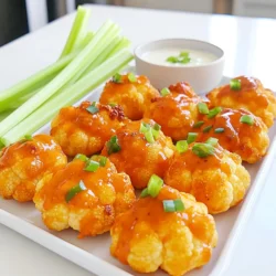 To make Buffalo Cauliflower Bites, gather these key ingredients: - 1 medium cauliflower, cut into bite-sized florets - 3/4 cup all-purpose flour - 1/2 cup water - 1 teaspoon garlic powder - 1 teaspoon onion powder - 1/2 teaspoon smoked paprika - 1/2 teaspoon salt - 1/4 teaspoon black pepper - 1 cup buffalo sauce (store-bought or homemade) - 2 tablespoons unsalted butter, melted - Fresh celery sticks and ranch dressing for serving These ingredients come together to create a crispy and flavorful snack. The flour and water mix forms a batter that coats the cauliflower. The spices add depth to the flavor, while the buffalo sauce gives it that classic kick. If you find yourself missing an ingredient, here are some easy swaps: - Cauliflower: Use broccoli for a different taste. - All-purpose flour: Try almond flour or chickpea flour for a gluten-free option. - Buffalo sauce: Use sriracha or hot sauce for a different heat level. - Unsalted butter: Substitute with olive oil or vegan butter for dairy-free bites. These alternatives still keep your bites tasty and enjoyable. Don’t hesitate to mix and match! When picking cauliflower, look for these signs of freshness: - Color: Choose white florets with no brown spots. - Leaves: Fresh leaves should be green and crisp. - Feel: The head should feel firm and heavy for its size. Avoid any heads that feel soft or have dark patches. Fresh cauliflower leads to the best Buffalo Cauliflower Bites! Start by washing the cauliflower well. Remove the leaves and stem. Cut it into bite-sized florets. Make sure each piece is similar in size. This helps them cook evenly. In a large bowl, mix 3/4 cup of flour and 1/2 cup of water. Add 1 teaspoon of garlic powder, 1 teaspoon of onion powder, 1/2 teaspoon of smoked paprika, 1/2 teaspoon of salt, and 1/4 teaspoon of black pepper. Whisk until the batter is smooth. You want it to coat the cauliflower well. Preheat your oven to 450°F (232°C). Line a baking sheet with parchment paper. Dip each cauliflower floret into the batter. Make sure it’s coated all around. Place them on the baking sheet in a single layer. Bake for 20 minutes. Look for a lightly golden color and crisp texture. While the cauliflower bakes, mix 1 cup of buffalo sauce with 2 tablespoons of melted butter in a bowl. Once the cauliflower is done, take it out of the oven. Toss the florets in the buffalo sauce mixture. Make sure they are well coated. Return them to the baking sheet and bake for another 10 to 15 minutes. This step adds extra crispiness. After baking, let them cool before serving. To get your cauliflower bites super crispy, follow these steps: - Use a good amount of flour in the batter. This helps form a crust. - Make sure the cauliflower is coated evenly. This helps with crispness. - Bake on parchment paper. This prevents sticking and promotes browning. - Avoid crowding the baking sheet. Give each floret space to crisp up. Want to add more flavor? Try these ideas: - Mix in cayenne pepper for extra heat. Just a pinch will do! - Add some chipotle powder for a smoky kick. - Experiment with different spices like cumin or Italian herbs. - For a tangy twist, squeeze fresh lime juice over the bites before serving. Serve your buffalo cauliflower bites with these sides: - Fresh celery sticks add a nice crunch. - Pair with ranch dressing for cooling contrast. - Add a side salad to balance flavors and textures. - Serve with quinoa or rice for a heartier meal. {{image_2}} You can easily make Buffalo Cauliflower Bites vegan. Instead of butter, use a plant-based alternative like coconut oil or vegan margarine. Choose a dairy-free buffalo sauce for a perfect match. Many brands offer this option. You can also make your own sauce using hot sauce and a splash of vinegar. This way, you can enjoy the heat without any dairy. Want to switch things up? Try different flavors! For an Asian twist, use soy sauce and ginger instead of buffalo sauce. Toss the cauliflower bites in a mix of sesame oil and Sriracha after baking. For a BBQ flavor, coat the bites in your favorite barbecue sauce. This will give them a sweet and smoky taste. Feel free to experiment with spices like cumin, curry, or even lemon zest for a fresh kick. If you need a gluten-free option, swap out the all-purpose flour. Use almond flour or a gluten-free flour blend instead. These options will still give you that crispy texture. Always check labels to ensure there are no hidden gluten ingredients in your sauces. Enjoy your Buffalo Cauliflower Bites without worry! To keep your buffalo cauliflower bites fresh, place them in an airtight container. Make sure they cool down first. Store them in the fridge for up to three days. This way, they remain tasty for your next snack. When you want to enjoy your leftovers, use the oven for reheating. Preheat it to 350°F (175°C). Spread the cauliflower bites on a baking sheet. Heat them for about 10-15 minutes. This method helps keep them crispy. You can also use an air fryer. Set it to 350°F (175°C) and cook for about 5-7 minutes. If you want to store them longer, freezing is a great option. First, let the bites cool completely. Then, place them in a single layer on a baking sheet and freeze for 1-2 hours. After that, transfer them to a freezer-safe bag or container. They can last for about 2 months. When you're ready to eat, thaw them in the fridge overnight before reheating. Yes, you can make Buffalo Cauliflower Bites in the air fryer! Preheat the air fryer to 375°F (190°C). Prepare the cauliflower as usual by dipping it in the batter. Place the coated florets in the air fryer basket in a single layer. Cook for about 12-15 minutes, shaking halfway through. This method gives you a nice crispy texture without much oil. To make the cauliflower bites spicier, add more buffalo sauce. You can mix in some cayenne pepper or hot sauce into the batter. For an extra kick, try adding diced jalapeños to the batter. Adjust the heat to your taste, and feel free to experiment! Buffalo Cauliflower Bites go well with a few tasty dipping sauces. Ranch dressing is a classic choice. You can also try blue cheese dressing for a stronger flavor. For a fresh twist, serve them with a yogurt-based sauce or a spicy aioli. Each dip adds a new layer of flavor to your bites! In this post, we explored how to make Buffalo Cauliflower Bites. I discussed the essential ingredients, tips for prepping, and how to bake them for that perfect crisp. You learned about variations, like vegan and gluten-free options, and how to store and reheat leftovers. Buffalo Cauliflower Bites offer a tasty, healthy snack. With these tips, you can create your own delicious bites at home. Enjoy experimenting with flavors and serving ideas!