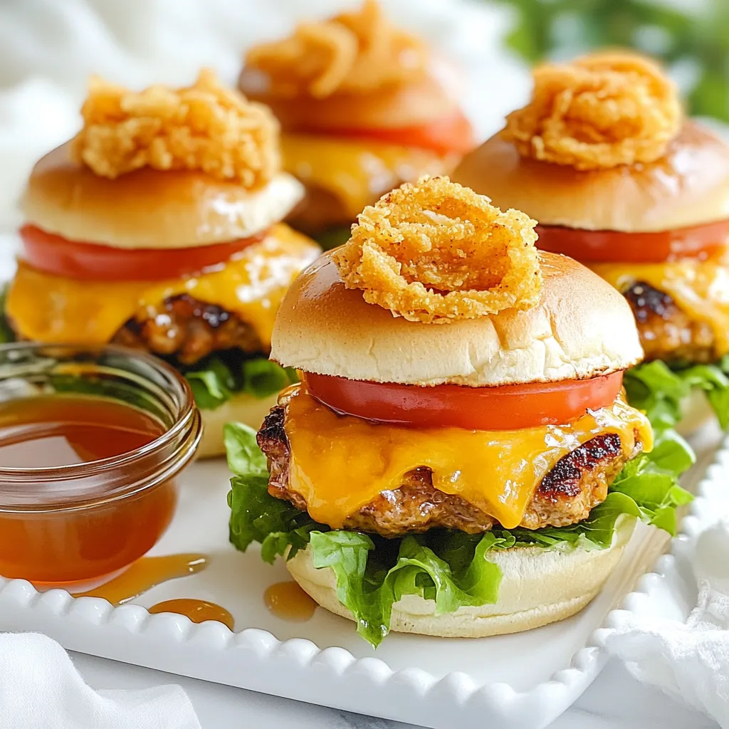 To make these tasty sliders, you need: - 1 lb ground chicken - 1/4 cup pure maple syrup - 1 small onion, finely chopped - 1 garlic clove, minced - 1 tablespoon Dijon mustard - 1 teaspoon smoked paprika - 1/2 teaspoon salt - 1/4 teaspoon black pepper - 1 cup shredded sharp cheddar cheese - 8 slider buns - 1/4 cup mayonnaise - Lettuce leaves, for serving - Sliced tomatoes, for serving - Optional: crispy fried onions for garnish These ingredients blend well. The maple syrup adds sweetness. The smoked paprika brings a nice smoky taste. You can add a few fun garnishes and sides: - Crispy fried onions for crunch - Fresh herbs like parsley or cilantro - Extra maple syrup for drizzling - Sweet potato fries or chips These options will make your sliders even better. They add color and flavor to your meal. If you need swaps, here are some ideas: - Ground turkey can replace ground chicken. - Honey can work instead of maple syrup. - Yellow mustard is a good swap for Dijon. - Cheddar cheese can be swapped for Swiss or pepper jack. These substitutes keep the flavor but may change the taste a bit. Choose what fits your pantry best. {{ingredient_image_1}} To start, grab a large bowl. Add 1 pound of ground chicken. Next, pour in 1/4 cup of pure maple syrup. Then, add 1 small onion, finely chopped. Don’t forget 1 minced garlic clove. Also, include 1 tablespoon of Dijon mustard. Add 1 teaspoon of smoked paprika, 1/2 teaspoon of salt, and 1/4 teaspoon of black pepper. Mix all the ingredients well. You want a nice, even blend. Now, form the chicken mixture into small patties. Aim for about 8 patties, roughly the same size as the slider buns. Preheat your grill or grill pan to medium heat. Cook the chicken patties for about 5 to 6 minutes on each side. They should be fully cooked at an internal temperature of 165°F (75°C). In the last minute, place a slice of sharp cheddar cheese on each patty. Let it melt a bit. While the chicken cooks, toast the slider buns lightly on the grill. To assemble, spread a thin layer of mayonnaise on the bottom half of each bun. Place a lettuce leaf on top. Next, add the chicken patty with the melted cheese. Top it off with a slice of tomato. If you like, add some crispy fried onions for crunch. Cap each slider with the top half of the bun. Enjoy your delicious creation! To get the best texture for your chicken patties, mix your ingredients well. Use your hands to combine the ground chicken, maple syrup, onion, garlic, and spices. Make sure not to overmix, as that can make the patties tough. Form the patties to be about the same size as your slider buns. This way, each bite is balanced and tasty. When assembling your sliders, start with a thin layer of mayonnaise on the bottom bun. This adds creaminess and keeps the buns from getting soggy. Place a fresh lettuce leaf first. This helps keep the chicken patty elevated. After adding the chicken and cheese, top it with a slice of tomato. For extra crunch, add crispy fried onions. Arrange your sliders on a large platter. Garnish with herbs like parsley to make them look even better. For drinks, try a light lemonade or iced tea. These pair well with the sweet and savory flavors of the sliders. If you want something stronger, a light beer can also work nicely. For side dishes, consider serving crispy sweet potato fries or a fresh salad. These options complement the sliders and add a nice crunch. Pro Tips Choose Quality Chicken: Opt for high-quality ground chicken to ensure your sliders are flavorful and juicy. Customize Your Toppings: Feel free to add your favorite toppings like avocado or pickles for a personalized touch. Monitor Cooking Temperature: Use a meat thermometer to check that the patties reach an internal temperature of 165°F (75°C) for safety. Experiment with Cheese: Try different types of cheese like pepper jack or gouda for a unique flavor twist. {{image_2}} You can change up the flavor of your sliders easily. For a BBQ twist, mix in 1/4 cup of your favorite BBQ sauce with the ground chicken. This gives a smoky, sweet kick. If you want them spicy, add some diced jalapeños or a dash of hot sauce to the mixture. You can also use spicy mustard instead of Dijon for more heat. You can make these sliders meat-free too! Use chickpeas or black beans as the base. Mash them up and mix with the same spices and maple syrup. For a heartier option, consider using ground meat substitutes like lentils or a store-bought veggie burger. Just be sure to adjust the cooking time based on what you choose. Toppings can elevate your sliders. Instead of just lettuce and tomato, try avocado slices or pickled red onions. For sauces, consider a tangy mustard aioli or a sweet chili sauce. You can even drizzle more maple syrup on top for a sweet touch. Experiment with crispy fried onions for crunch, or add some coleslaw for extra texture. To store leftover sliders, first let them cool down. Place them in an airtight container. You can keep them in the fridge for up to three days. Make sure to separate the patties from the buns. This keeps the buns from getting soggy. You can also wrap them in plastic wrap for extra protection. When you are ready to eat, reheating is key. The oven works best for this. Preheat your oven to 350°F (175°C). Place the sliders on a baking sheet. Heat them for about 10-15 minutes. This keeps them warm and crispy. You can also use a microwave if you are short on time. Heat them for about 30 seconds, but the buns may get soft. Freezing is a great option if you want to save some for later. For patties, place them on a baking sheet and freeze for about an hour. Once firm, transfer them to a zip-top bag. You can freeze them for up to three months. For prepared sliders, wrap each one tightly in foil. Store them in a freezer-safe container. They can last up to two months. Remember to label your bags with dates! The best way to cook ground chicken is by grilling or pan-frying. Start by preheating your grill or pan over medium heat. Form the chicken into patties and cook for about 5-6 minutes on each side. Make sure the patties reach an internal temperature of 165°F (75°C). This keeps the meat juicy and flavorful. Yes, you can make these sliders ahead of time. Prepare the chicken mixture and form the patties. Store the patties in the fridge for up to 24 hours. You can also freeze them for longer storage. Just make sure to thaw them in the fridge before cooking. You might find Maple Chicken Sliders at casual dining spots or food trucks. Many places offer sliders as a fun appetizer. Check menus for unique twists on this dish, as chefs love to get creative with flavors. In this article, we explored how to create delicious Maple Chicken Sliders from start to finish. You learned about the main ingredients, cooking steps, and assembly tips. We discussed variations to suit different tastes, along with storage and reheating methods. Making these sliders is fun and easy. Adjust the recipe to fit your style! Enjoy your sliders with friends or family for a tasty treat. You now have everything you need to impress everyone at your next meal.