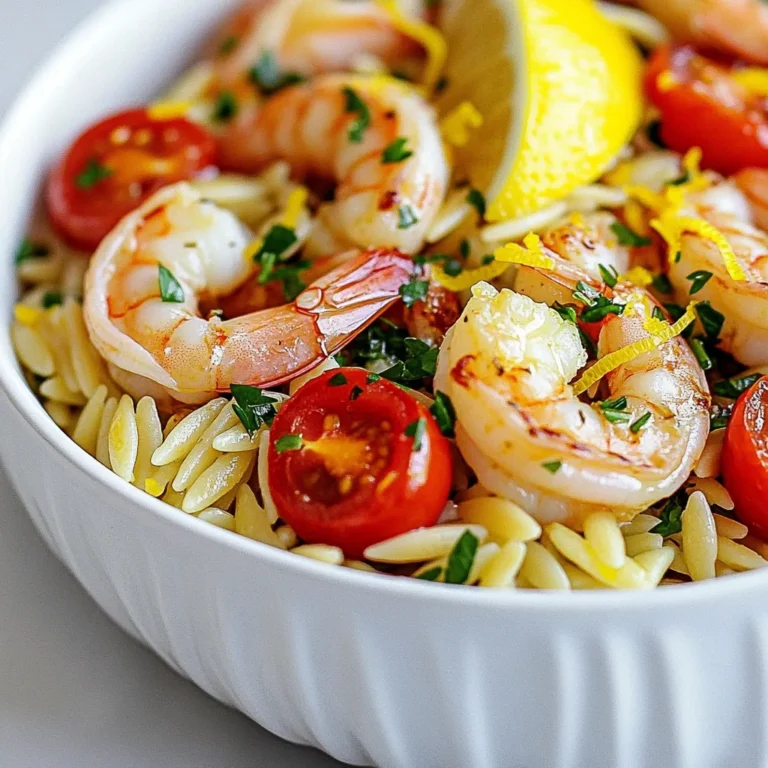 To make Lemon Garlic Shrimp Orzo, gather these simple ingredients: - 1 pound large shrimp, peeled and deveined - 1 cup orzo pasta - 3 tablespoons olive oil - 4 cloves garlic, minced - 1 medium lemon, zested and juiced - 1 cup vegetable broth - 1 cup cherry tomatoes, halved - 1/4 cup fresh parsley, chopped - Salt and pepper to taste - Red pepper flakes (optional, for heat) Fresh ingredients make this dish shine. Start with shrimp. Look for large, firm shrimp. Peel and devein them for the best texture. Next, mince the garlic finely. This step is key for a strong flavor. Zest the lemon before juicing it. The zest adds a bright, fresh taste. Halve the cherry tomatoes so they mix well in the dish. Finally, chop the parsley. This adds a nice green touch at the end. You can swap some ingredients if needed. For the shrimp, you can use scallops or chicken. If you don't have orzo, try using rice or quinoa. This works well and keeps the dish hearty. Olive oil can be replaced with butter for a richer flavor. For broth, chicken or seafood broth works too. If you want a twist, add spinach or bell peppers. They can boost the dish's nutrition and flavor. {{ingredient_image_1}} To make this Lemon Garlic Shrimp Orzo, start by heating 2 tablespoons of olive oil in a large skillet over medium heat. Once hot, add 4 cloves of minced garlic. Sauté for about 1-2 minutes until it smells great, but be careful not to burn it. Next, add 1 pound of peeled and deveined shrimp to the skillet. Season the shrimp with salt, pepper, and red pepper flakes if you like it spicy. Cook the shrimp for about 3-4 minutes, turning them until they are pink and opaque. When done, remove them from the skillet and set them aside. In the same skillet, add the last tablespoon of olive oil and 1 cup of orzo. Stir the orzo for about 1 minute to toast it a little. Then, pour in 1 cup of vegetable broth and bring it to a boil. Once boiling, lower the heat, cover the skillet, and let it simmer for about 10-12 minutes. Check the orzo; it should be tender and most of the liquid should be absorbed. Once cooked, stir in 1 cup of halved cherry tomatoes, the zest of 1 lemon, and the juice of that same lemon. Return the shrimp to the skillet and gently toss everything together. Remove from heat and sprinkle with 1/4 cup of chopped fresh parsley before serving. Adjust seasonings to taste. To ensure your shrimp turn out just right, avoid overcooking. Cook them until they change color and become opaque. This usually takes around 3-4 minutes. If they are rubbery, they were cooked too long. Use fresh shrimp when possible for the best flavor. If you want to add heat, try red pepper flakes, but adjust according to your taste. To cook orzo correctly, you should watch the water level closely. After adding the broth, bring it to a boil. Once it simmers, cover the skillet. Let it cook without lifting the lid too often, as this releases steam. Check the orzo after 10 minutes. It should be soft but still have a slight bite, also known as al dente. If it's not ready, let it cook for another minute or two while checking frequently. One big mistake is overcooking the shrimp. Cook them just until they turn pink. If you cook them too long, they become rubbery. Another error is not seasoning enough. Salt and pepper boost the flavors. Don’t skip the red pepper flakes if you want some heat! Lastly, make sure to stir the orzo. This keeps it from sticking to the bottom of the pan. To really boost the flavor, use fresh garlic. Fresh lemon juice adds brightness and zest. You can also add a splash of white wine while cooking. This gives the dish a nice depth. For texture, try adding fresh spinach or kale. These greens wilt nicely into the orzo. They add color, nutrients, and a hint of earthiness. A large skillet is best for this recipe. It allows even cooking and easy stirring. A wooden spoon works well for mixing. Use a microplane for zesting the lemon. This creates fine zest that blends perfectly. A good set of measuring cups ensures you get the right amounts. Lastly, have a sharp knife handy for chopping garlic and parsley. Pro Tips Fresh Shrimp: Always use fresh shrimp for the best flavor. If using frozen, ensure they are fully thawed before cooking. Perfectly Cooked Orzo: Keep an eye on the orzo while it cooks. Stir occasionally to prevent sticking and test for doneness to avoid mushiness. Enhance Flavor: Add a splash of white wine after sautéing the garlic for an extra layer of flavor that complements the shrimp and lemon. Garnish Wisely: For a pop of color and freshness, consider adding additional chopped herbs like basil or dill along with the parsley when serving. {{image_2}} If you have dietary needs, you can adjust this recipe easily. For a gluten-free version, swap orzo with gluten-free pasta. You can use quinoa or rice for a different texture. If you're vegan, use chickpeas instead of shrimp. Substitute vegetable broth with a plant-based broth. This keeps the flavor while meeting your needs. This dish shines with lemon and garlic, but you can add more flavors. Try adding spinach for a pop of green. You can also mix in capers or olives for a briny taste. For a sweeter note, roasted red peppers work great. If you like a kick, add more red pepper flakes. The goal is to make the dish yours! Serving style can change the whole feel of the dish. Serve it warm in a bowl for a cozy meal. If you want a more formal touch, plate it on a large dish garnished with parsley. For a picnic, pack it in a container with a lid. No matter how you serve it, this meal is sure to impress! After cooking, let the Lemon Garlic Shrimp Orzo cool down to room temperature. Then, transfer it to an airtight container. This helps keep the dish fresh and tasty. Store it in the fridge for up to three days. Remember to label the container with the date so you know when you made it. If you see any mold or it smells off, it's best to toss it. To reheat the orzo, use a skillet or microwave. If using a skillet, add a splash of water or broth. Heat on low, stirring often. This keeps the orzo moist. In the microwave, place the leftovers in a bowl. Cover it with a lid or wrap to retain steam. Heat for one to two minutes, checking often. Make sure it’s hot all the way through before eating. If you want to save some for later, you can freeze the dish. Portion it into freezer-safe bags or containers. Remove as much air as possible before sealing. Label with the date. You can freeze it for up to three months. To thaw, place it in the fridge overnight. Then, reheat as mentioned above. Enjoy your flavorful meal even after a while! If you don’t have orzo, use other small pasta. Good choices are ditalini or couscous. You can also use rice or quinoa for a gluten-free option. Each will change the dish slightly. Adjust the cooking time based on the pasta or grain you choose. Yes, you can use frozen shrimp. Just make sure to thaw them first. Place them in cold water for about 15 minutes. Pat them dry before cooking. This helps them cook evenly. To change the spice level, adjust the red pepper flakes. Add a little for mild heat. For more spice, add more flakes. If you want no heat, skip the flakes altogether. You can also add a dash of hot sauce for extra flavor. Lemon Garlic Shrimp Orzo pairs well with a fresh salad. A simple green salad with lemon dressing is great. You can also serve it with garlic bread or steamed veggies. These sides complement the dish well and add color. You learned about the key ingredients for Lemon Garlic Shrimp Orzo. We discussed the best ways to prepare fresh ingredients and alternatives you can use. The step-by-step guide shared how to cook shrimp and orzo perfectly and avoid common mistakes. Finally, we covered tips for storage and serving options. Remember, cooking is about creativity and fun. Don’t hesitate to try new flavors or variations. Enjoy making this dish your own!