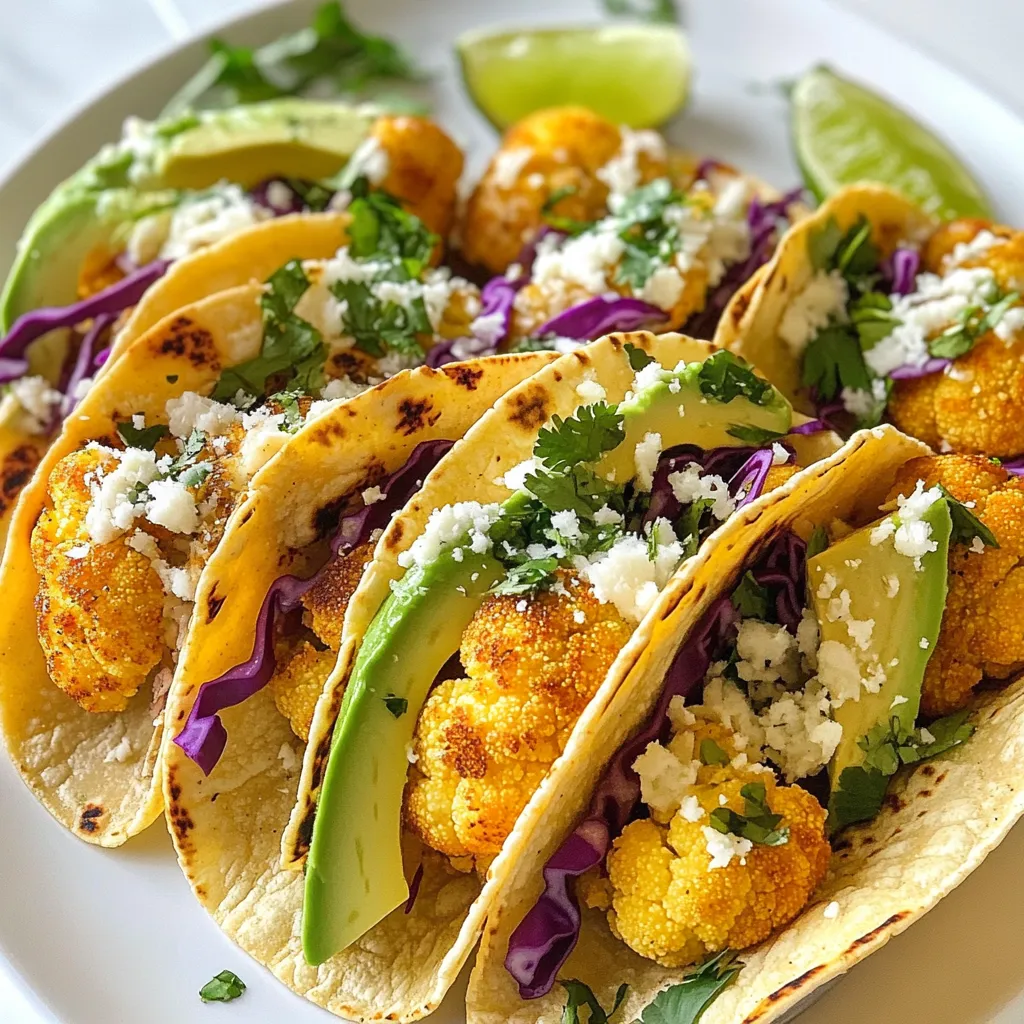 To make garlic Parmesan roasted cauliflower tacos, gather these key items: - 1 medium head of cauliflower, cut into florets - 3 tablespoons olive oil - 4 cloves garlic, minced - 1 teaspoon garlic powder - ½ cup grated Parmesan cheese - 1 teaspoon smoked paprika - Salt and pepper to taste - 8 small corn or flour tortillas - 1 cup shredded red cabbage - 1 avocado, sliced - Fresh cilantro leaves for garnish - Lime wedges for serving These ingredients blend well for a tasty and satisfying meal. The cauliflower brings texture, and the garlic adds a nice kick. You can add some optional ingredients to enhance the taste: - Diced tomatoes for freshness - Jalapeños for heat - Sour cream or Greek yogurt for creaminess - Hot sauce for an extra zing These extras let you customize your tacos. Mix and match to find your perfect flavor. If you need substitutions, here are some ideas: - Swap cauliflower with broccoli or Brussels sprouts - Use nutritional yeast instead of Parmesan for a vegan option - Replace olive oil with avocado oil if desired These swaps cater to different diets while keeping the dish flavorful. Always consider what works best for you and your guests. {{ingredient_image_1}} Start by preheating your oven to 425°F (220°C). This step gets your oven ready for roasting. Next, take a medium head of cauliflower and cut it into small florets. These smaller pieces roast better and cook evenly. In a large bowl, add the cauliflower florets. Pour in three tablespoons of olive oil, then add four minced garlic cloves, one teaspoon of garlic powder, and one teaspoon of smoked paprika. Sprinkle with salt and pepper to taste. Toss everything together until the florets are well-coated in the mixture. Spread the cauliflower evenly on a baking sheet lined with parchment paper. This lining helps with easy cleanup. Place the baking sheet in your preheated oven and roast for 20-25 minutes. Make sure to stir the cauliflower halfway through. This step ensures even cooking and browning. When the florets are golden and tender, take them out of the oven. Sprinkle a half-cup of grated Parmesan cheese evenly on top of the cauliflower. Return the baking sheet to the oven for an additional five minutes. This helps the cheese melt and become slightly crispy. While the cauliflower finishes roasting, warm eight small corn or flour tortillas in a skillet over medium heat. Heat them for 20-30 seconds on each side until they are soft and pliable. Once the cauliflower is ready, it's time to build your tacos. Place a generous scoop of the garlic Parmesan roasted cauliflower on each tortilla. Top with one cup of shredded red cabbage and slices of one avocado. Finish by garnishing with fresh cilantro leaves. Serve with lime wedges on the side for an extra zesty kick. Enjoy your tasty creation! Roasting cauliflower gives it a nice flavor. Start with fresh cauliflower. Cut it into even florets for uniform cooking. Toss the florets with olive oil and seasonings. Use enough oil to coat them, but don’t drown them. Roast at 425°F (220°C) for 20-25 minutes. Stir halfway to help them brown evenly. When they are golden and tender, sprinkle on the Parmesan cheese. Return them to the oven for 5 more minutes. This will make the cheese melty and crispy. To avoid soggy tacos, warm your tortillas first. Heat them in a skillet for 20-30 seconds. This makes them soft but keeps them from breaking. Layer your toppings wisely. Start with the roasted cauliflower, then add cabbage and avocado. Place the cabbage between the cauliflower and the tortilla. This helps absorb moisture. Serve with lime wedges on the side for zest. These tacos go well with many sides. Try a fresh salsa or guacamole for added flavor. A simple salad can also be a great side. If you want more crunch, add some pickled onions. For heat, jalapeños or hot sauce work great. Pair with a light drink, like a sparkling water or a fruity soda. Enjoy your meal! Pro Tips Choose Fresh Cauliflower: Select a cauliflower head that is firm and free from brown spots for the best flavor and texture. Customize Your Spices: Feel free to add other spices like cayenne pepper or cumin to enhance the flavor profile of the roasted cauliflower. Perfectly Warm Tortillas: For an authentic touch, warm the tortillas on an open flame for a few seconds on each side for a slight char. Serving Suggestions: These tacos pair beautifully with a side of black beans or a fresh corn salsa for a complete meal. {{image_2}} You can swap out cauliflower for other veggies. Try roasted broccoli or sweet potatoes. If you want protein, use black beans or chickpeas. These options add flavor and texture. Each choice gives the tacos a unique twist. You can also mix veggies for a fun medley. Experiment and find what you like best. While Parmesan cheese adds a great taste, you can use other cheeses too. Feta cheese brings a salty touch. Cotija gives a crumbly texture. You could even try vegan cheese for a plant-based option. Each cheese changes the flavor profile. Don’t be afraid to mix and match cheeses to find your favorite combo. Adjust the spices to suit your taste. Add cumin for warmth or chili powder for heat. A dash of cayenne pepper can spice it up. You can also drizzle hot sauce over the tacos for extra kick. Want a tangy flavor? Try adding lime juice over the filling. These tweaks make each taco special. Enjoy discovering new flavors! To store leftover tacos, first, separate the filling from the tortillas. This keeps them fresh longer. Place the garlic Parmesan roasted cauliflower in an airtight container. Store it in the fridge for up to three days. Wrap the tortillas in foil or plastic wrap. This prevents them from drying out. When you’re ready to eat, reheat the filling before assembling the tacos again. To reheat, warm the roasted cauliflower in a skillet over low heat. Stir it gently until heated through. You can also use the microwave. Place the cauliflower in a microwave-safe bowl. Heat it for about 1-2 minutes. Check to ensure it’s hot all the way through. For tortillas, warm them in a dry skillet for about 20 seconds per side. This keeps them soft and pliable. You can freeze the garlic Parmesan roasted cauliflower. Let it cool completely before freezing. Place it in a freezer-safe container or bag. It can last up to three months in the freezer. To use, thaw it overnight in the fridge. Reheat it in the skillet or microwave before serving. Avoid freezing the tortillas, as they can become soggy upon thawing. Yes, you can make these tacos vegan. To do this, simply leave out the Parmesan cheese. You can also use nutritional yeast for a cheesy flavor. It adds a nice taste and is great for vegan dishes. If you want to swap out Parmesan cheese, try a few options. Use vegan cheese or nutritional yeast for a dairy-free choice. You can also use pecorino cheese if you prefer a stronger flavor. Grated cashews can work too for a nutty taste. To spice up your tacos, add sliced jalapeños or chili powder. You can use a hot sauce to give it a kick. Try adding diced chipotle peppers for a smoky heat. Adjust the spice to suit your taste. In this article, I shared how to make tasty roasted cauliflower tacos. We looked at key ingredients, step-by-step instructions, and helpful tips. You can easily swap ingredients to fit your taste and needs. These tacos are not just fun to make, but also healthy and satisfying. Experiment with flavors and make them your own. Enjoy your cooking journey!