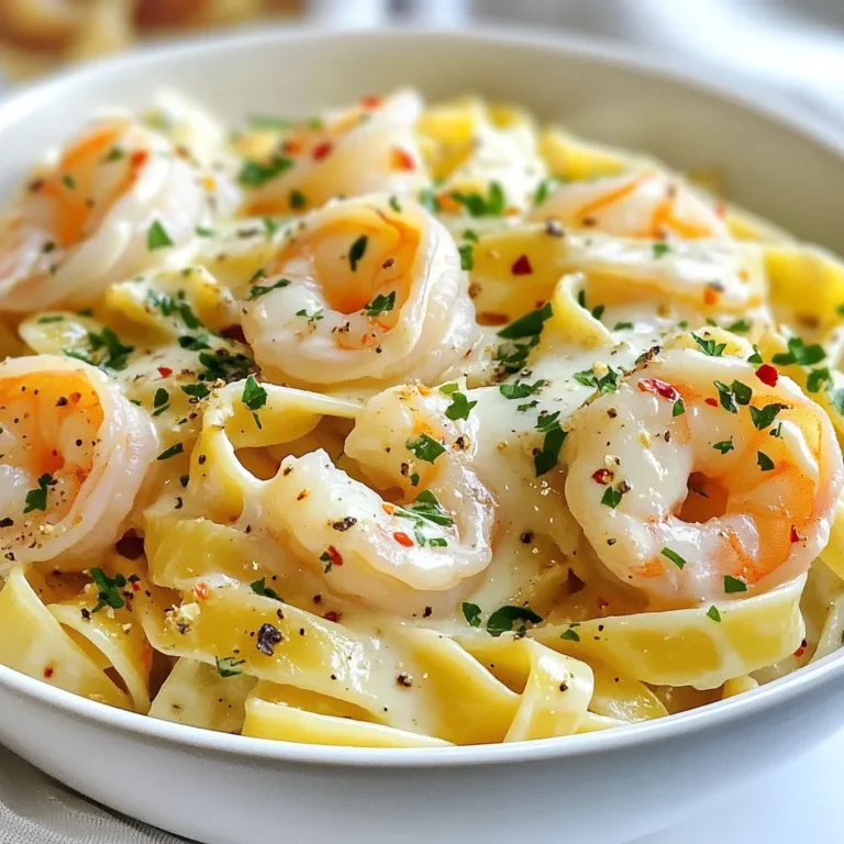 - 8 oz fettuccine or spaghetti - 1 lb large shrimp, peeled and deveined - 3 tablespoons olive oil For our creamy garlic shrimp pasta, we need a few key items. First, pick either fettuccine or spaghetti. Both work well with the rich sauce. Next, find large shrimp that are already peeled and deveined. This saves time and effort. Lastly, olive oil is essential for cooking the shrimp and garlic. - 4 cloves garlic, minced - 1 cup heavy cream - 1 cup grated Parmesan cheese Now, let’s talk sauce. You’ll need minced garlic to add a nice kick. Heavy cream gives the sauce its creamy texture. Finally, grated Parmesan cheese brings a rich flavor that ties everything together. - 1 teaspoon red pepper flakes (adjust for heat preference) - Salt and pepper to taste - Fresh parsley, chopped (for garnish) Seasoning is vital for great taste. Red pepper flakes add spice, but you can adjust them to your liking. Don’t forget salt and pepper to enhance the flavors. Lastly, fresh parsley adds color and freshness as a garnish. {{ingredient_image_1}} - Start by boiling a large pot of salted water. Bring it to a rolling boil. - Add 8 oz of fettuccine or spaghetti to the pot. Cook it according to the package instructions until it's al dente. - Once the pasta is ready, drain it in a colander. Make sure to save 1 cup of the pasta water for later. - In a large skillet, heat 3 tablespoons of olive oil over medium-high heat. - Add 4 cloves of minced garlic to the skillet. Sauté for about 1 minute until it smells great, but be careful not to burn it. - Now, add 1 lb of large shrimp to the skillet. Season the shrimp with salt, pepper, and 1 teaspoon of red pepper flakes. - Cook the shrimp for 2-3 minutes on each side. They should turn pink and opaque. Once cooked, remove the shrimp and set them aside. - In the same skillet, pour in 1 cup of heavy cream. Stir it well to mix in the garlic flavors. - Bring the cream to a gentle simmer. This will help it thicken. - Gradually whisk in 1 cup of grated Parmesan cheese. Keep stirring until it melts and becomes creamy. If the sauce is too thick, add some of the reserved pasta water until you reach the right consistency. - Add the cooked shrimp back into the skillet. Toss them with the sauce to coat well. - Now, add the drained pasta to the skillet. Mix everything together until the pasta is fully coated with the creamy sauce. - Taste your dish! Adjust the salt and pepper if needed. Cook for another 1-2 minutes to heat through. - Achieving the Right Consistency Start with heavy cream for a rich base. Whisk in Parmesan cheese slowly. If the sauce is too thick, add pasta water little by little. This will help you get a silky texture. - Adding Flavor Variations Spice it up with lemon juice or zest. You can also try using different cheeses like mozzarella or goat cheese. Fresh herbs like basil or thyme can add a nice touch too. - Ensuring Perfectly Cooked Shrimp Cook shrimp in hot oil for 2-3 minutes on each side. Look for a pink color and opaque look. This means they are cooked just right. - Avoiding Rubberiness Do not overcook the shrimp. If they cook too long, they can turn rubbery. Keep an eye on them and remove them from the heat once they change color. - Serving Suggestions Serve this dish in shallow bowls for a nice look. The creamy sauce will coat the pasta beautifully. - Garnishing Techniques Top your pasta with fresh parsley and extra Parmesan. A sprinkle of red pepper flakes adds color and a hint of heat. This makes the dish pop visually and taste-wise. Pro Tips Use Fresh Shrimp: Fresh shrimp will enhance the flavor of the dish significantly. If possible, opt for seafood from your local market. Adjust Creaminess: If you prefer a lighter sauce, consider using half-and-half instead of heavy cream. It will still provide a creamy texture but with fewer calories. Cook Pasta Al Dente: Ensure you cook the pasta just until al dente for the best texture. It will continue to cook slightly when combined with the sauce. Garnish with Lemon: A squeeze of fresh lemon juice right before serving can elevate the dish with a bright, zesty flavor that complements the richness of the sauce. {{image_2}} You can easily add vegetables to this dish. Spinach or kale adds nutrition and color. Just stir them in with the shrimp. They will wilt nicely in the creamy sauce. Peas and asparagus also work well. Add them when cooking the shrimp. They cook quickly and enhance the dish's flavor and texture. If you want a change from shrimp, try chicken or scallops. For chicken, use bite-sized pieces and cook until golden. If you choose scallops, cook until they are opaque. They both give a nice twist to the dish. For a vegetarian option, use mushrooms or tofu. Sauté them like shrimp. They absorb the creamy sauce well and provide a hearty feel. Lemon zest or juice brightens up the dish. You can add it to the sauce for a fresh taste. Just a little will make a big difference. You can also try different cheese options. Pecorino Romano or gouda can add unique flavors. Mix and match to find your favorite taste. Refrigeration Guidelines Store leftovers in an airtight container. This keeps the creamy garlic shrimp pasta fresh. You can keep it in the fridge for up to three days. Make sure it cools down before sealing. This helps prevent moisture buildup. Freezing Information You can freeze the pasta for up to three months. Use a freezer-safe container to avoid freezer burn. However, creamy sauces may change texture when thawed. It’s best to freeze the shrimp and sauce separately from the pasta. This way, you can reheat each part to keep it tasty. Best Methods for Reheating For reheating, the stovetop works best. Place the leftovers in a skillet over low heat. Add a splash of water or broth to help with moisture. Stir gently until heated through. You can also use a microwave. Just cover the dish and heat in short bursts. Avoiding Sauce Separation To avoid the sauce from separating, reheat slowly. Stir often to keep it smooth. If the sauce looks too thick, add a little more cream or pasta water. This will help bring back its creamy texture. For creamy garlic shrimp pasta, I love using fettuccine or spaghetti. Both types hold the sauce well. They have a nice texture that complements the shrimp. Fettuccine gives a wider noodle, while spaghetti offers a classic look. You can choose based on your taste or what you have. Yes, you can make this dish gluten-free. Just swap regular pasta with gluten-free options. Look for brands that use rice or corn flour. These types mimic the texture of traditional pasta well. Make sure to check their cooking times, as they may vary. To add more heat, increase the red pepper flakes. You can also add fresh chili peppers. If you want a smoky flavor, try adding smoked paprika. Start with a little, then taste as you go. Adjusting spice levels lets you make it just right for you. This blog post covered the basics of making creamy garlic shrimp pasta. We talked about the main ingredients, step-by-step cooking, tips for perfecting your sauce, and fun variations. You can add vegetables or protein options to fit your taste. Make sure to store leftovers properly and reheat them without losing flavor. Remember, cooking should be fun! Try new things and enjoy your delicious meals. Your pasta dish can impress anyone and be made just the way you like. Happy cooking!