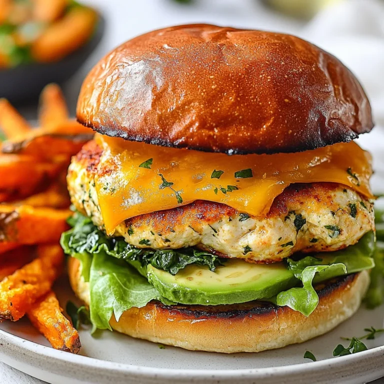 - 1 lb ground chicken - 1 cup fresh spinach, finely chopped - 1 cup white cheddar cheese, shredded - 1/2 cup breadcrumbs (panko for extra crunch) - 1 tablespoon garlic powder - 1 teaspoon onion powder - 1 teaspoon salt - 1/2 teaspoon black pepper - 4 whole wheat burger buns - Avocado, lettuce, tomato, mayonnaise The main ingredients create a juicy burger packed with flavor. Ground chicken is lean and gives great texture. Fresh spinach adds color and nutrients. White cheddar cheese melts beautifully and brings a rich taste. Panko breadcrumbs help the patties stay firm and add crunch. For seasonings, garlic powder gives a warm flavor. Onion powder adds a savory touch. Salt and black pepper enhance all the tastes. These seasonings make every bite delicious. You can make your meal perfect with optional ingredients. Whole wheat burger buns bring a healthy twist. Add avocado slices for creaminess. Fresh lettuce and tomato give a crisp bite. A dollop of mayonnaise adds richness. Each choice makes these burgers even better. With these ingredients, you create a meal that is tasty and fun to eat. You can mix and match toppings to suit your taste. Enjoy the process of making your own White Cheddar Spinach Chicken Burgers! {{ingredient_image_1}} To make the burgers, start by gathering your ingredients. In a large bowl, combine: - 1 lb ground chicken - 1 cup fresh spinach, finely chopped - 1 cup white cheddar cheese, shredded - 1/2 cup breadcrumbs (panko for extra crunch) - 1/4 cup green onions, chopped - 1 tablespoon garlic powder - 1 teaspoon onion powder - 1 teaspoon salt - 1/2 teaspoon black pepper Mix these well, but do not overmix the chicken. This keeps the burgers tender. Once mixed, divide the mixture into four equal portions. Shape each portion into a patty. Make each patty about 1/2 inch thick. Next, heat olive oil in a large skillet over medium heat. Once the oil is hot, add the patties. Cook the burgers for about 5-6 minutes on each side. You want them golden brown. Use a meat thermometer to check that the internal temperature is 165°F (75°C). If you like, add a slice of white cheddar on each patty during the last minute to melt it. For the buns, you have a couple of options. You can toast them in a separate pan or under the broiler. Toast until they are lightly browned. This should take just a few minutes. Timing is key here; keep an eye on them to avoid burning. The toasted buns add a nice crunch to your burgers. To make the best White Cheddar Spinach Chicken Burgers, avoid overmixing. When you mix the chicken with the other ingredients, do it gently. Overmixing makes the burgers tough. Mixing just until combined keeps them tender and juicy. Even cooking is also key. Use medium heat to cook the patties. This way, they cook through without burning. Flip them carefully after about 5-6 minutes. Check the internal temperature. It should reach 165°F (75°C) for safety. Serving these burgers with sides makes a great meal. Sweet potato fries are a tasty choice. They add a nice contrast to the savory burger. You can also serve a fresh salad alongside. Garnishing ideas include fresh parsley or arugula. These greens add color and flavor. You can also wrap the burgers in parchment paper. This gives a fun, rustic look to your meal. Watch the cooking temperature. Cooking too high can burn the outside while keeping the inside raw. Use medium heat for a nice, even cook. When shaping the patties, keep them uniform in size. This helps them cook evenly. Make them about 1/2 inch thick for the best results. A slight dip in the center helps them cook flat. Pro Tips Use Fresh Ingredients: Always opt for fresh spinach and high-quality white cheddar cheese to enhance the flavor of your burgers. Don't Overmix: When combining the ingredients, mix just until incorporated to keep the burgers tender and juicy. Check for Doneness: Use a meat thermometer to ensure the internal temperature of the patties reaches 165°F (75°C) for safe consumption. Customize Your Toppings: Feel free to get creative with toppings! Try adding sliced jalapeños or a spicy aioli for an extra kick. {{image_2}} You can change the cheese for your burgers. Try mozzarella or feta for a new taste. Each cheese gives a unique flavor. You can also switch ground chicken for ground turkey or beef. Turkey makes a leaner burger, while beef adds richness. Adding herbs or spices can give your burgers a fresh twist. Try adding basil or dill for a bright taste. You can also mix in some smoked paprika for a hint of heat. Consider sauces or toppings like barbecue sauce or sriracha for extra flavor. Avocado and tomato also add freshness and creaminess. You can grill or pan-fry your patties. Grilling gives a smoky flavor, while pan-frying is easier for beginners. If you prefer, bake the patties in the oven for a healthier option. Bake them at 375°F until they are cooked through. This method keeps them juicy and flavorful. To keep your White Cheddar Spinach Chicken Burgers fresh, store them in an airtight container. Make sure they are completely cool before sealing. This method helps them stay juicy and tasty. They can last in the fridge for up to three days. Always check for any off smells or changes in texture before eating. If you want to save some burgers for later, freezing is a great choice. Wrap each patty tightly in plastic wrap. Then, place them in a freezer bag. This helps prevent freezer burn. You can freeze them for up to three months. When you’re ready to eat, thaw them in the fridge overnight. This slow thawing keeps them moist. To reheat your burgers, the skillet method works best. Heat a skillet over medium-low heat. Add a little oil to keep them from sticking. Cook for about three to four minutes on each side. You want them heated through without drying out. If you prefer using the microwave, cover them with a damp paper towel. Heat for 30-second intervals until warm. This keeps them soft and delicious. To make these burgers gluten-free, you can swap out the breadcrumbs. Here are some good substitutes: - Almond flour - Oats (certified gluten-free) - Ground flaxseed - Gluten-free breadcrumbs These options will help bind the mixture while keeping it gluten-free. Yes, you can use frozen spinach! Here are some best practices: - Thaw the spinach first and drain excess water. - Squeeze out as much moisture as you can. - Chop it finely before mixing into the chicken. This keeps the burgers from being watery and helps them hold together. Adding tasty toppings can enhance the flavor of your burgers. Here are some popular options: - Slices of avocado - Crisp lettuce - Fresh tomato slices - A dollop of mayonnaise These toppings add freshness and creaminess, making each bite delightful. In this blog post, we covered how to make tasty white cheddar spinach chicken burgers. We explored key ingredients like ground chicken, spinach, and cheese, as well as the right seasonings. I shared step-by-step instructions for preparing, cooking, and storing your burgers. You can also try different flavors and cooking methods. Making these burgers is simple and fun. Enjoy experimenting with toppings and variations. You'll impress everyone at your next meal!