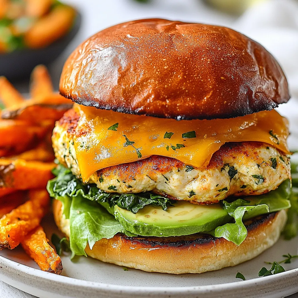 - 1 lb ground chicken - 1 cup fresh spinach, finely chopped - 1 cup white cheddar cheese, shredded - 1/2 cup breadcrumbs (panko for extra crunch) - 1 tablespoon garlic powder - 1 teaspoon onion powder - 1 teaspoon salt - 1/2 teaspoon black pepper - 4 whole wheat burger buns - Avocado, lettuce, tomato, mayonnaise The main ingredients create a juicy burger packed with flavor. Ground chicken is lean and gives great texture. Fresh spinach adds color and nutrients. White cheddar cheese melts beautifully and brings a rich taste. Panko breadcrumbs help the patties stay firm and add crunch. For seasonings, garlic powder gives a warm flavor. Onion powder adds a savory touch. Salt and black pepper enhance all the tastes. These seasonings make every bite delicious. You can make your meal perfect with optional ingredients. Whole wheat burger buns bring a healthy twist. Add avocado slices for creaminess. Fresh lettuce and tomato give a crisp bite. A dollop of mayonnaise adds richness. Each choice makes these burgers even better. With these ingredients, you create a meal that is tasty and fun to eat. You can mix and match toppings to suit your taste. Enjoy the process of making your own White Cheddar Spinach Chicken Burgers! {{ingredient_image_1}} To make the burgers, start by gathering your ingredients. In a large bowl, combine: - 1 lb ground chicken - 1 cup fresh spinach, finely chopped - 1 cup white cheddar cheese, shredded - 1/2 cup breadcrumbs (panko for extra crunch) - 1/4 cup green onions, chopped - 1 tablespoon garlic powder - 1 teaspoon onion powder - 1 teaspoon salt - 1/2 teaspoon black pepper Mix these well, but do not overmix the chicken. This keeps the burgers tender. Once mixed, divide the mixture into four equal portions. Shape each portion into a patty. Make each patty about 1/2 inch thick. Next, heat olive oil in a large skillet over medium heat. Once the oil is hot, add the patties. Cook the burgers for about 5-6 minutes on each side. You want them golden brown. Use a meat thermometer to check that the internal temperature is 165°F (75°C). If you like, add a slice of white cheddar on each patty during the last minute to melt it. For the buns, you have a couple of options. You can toast them in a separate pan or under the broiler. Toast until they are lightly browned. This should take just a few minutes. Timing is key here; keep an eye on them to avoid burning. The toasted buns add a nice crunch to your burgers. To make the best White Cheddar Spinach Chicken Burgers, avoid overmixing. When you mix the chicken with the other ingredients, do it gently. Overmixing makes the burgers tough. Mixing just until combined keeps them tender and juicy. Even cooking is also key. Use medium heat to cook the patties. This way, they cook through without burning. Flip them carefully after about 5-6 minutes. Check the internal temperature. It should reach 165°F (75°C) for safety. Serving these burgers with sides makes a great meal. Sweet potato fries are a tasty choice. They add a nice contrast to the savory burger. You can also serve a fresh salad alongside. Garnishing ideas include fresh parsley or arugula. These greens add color and flavor. You can also wrap the burgers in parchment paper. This gives a fun, rustic look to your meal. Watch the cooking temperature. Cooking too high can burn the outside while keeping the inside raw. Use medium heat for a nice, even cook. When shaping the patties, keep them uniform in size. This helps them cook evenly. Make them about 1/2 inch thick for the best results. A slight dip in the center helps them cook flat. Pro Tips Use Fresh Ingredients: Always opt for fresh spinach and high-quality white cheddar cheese to enhance the flavor of your burgers. Don't Overmix: When combining the ingredients, mix just until incorporated to keep the burgers tender and juicy. Check for Doneness: Use a meat thermometer to ensure the internal temperature of the patties reaches 165°F (75°C) for safe consumption. Customize Your Toppings: Feel free to get creative with toppings! Try adding sliced jalapeños or a spicy aioli for an extra kick. {{image_2}} You can change the cheese for your burgers. Try mozzarella or feta for a new taste. Each cheese gives a unique flavor. You can also switch ground chicken for ground turkey or beef. Turkey makes a leaner burger, while beef adds richness. Adding herbs or spices can give your burgers a fresh twist. Try adding basil or dill for a bright taste. You can also mix in some smoked paprika for a hint of heat. Consider sauces or toppings like barbecue sauce or sriracha for extra flavor. Avocado and tomato also add freshness and creaminess. You can grill or pan-fry your patties. Grilling gives a smoky flavor, while pan-frying is easier for beginners. If you prefer, bake the patties in the oven for a healthier option. Bake them at 375°F until they are cooked through. This method keeps them juicy and flavorful. To keep your White Cheddar Spinach Chicken Burgers fresh, store them in an airtight container. Make sure they are completely cool before sealing. This method helps them stay juicy and tasty. They can last in the fridge for up to three days. Always check for any off smells or changes in texture before eating. If you want to save some burgers for later, freezing is a great choice. Wrap each patty tightly in plastic wrap. Then, place them in a freezer bag. This helps prevent freezer burn. You can freeze them for up to three months. When you’re ready to eat, thaw them in the fridge overnight. This slow thawing keeps them moist. To reheat your burgers, the skillet method works best. Heat a skillet over medium-low heat. Add a little oil to keep them from sticking. Cook for about three to four minutes on each side. You want them heated through without drying out. If you prefer using the microwave, cover them with a damp paper towel. Heat for 30-second intervals until warm. This keeps them soft and delicious. To make these burgers gluten-free, you can swap out the breadcrumbs. Here are some good substitutes: - Almond flour - Oats (certified gluten-free) - Ground flaxseed - Gluten-free breadcrumbs These options will help bind the mixture while keeping it gluten-free. Yes, you can use frozen spinach! Here are some best practices: - Thaw the spinach first and drain excess water. - Squeeze out as much moisture as you can. - Chop it finely before mixing into the chicken. This keeps the burgers from being watery and helps them hold together. Adding tasty toppings can enhance the flavor of your burgers. Here are some popular options: - Slices of avocado - Crisp lettuce - Fresh tomato slices - A dollop of mayonnaise These toppings add freshness and creaminess, making each bite delightful. In this blog post, we covered how to make tasty white cheddar spinach chicken burgers. We explored key ingredients like ground chicken, spinach, and cheese, as well as the right seasonings. I shared step-by-step instructions for preparing, cooking, and storing your burgers. You can also try different flavors and cooking methods. Making these burgers is simple and fun. Enjoy experimenting with toppings and variations. You'll impress everyone at your next meal!
