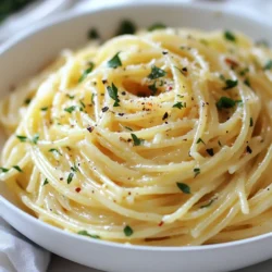 To make creamy garlic Parmesan spaghetti, gather these simple ingredients: - 200g spaghetti - 3 tablespoons unsalted butter - 4 cloves garlic, minced - 1 cup heavy cream - 1 cup grated Parmesan cheese - Salt and pepper to taste - 1 teaspoon Italian seasoning - Fresh parsley, chopped (for garnish) - Red pepper flakes (optional, for a spicy kick) When cooking, precise measurements matter. Here are some tips for substitutions: - If you need a gluten-free option, use gluten-free spaghetti. - You can swap heavy cream for half-and-half for a lighter dish. - Grated Pecorino Romano works well instead of Parmesan if you prefer. - For a vegan version, try using coconut cream and nutritional yeast. Many people have dietary needs. This dish can cater to them. - Gluten-free spaghetti keeps the dish safe for those with gluten issues. - Dairy-free options allow those who avoid dairy to enjoy it too. - Always check labels for gluten and dairy in your substitutes. {{ingredient_image_1}} To start, bring a large pot of salted water to a boil. Add 200 grams of spaghetti. Cook it until it's al dente, which means it should still have a little bite. This usually takes about 8 to 10 minutes. Once done, drain the spaghetti but save one cup of the cooking water. This water helps make the sauce creamy later. Next, grab a large skillet and put it over medium heat. Add 3 tablespoons of unsalted butter to the skillet. As the butter melts, add 4 minced cloves of garlic. Sauté the garlic for 1 to 2 minutes. You want it to smell yummy but not turn brown. Once the garlic is fragrant, pour in 1 cup of heavy cream. Stir it well and let it gently simmer for about 3 to 4 minutes. The sauce will thicken slightly during this time. Now, it’s time for the fun part! Stir in 1 cup of grated Parmesan cheese, 1 teaspoon of Italian seasoning, and a pinch of salt and pepper. Mix it until the cheese melts and the sauce is creamy. Add the cooked spaghetti to the skillet and toss everything together. If the sauce feels too thick, add some of that reserved pasta water a little at a time. This will help you get the perfect creamy texture. Taste and adjust the seasoning if needed. If you like it spicy, sprinkle in some red pepper flakes. Finally, serve the dish hot and sprinkle fresh parsley on top for a touch of color. To get the best creamy sauce, use heavy cream. It gives richness and smoothness. When you add the Parmesan cheese, stir well. This helps it melt evenly. If the sauce is too thick, add a bit of reserved pasta water. This makes the sauce silky without losing flavor. Store leftovers in an airtight container. They will last up to three days in the fridge. When reheating, use low heat. Add a splash of water or cream to loosen the sauce. Stir often to keep it creamy and prevent burning. Avoid overcooking the garlic. It should be fragrant, not brown. Brown garlic can taste bitter. Also, do not skip the reserved pasta water. It helps blend the sauce and pasta. Lastly, don’t forget to taste and adjust seasoning. Each bite should burst with flavor! Pro Tips Use Fresh Garlic: Freshly minced garlic enhances the flavor significantly compared to pre-minced or jarred options. Reserve Pasta Water: Always save some pasta water before draining. It helps adjust the sauce consistency and adds flavor. Adjust Creaminess: If the sauce gets too thick, slowly add the reserved pasta water to reach your desired creaminess. Garnish for Freshness: Fresh parsley not only adds color but also a refreshing flavor contrast to the rich sauce. {{image_2}} You can make Creamy Garlic Parmesan Spaghetti even better by adding proteins. Chicken and shrimp are great choices. For chicken, cook bite-sized pieces in the skillet before adding garlic. This gives a tasty flavor. For shrimp, add them just after the garlic. Cook until they turn pink. Both options boost protein and make the meal more filling. Adding vegetables can enhance color and nutrition. Spinach is an easy choice. Toss in fresh spinach while cooking the sauce. It wilts quickly and adds a nice green touch. Cherry tomatoes also work well. Cut them in half and add them to the skillet. They add sweetness and a pop of color. You can mix and match your favorite veggies to suit your taste. Try different cheeses for unique flavors. Goat cheese or feta can add a tangy taste. Just crumble them in when the sauce is hot. Fresh herbs like basil or thyme can elevate the dish. Add them at the end for a fresh touch. These creative twists keep the dish exciting and let you showcase your style. Creamy Garlic Parmesan Spaghetti pairs well with a light white wine. A crisp Pinot Grigio enhances the dish’s flavors. If you prefer red wine, a light Chianti works too. For sides, serve a fresh green salad. Garlic bread also complements this creamy pasta nicely. To make your dish pop, use a large, shallow bowl. Twirl the spaghetti in the center for height. Sprinkle fresh parsley on top for color. Add a few red pepper flakes for a spicy touch. Serve with extra Parmesan on the side for guests to add. Add protein to turn this dish into a full meal. Grilled chicken or sautéed shrimp works great. You can also mix in vegetables like spinach or cherry tomatoes. These additions boost nutrients and make your dish even tastier. You can use milk or a mix of milk and flour. This will help thicken the sauce. You can also try using cashew cream for a dairy-free option. Blend soaked cashews with water until smooth. This gives a nice creamy texture too. You can serve this dish with a fresh salad. A simple green salad works great. Garlic bread also pairs well with the spaghetti. If you want more protein, add grilled chicken or shrimp on top. Store leftovers in an airtight container in the fridge. They will last for about three days. When reheating, add a splash of water or milk to help revive the sauce. Heat gently on the stove or in the microwave. This post covered all you need for Creamy Garlic Parmesan Spaghetti. We discussed key ingredients, step-by-step cooking, and tips for a perfect dish. I shared variations to keep your meals exciting and serving ideas for a great presentation. Remember, the right ingredients and careful cooking lead to a tasty result. Avoid common mistakes and try new flavors. With this knowledge, you can create a delicious meal every time. Enjoy cooking this dish as much as I do!