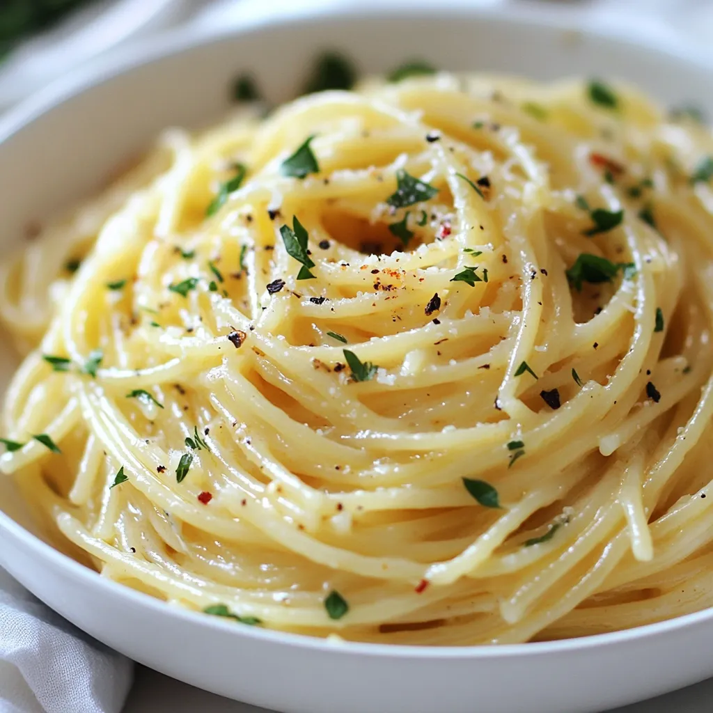 To make creamy garlic Parmesan spaghetti, gather these simple ingredients: - 200g spaghetti - 3 tablespoons unsalted butter - 4 cloves garlic, minced - 1 cup heavy cream - 1 cup grated Parmesan cheese - Salt and pepper to taste - 1 teaspoon Italian seasoning - Fresh parsley, chopped (for garnish) - Red pepper flakes (optional, for a spicy kick) When cooking, precise measurements matter. Here are some tips for substitutions: - If you need a gluten-free option, use gluten-free spaghetti. - You can swap heavy cream for half-and-half for a lighter dish. - Grated Pecorino Romano works well instead of Parmesan if you prefer. - For a vegan version, try using coconut cream and nutritional yeast. Many people have dietary needs. This dish can cater to them. - Gluten-free spaghetti keeps the dish safe for those with gluten issues. - Dairy-free options allow those who avoid dairy to enjoy it too. - Always check labels for gluten and dairy in your substitutes. {{ingredient_image_1}} To start, bring a large pot of salted water to a boil. Add 200 grams of spaghetti. Cook it until it's al dente, which means it should still have a little bite. This usually takes about 8 to 10 minutes. Once done, drain the spaghetti but save one cup of the cooking water. This water helps make the sauce creamy later. Next, grab a large skillet and put it over medium heat. Add 3 tablespoons of unsalted butter to the skillet. As the butter melts, add 4 minced cloves of garlic. Sauté the garlic for 1 to 2 minutes. You want it to smell yummy but not turn brown. Once the garlic is fragrant, pour in 1 cup of heavy cream. Stir it well and let it gently simmer for about 3 to 4 minutes. The sauce will thicken slightly during this time. Now, it’s time for the fun part! Stir in 1 cup of grated Parmesan cheese, 1 teaspoon of Italian seasoning, and a pinch of salt and pepper. Mix it until the cheese melts and the sauce is creamy. Add the cooked spaghetti to the skillet and toss everything together. If the sauce feels too thick, add some of that reserved pasta water a little at a time. This will help you get the perfect creamy texture. Taste and adjust the seasoning if needed. If you like it spicy, sprinkle in some red pepper flakes. Finally, serve the dish hot and sprinkle fresh parsley on top for a touch of color. To get the best creamy sauce, use heavy cream. It gives richness and smoothness. When you add the Parmesan cheese, stir well. This helps it melt evenly. If the sauce is too thick, add a bit of reserved pasta water. This makes the sauce silky without losing flavor. Store leftovers in an airtight container. They will last up to three days in the fridge. When reheating, use low heat. Add a splash of water or cream to loosen the sauce. Stir often to keep it creamy and prevent burning. Avoid overcooking the garlic. It should be fragrant, not brown. Brown garlic can taste bitter. Also, do not skip the reserved pasta water. It helps blend the sauce and pasta. Lastly, don’t forget to taste and adjust seasoning. Each bite should burst with flavor! Pro Tips Use Fresh Garlic: Freshly minced garlic enhances the flavor significantly compared to pre-minced or jarred options. Reserve Pasta Water: Always save some pasta water before draining. It helps adjust the sauce consistency and adds flavor. Adjust Creaminess: If the sauce gets too thick, slowly add the reserved pasta water to reach your desired creaminess. Garnish for Freshness: Fresh parsley not only adds color but also a refreshing flavor contrast to the rich sauce. {{image_2}} You can make Creamy Garlic Parmesan Spaghetti even better by adding proteins. Chicken and shrimp are great choices. For chicken, cook bite-sized pieces in the skillet before adding garlic. This gives a tasty flavor. For shrimp, add them just after the garlic. Cook until they turn pink. Both options boost protein and make the meal more filling. Adding vegetables can enhance color and nutrition. Spinach is an easy choice. Toss in fresh spinach while cooking the sauce. It wilts quickly and adds a nice green touch. Cherry tomatoes also work well. Cut them in half and add them to the skillet. They add sweetness and a pop of color. You can mix and match your favorite veggies to suit your taste. Try different cheeses for unique flavors. Goat cheese or feta can add a tangy taste. Just crumble them in when the sauce is hot. Fresh herbs like basil or thyme can elevate the dish. Add them at the end for a fresh touch. These creative twists keep the dish exciting and let you showcase your style. Creamy Garlic Parmesan Spaghetti pairs well with a light white wine. A crisp Pinot Grigio enhances the dish’s flavors. If you prefer red wine, a light Chianti works too. For sides, serve a fresh green salad. Garlic bread also complements this creamy pasta nicely. To make your dish pop, use a large, shallow bowl. Twirl the spaghetti in the center for height. Sprinkle fresh parsley on top for color. Add a few red pepper flakes for a spicy touch. Serve with extra Parmesan on the side for guests to add. Add protein to turn this dish into a full meal. Grilled chicken or sautéed shrimp works great. You can also mix in vegetables like spinach or cherry tomatoes. These additions boost nutrients and make your dish even tastier. You can use milk or a mix of milk and flour. This will help thicken the sauce. You can also try using cashew cream for a dairy-free option. Blend soaked cashews with water until smooth. This gives a nice creamy texture too. You can serve this dish with a fresh salad. A simple green salad works great. Garlic bread also pairs well with the spaghetti. If you want more protein, add grilled chicken or shrimp on top. Store leftovers in an airtight container in the fridge. They will last for about three days. When reheating, add a splash of water or milk to help revive the sauce. Heat gently on the stove or in the microwave. This post covered all you need for Creamy Garlic Parmesan Spaghetti. We discussed key ingredients, step-by-step cooking, and tips for a perfect dish. I shared variations to keep your meals exciting and serving ideas for a great presentation. Remember, the right ingredients and careful cooking lead to a tasty result. Avoid common mistakes and try new flavors. With this knowledge, you can create a delicious meal every time. Enjoy cooking this dish as much as I do!