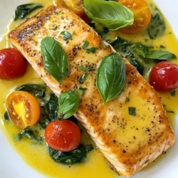 To make Creamy Garlic Tuscan Salmon, gather these ingredients: - 4 salmon fillets - 2 tablespoons olive oil - Salt and pepper to taste - 4 cloves garlic, minced - 1 cup cherry tomatoes, halved - 1 cup fresh spinach - 1 cup heavy cream - 1 teaspoon Italian seasoning - ½ cup grated Parmesan cheese - Fresh basil, for garnish You can swap out some ingredients if you need to. Here are some ideas: - Use butter instead of olive oil for a rich flavor. - If you don't have cherry tomatoes, regular tomatoes work too. Just chop them up. - Spinach can be replaced with kale or arugula for a different taste. - If you want a lighter sauce, use half-and-half instead of heavy cream. - Nutritional yeast can replace Parmesan for a dairy-free option. This dish is not only tasty but also packed with nutrients. Each serving contains: - Calories: Approximately 500 - Protein: 35g - Fat: 38g - Carbohydrates: 10g - Fiber: 2g This meal provides healthy fats from salmon and plenty of vitamins from the spinach and tomatoes. Enjoy a delicious dish that is also good for you! {{ingredient_image_1}} To start, heat 2 tablespoons of olive oil in a large skillet over medium heat. While it warms up, season your 4 salmon fillets with salt and pepper on both sides. Once the oil is hot, gently place the salmon in the skillet. Cook each fillet for about 4-5 minutes until they turn golden brown. Flip them carefully and cook for another 4-5 minutes until fully cooked. When done, take the salmon out of the skillet and set it aside on a plate. In the same skillet, add 4 cloves of minced garlic. Sauté for about 30 seconds until it smells amazing. Then, toss in 1 cup of halved cherry tomatoes. Cook them for 2-3 minutes until they start to soften. Next, stir in 1 cup of fresh spinach and cook until it wilts. Now, pour in 1 cup of heavy cream and sprinkle in 1 teaspoon of Italian seasoning. Stir this mixture until well blended. Finally, add ½ cup of grated Parmesan cheese. Mix until the sauce is creamy and smooth. Taste it and add salt and pepper if needed. Return the cooked salmon to the skillet. Spoon the creamy sauce over each fillet. Let it simmer for about 2 minutes to warm through. For a lovely touch, garnish with fresh basil leaves. Serve the creamy garlic Tuscan salmon hot. Enjoy the burst of flavors and the beautiful presentation! To get perfect salmon, start with fresh fillets. Season them well with salt and pepper. Heat olive oil in your skillet over medium heat. Place the salmon skin-side down. Cook for 4-5 minutes until golden. Flip gently and cook for another 4-5 minutes. This gives you a nice crust. The salmon should flake easily with a fork when done. You can boost the flavor with a few extras. Try adding a splash of white wine before the cream. This adds depth to the taste. Lemon juice also brightens the dish. If you like spice, add a pinch of red pepper flakes. For a touch of sweetness, consider some sun-dried tomatoes. Fresh herbs like parsley or dill can elevate the dish too. Serve your creamy garlic Tuscan salmon over a bed of pasta or rice. This helps soak up the delicious sauce. You can also pair it with crusty bread to dip in the sauce. A simple side salad with mixed greens works well too. For a complete meal, add roasted vegetables like zucchini or asparagus. Enjoy your meal with a glass of white wine for an extra treat! Pro Tips Fresh Ingredients: Always use fresh garlic, spinach, and tomatoes to enhance the flavor of the dish. Perfect Salmon: Ensure the salmon is at room temperature before cooking for even cooking throughout. Adjust Creaminess: For a lighter sauce, you can substitute half of the heavy cream with chicken or vegetable broth. Garnish Wisely: Adding a squeeze of lemon juice before serving can brighten the flavors significantly. {{image_2}} If you want to switch up this dish, try using chicken or shrimp. Both proteins cook well with the creamy sauce. For chicken, use boneless, skinless breasts. Cook them for about 6-7 minutes per side. For shrimp, just sauté them until they are pink, which takes about 2-3 minutes. These swaps keep the dish tasty and satisfying. To make this dish vegetarian, replace the salmon with firm tofu or portobello mushrooms. Firm tofu soaks up the flavors well. Cut it into thick slices and cook it like the salmon. For mushrooms, use large portobello caps. Sauté them until golden, then add them to the sauce. Add extra veggies like zucchini or bell peppers for more nutrients. You can also change the ingredients based on the seasons. In spring, try adding asparagus or peas for freshness. In summer, switch to zucchini and fresh corn for a sweet crunch. In fall, use butternut squash or pumpkin for warmth. Each swap brings a new taste and keeps the dish exciting. To keep your creamy garlic Tuscan salmon fresh, transfer any leftovers to an airtight container. Make sure to let the dish cool down first. Store it in the fridge for up to three days. This helps preserve the flavor and texture. Avoid leaving it out at room temperature for too long. When you are ready to enjoy your leftovers, reheat the salmon gently. You can use a microwave, but I recommend using a skillet for best results. Heat the skillet over low heat and add a splash of water or broth. Place the salmon in the skillet and cover. This keeps the salmon moist. Heat for about five minutes or until warmed through. If you want to save some for later, freezing is a great option. First, let the salmon cool completely. Then, wrap each piece tightly in plastic wrap and place them in a freezer bag. Remove as much air as possible before sealing. You can freeze it for up to two months. When ready to eat, thaw it in the fridge overnight before reheating. Yes, you can use frozen salmon. Just make sure to thaw it first. The best way is to place it in the fridge overnight. If you’re in a hurry, you can run it under cold water for about 10-15 minutes. Once thawed, follow the same cooking steps. This dish pairs well with many sides. Consider serving it with: - Steamed rice - Garlic bread - Mashed potatoes - Roasted vegetables - A fresh salad Each option adds a nice touch and balances the meal well. To check if the salmon is done, look for a few signs: - The flesh should change from bright pink to a lighter color. - It should flake easily with a fork. - The internal temperature should reach 145°F (63°C). Using a meat thermometer is the best way to ensure perfect doneness. This blog post covered all you need to know for making Creamy Garlic Tuscan Salmon. We started with the key ingredients and explored substitutions and nutrition facts. Then, I shared step-by-step instructions for preparing the salmon and sauce. You also learned tips to perfect your cooking and fascinating variations for the dish. Don’t forget about storage and reheating methods to enjoy leftovers later. Cook with confidence, and make this dish your own by trying new flavors and ingredients!