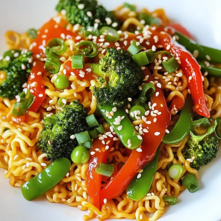 To make spicy Sriracha ramen stir fry, you need: - 2 packs of instant ramen noodles - 1 tablespoon vegetable oil - 1 medium onion, sliced - 2 cloves garlic, minced - 1 red bell pepper, sliced - 1 cup broccoli florets - 1 cup snap peas - 2 large eggs - 3 tablespoons Sriracha sauce - 2 tablespoons soy sauce - 1 tablespoon sesame oil - 1 tablespoon sesame seeds - 2 green onions, chopped - Salt and pepper to taste You can add more taste with these options: - Cooked chicken or tofu for protein - Carrots, sliced thinly for crunch - Mushrooms, sliced for umami flavor - Cilantro or basil for freshness Some easy swaps include: - Use any instant noodles if you don’t have ramen. - Replace vegetable oil with olive oil or peanut oil. - If you want a different heat, use chili paste instead of Sriracha. - For soy sauce alternatives, try coconut aminos for a lighter option. {{ingredient_image_1}} First, cook the ramen noodles. Follow the package instructions for the best results. Drain the noodles and set them aside. Add a little sesame oil to prevent them from sticking. Next, grab a large skillet or wok. Heat vegetable oil over medium-high heat. Add the sliced onion and minced garlic. Sauté them for 2-3 minutes. You want them to smell good and look translucent. Then, toss in the sliced bell pepper, broccoli florets, and snap peas. Stir-fry the veggies for about 4-5 minutes. They should be tender but still crisp. Now, push the vegetables to one side of the skillet. Crack the two eggs into the empty space. Scramble them until fully cooked. Mix the eggs with the veggies. This adds protein and richness to the dish. It's time to bring everything together! Add the cooked ramen noodles to the skillet. Pour in Sriracha sauce and soy sauce. Drizzle in more sesame oil for flavor. Toss all the ingredients together until heated through, about 2-3 minutes. Taste and add salt and pepper as needed. If you like it spicy, add more Sriracha. Finally, sprinkle sesame seeds and chopped green onions on top before serving. Enjoy your meal! To change the heat, add more or less Sriracha. Start with one tablespoon. Taste the mix. If you want it hotter, add more Sriracha, one teaspoon at a time. For less heat, try a dash of soy sauce or add more veggies. These will help balance the spice. For fluffy eggs, crack them into a bowl first. Whisk them well before adding to the pan. Cook them on low heat, stirring gently. This helps keep them soft and creamy. Mix the cooked eggs right into the veggies for a great blend of flavors. To keep the noodles from sticking, rinse them well after cooking. Add a drizzle of sesame oil right after draining. This keeps them from clumping together. Stir them gently with the veggies right away. This helps maintain a good texture in your stir fry. Pro Tips Use Fresh Vegetables: Using fresh, seasonal vegetables enhances the flavor and nutrition of your stir fry. Try to choose vibrant, crisp veggies for the best texture. Adjust the Spice: Sriracha can vary in heat; taste your sauce before adding more. Start with less if you're unsure, and gradually increase to your preferred spice level. Perfectly Cooked Eggs: Scramble the eggs separately in the pan before mixing them with the veggies. This ensures they are fluffy and fully cooked, adding texture to the dish. Flavor Boost: For an extra umami kick, add a splash of oyster sauce or hoisin sauce along with the soy sauce. This will deepen the flavor profile of your stir fry. {{image_2}} You can add protein to make this dish heartier. Chicken works great. Just cook it first, then add it with the veggies. You can also use tofu if you want a plant-based option. Just press it to remove water, then cube and sauté it until golden. This option gives you a nice texture and flavor. Feel free to switch up the veggies in the stir fry. You can add carrots, mushrooms, or baby corn. Spinach or kale adds nice color and nutrients too. Mix and match to find your favorite combo. This makes the dish fun and unique every time you make it. If you need a gluten-free option, use rice noodles instead of ramen. They cook quickly and soak up flavors well. Make sure to check the soy sauce label too. You can find gluten-free soy sauce to keep the dish safe for all diets. Enjoy the same spicy flavor without the gluten! To store leftovers, let the dish cool first. Place the ramen stir fry in an airtight container. You can keep it in the fridge for up to three days. Make sure to seal it well to keep it fresh. When you're ready to eat, take the stir fry out of the fridge. You can reheat it on the stove or in the microwave. If using the stove, add a splash of water to help it warm up. Stir occasionally until it's hot. In the microwave, heat it in short bursts. Stir and check to avoid hot spots. If you want to save some for later, you can freeze it. Use a freezer-safe container or bag. Store it for up to a month. When you’re ready to eat, thaw it in the fridge overnight. Reheat it as mentioned above. The flavor will still be great! Yes, you can make this recipe ahead of time. Cook the ramen and stir-fry the veggies. Keep all parts in separate containers. When ready to eat, just reheat in a pan. This keeps the noodles and veggies fresh. You can serve this dish with many sides. Try some edamame or a light salad. Steamed dumplings pair well too. You may also add some pickled vegetables for a tangy bite. To make this dish vegetarian, skip the eggs. For a vegan option, use tofu instead of eggs. Just cube the tofu and add it with the veggies. This keeps the dish tasty and filling. If you want to switch it up, try chili garlic sauce. Hoisin sauce adds sweetness, while teriyaki sauce offers a nice glaze. Soy sauce or a mix of these can work well too. This blog post shared key tips for making a great Spicy Sriracha Ramen Stir Fry. We covered essential and optional ingredients, along with smart substitutes. The step-by-step guide shows how to prepare noodles, cook veggies, scramble eggs, and mix it all together. I shared easy tips for spice levels and avoiding sticky noodles. Plus, you learned fun variations to customize your dish. Finally, I highlighted how to store leftovers effectively. With these insights, you can create a tasty meal anytime. Dive into your kitchen and enjoy your cooking!