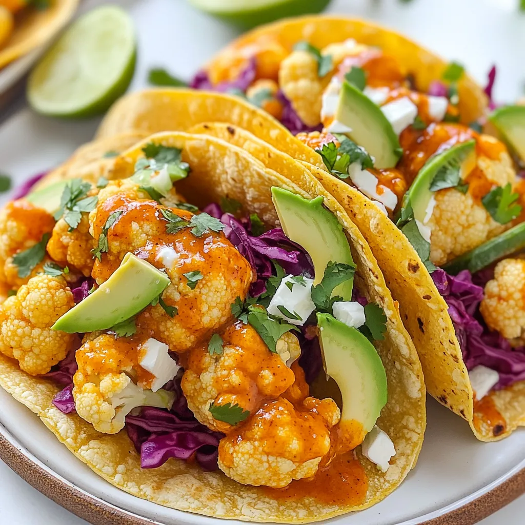 - 1 medium head of cauliflower, cut into florets - 1 cup all-purpose flour - 1 cup water - 1 cup breadcrumbs - ½ cup buffalo sauce - 8 small corn tortillas - 1 avocado, sliced - 1 cup red cabbage, shredded - Fresh cilantro, for garnish - Lime wedges, for serving - 1 teaspoon garlic powder - 1 teaspoon onion powder - 1 teaspoon smoked paprika - 1 teaspoon salt - ½ teaspoon black pepper Gathering your ingredients is the first step to making these tasty Buffalo Cauliflower Tacos. Start with the main ingredients. You need one medium head of cauliflower. Cut it into bite-sized florets to make them easy to eat. Next, grab one cup of all-purpose flour and one cup of water. These create a batter that gives your cauliflower a nice coating. Don't forget to get one cup of breadcrumbs. Panko breadcrumbs work best for extra crunch! For the buffalo flavor, you'll need half a cup of buffalo sauce. This sauce is what gives your tacos their kick. Now, let's move on to the additional ingredients. You will need eight small corn tortillas for wrapping up your tasty fillings. An avocado, sliced, adds creaminess. One cup of shredded red cabbage gives a nice crunch and color. For garnish, fresh cilantro is a must, and serve your tacos with lime wedges for a zesty touch. Lastly, you will need seasoning. Grab one teaspoon each of garlic powder, onion powder, smoked paprika, and one teaspoon of salt. Finish with half a teaspoon of black pepper. These spices add depth and flavor to your dish. With all ingredients ready, you're set to create mouthwatering Buffalo Cauliflower Tacos! {{ingredient_image_1}} - Preheat your oven to 425°F (220°C). Line a baking sheet with parchment paper. - In a mixing bowl, whisk together 1 cup of all-purpose flour, 1 cup of water, 1 teaspoon of garlic powder, 1 teaspoon of onion powder, 1 teaspoon of smoked paprika, 1 teaspoon of salt, and ½ teaspoon of black pepper. This will make a smooth batter. - Dip each cauliflower floret into the batter, making sure to coat it well. - Roll each floret in 1 cup of breadcrumbs to give it a crunchy outer layer. Place the coated cauliflower on the baking sheet in a single layer. - Bake for 25-30 minutes. Turn the florets halfway through to ensure they cook evenly. They should turn golden and crispy. - Once the cauliflower is baked, toss it in a bowl with ½ cup of buffalo sauce until it is well coated. - Return the sauced cauliflower to the oven for an extra 5 minutes. This helps the sauce set. - While the cauliflower bakes, warm 8 small corn tortillas on a skillet for about 30 seconds on each side until they are soft. - To build your tacos, add a generous amount of buffalo cauliflower to each tortilla. - Top with sliced avocado, shredded red cabbage, and fresh cilantro. Serve with lime wedges on the side for a zesty kick. - Use panko breadcrumbs for extra crunch: Panko gives your cauliflower a wonderful crunch. It’s light and airy, making it perfect for a crispy bite. - Bake at the right temperature: Preheat your oven to 425°F (220°C). This high heat helps to crisp up the cauliflower. Bake until golden brown for the best texture. - Adjust buffalo sauce to taste: Some like it hot, while others prefer mild. Start with half a cup of buffalo sauce and add more as needed. Tweak until you find your perfect heat level. - Adding fresh herbs for extra freshness: Fresh cilantro brightens the dish. It adds flavor and color. You can also try green onions or parsley for a different twist. - Ideal sides and accompaniments: Pair these tacos with a side of rice or a fresh salad. They balance the spice nicely. Don’t forget some lime wedges for a zesty kick! - Vegetarian and vegan pairings: These tacos are great with avocado and cabbage. If you want more protein, add black beans or lentils. They fit right in and keep it plant-based. Pro Tips Coating Consistency: Ensure the batter is thick enough to stick to the cauliflower but not too thick that it clumps. A smooth, even coating is key for crispy results. Breadcrumb Choice: Use panko breadcrumbs for an extra crunch. They create a lighter and crispier texture compared to regular breadcrumbs. Buffalo Sauce Heat: Adjust the amount of buffalo sauce based on your heat preference. Start with a small amount and add more for a spicier kick. Tortilla Warming: Warm the tortillas on a skillet to make them pliable and prevent tearing when you fill them with the buffalo cauliflower. {{image_2}} You can change how you cook your buffalo cauliflower for different tastes. - Air fryer method for buffalo cauliflower: Use an air fryer for a crispy texture. Just coat the cauliflower as usual. Set it to 400°F and cook for about 15 minutes. Shake halfway for even cooking. - Grilling for added smoky flavor: Grilling gives the cauliflower a smoky taste. After coating, place the florets on a hot grill. Cook for about 10-12 minutes, turning often. This method adds a nice char. Not all kitchens have the same items. Here are some swaps. - Gluten-free flour options: You can use almond flour or chickpea flour instead of all-purpose flour. Both work well in the batter. - Dairy-free alternatives for toppings: Instead of regular cheese, try vegan cheese or cashew cream. These add creaminess without dairy. Tacos are fun because you can mix and match toppings. - Switching up toppings: Try adding fresh lettuce or diced tomatoes for extra crunch. You can also use pickled onions for a tangy twist. - Adding cheese or creamy sauces for richness: If you want more flavor, add shredded cheese or a drizzle of ranch or tahini sauce. This makes the tacos even richer and more satisfying. To keep your buffalo cauliflower fresh, store it in an airtight container. Place a paper towel inside to absorb moisture. This helps keep the texture crisp. You can keep the leftovers in the fridge for up to three days. If you wait longer, the cauliflower may become soggy. For reheating, the oven works best. Preheat it to 350°F (175°C). Spread the cauliflower on a baking sheet. Heat for about 10-15 minutes until warm and crispy. The microwave is quicker but can make the cauliflower soft. If you use the microwave, heat in short bursts. Check every 30 seconds to avoid overcooking. You can prepare the cauliflower ahead of time. Just bake it and store it in the fridge. When you’re ready, warm the cauliflower and assemble the tacos. Keep the tortillas, avocado, and toppings separate until serving. This keeps everything fresh and crunchy. Yes, you can prep these tacos ahead. Start by cutting the cauliflower into florets. Then, mix the batter and coat the florets. You can bake the cauliflower early and store it in the fridge. Just toss it in buffalo sauce before serving. You can also warm the tortillas and add toppings just before eating. This way, your tacos stay fresh and tasty. Yes, Buffalo Cauliflower Tacos are vegan. The main ingredients, like cauliflower and spices, are plant-based. You can use vegan buffalo sauce. For toppings, avocado and red cabbage are also vegan-friendly. Just check your breadcrumbs. Some may have dairy, so choose vegan-friendly options. Enjoy a delicious vegan meal without worry. You can pair these tacos with many sides. Fresh guacamole makes a great dip. Black beans or Mexican rice add protein. A crisp salad with lime dressing works well too. For drinks, try a light beer or a fruity soda. These choices balance the spicy flavor of the tacos. This blog post explored how to make Buffalo Cauliflower Tacos. We covered the main ingredients, steps, and tips to ensure tasty results. I shared ways to add flavor and variations for your tacos. The cooking methods and storage tips help you enjoy them later. Whether you're a fan of spicy food or looking for a healthy meal, these tacos deliver. Try them for your next gathering. You’ll impress everyone with this delicious twist on tacos. Enjoy!