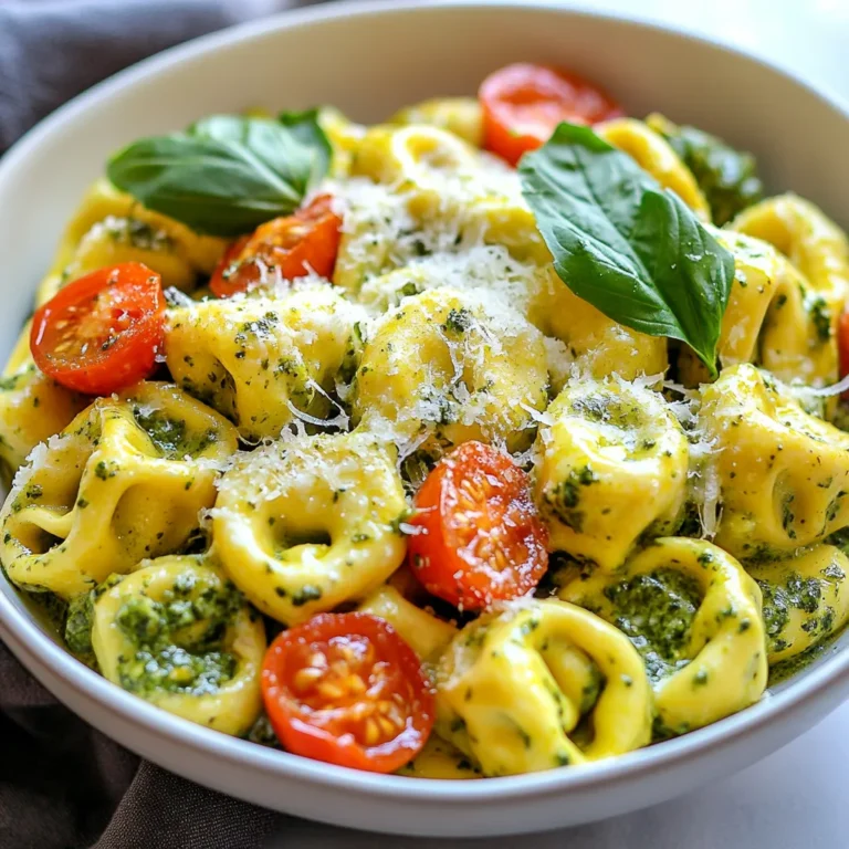 - 12 oz cheese tortellini - 1 cup heavy cream - 1 cup basil pesto - 1 cup cherry tomatoes, halved - 1 cup fresh spinach - 1/2 cup grated Parmesan cheese - 2 cloves garlic, minced - 2 tablespoons olive oil - Salt and pepper to taste For a tasty creamy pesto tortellini, you need good ingredients. Cheese tortellini gives a rich and cheesy base. You can use store-bought or make it from scratch. Heavy cream adds thickness and a smooth touch. Basil pesto brings that fresh, herby flavor we love. Cherry tomatoes add a pop of color and sweetness. Fresh spinach not only brightens the dish but also adds nutrition. Grated Parmesan cheese gives a salty kick and enhances the creaminess. Don't forget garlic and olive oil. They create a fragrant base for your sauce. Finally, seasoning like salt and pepper bring all the flavors together. Each ingredient plays a key role. Use fresh, high-quality items for the best taste. {{ingredient_image_1}} To start, fill a large pot with water and add a good amount of salt. Bring the water to a boil. This step is key for flavor. Once the water boils, add 12 oz of cheese tortellini. Cook the tortellini according to the package instructions. You want them to be al dente, which means they should be firm but not hard. This usually takes about 3 to 5 minutes. After cooking, drain the tortellini and set them aside. Next, grab a large skillet and heat 2 tablespoons of olive oil over medium heat. Add 2 cloves of minced garlic and sauté for about 1 minute. You want the garlic to smell great but not brown. Then, pour in 1 cup of heavy cream and bring it to a gentle simmer. Stir in 1 cup of basil pesto, mixing well. This creates a rich and creamy sauce that coats the tortellini perfectly. Now it's time to add some color and nutrients. Toss in 1 cup of halved cherry tomatoes and 1 cup of fresh spinach into the skillet. Cook this mix for about 3 to 5 minutes. The spinach should wilt and the tomatoes should soften a bit. Then, gently stir in the drained tortellini and 1/2 cup of grated Parmesan cheese. Mix everything until the tortellini is well coated. Season with salt and pepper to taste. Remove the skillet from heat and let it sit for a few minutes. This helps the sauce thicken up a little. To serve, dish the creamy pesto tortellini into shallow bowls. You can garnish with fresh basil leaves and an extra sprinkle of Parmesan cheese if you like. For a little flair, drizzle with more olive oil or add crushed red pepper flakes for a fun kick. To achieve creamy tortellini, use heavy cream. This adds richness. Stir the cream gently as it heats. When you mix in the pesto, it should blend smoothly. If you want a thicker sauce, let it simmer a bit longer. This helps the flavors meld together. Remember, the sauce will thicken more as it cools. Adding herbs can elevate your dish. Fresh basil adds a nice touch. You can also sprinkle in some oregano or thyme. If you want a kick, try crushed red pepper flakes. For cheese, use a mix of Parmesan and mozzarella. The mozzarella melts beautifully and adds stretch. For a lighter option, use half-and-half instead of cream. This cuts down on fat while keeping the dish creamy. You can also add more veggies. Spinach is great, but try zucchini or bell peppers. These add color and nutrients without extra calories. Pro Tips Use Fresh Pesto: For the best flavor, use fresh basil pesto instead of store-bought. You can easily make your own by blending fresh basil, garlic, pine nuts, Parmesan cheese, and olive oil. Perfect Tortellini: Be careful not to overcook the tortellini. Cooking them until they are al dente ensures they stay firm and don’t become mushy when mixed with the creamy sauce. Adjust the Creaminess: If you prefer a lighter dish, you can substitute half of the heavy cream with chicken or vegetable broth for a delicious, less rich sauce. Garnish Wisely: For added flavor and presentation, garnish with freshly cracked pepper, a drizzle of balsamic reduction, or a sprinkle of toasted pine nuts. {{image_2}} You can add protein to your creamy pesto tortellini for extra flavor and nutrition. - Grilled chicken: Slice grilled chicken and mix it in. It adds a nice texture. - Shrimp: Sauté shrimp in olive oil until pink. Toss it in for a seafood twist. - Vegan proteins: Try using chickpeas or tofu. They bring protein without meat. Adding vegetables boosts nutrition and flavor. Here are some great options: - Seasonal vegetables: Use what’s fresh, like zucchini or bell peppers. They add color and taste. - Kale or arugula: Stir in these greens for a peppery kick. They also pack a nutrient punch. You can switch up the sauce to keep things interesting. - Spinach and walnut pesto: Blend spinach with walnuts for a new pesto flavor. It’s rich and tasty. - Sun-dried tomato cream sauce: Blend sun-dried tomatoes into the cream. This gives a sweet and tangy taste. These variations let you personalize your creamy pesto tortellini. It keeps every meal exciting and fresh! To store leftover tortellini, let it cool first. Place it in an airtight container. This helps keep it fresh. You can store it in the fridge for up to three days. When you're ready to eat, just reheat it gently. A microwave or skillet works well. Add a splash of cream or water to keep it moist. If you want to freeze portions, do so right after cooking. Let the dish cool completely. Then, place it in freezer-safe bags or containers. Remove as much air as possible. This helps prevent freezer burn. You can freeze the tortellini for up to three months. To reheat frozen tortellini, first, thaw it in the fridge overnight. Then, use a skillet over medium heat. Add a little cream to help it warm evenly. Stir gently until hot. You can also use a microwave, but cover it to keep moisture in. Enjoy your creamy pesto tortellini even after freezing! Yes, you can use homemade pesto. Fresh pesto adds great flavor. Just blend basil, garlic, nuts, cheese, and oil. This will give your dish a personal touch. To stop tortellini from sticking, add a little olive oil after draining. Toss gently. You can also stir them while cooking in boiling water. This keeps them separate and nice. Some great side dishes are garlic bread and a fresh salad. You can also serve roasted vegetables. These sides add balance and color to your meal. Yes, you can meal prep creamy pesto tortellini. Cook it, then store in airtight containers. Reheat it in a pan or the microwave. Add a splash of cream if it seems dry. Yes, you can make this dish gluten-free. Use gluten-free tortellini instead. Many brands offer tasty options. Just follow the cooking instructions on the package. Creamy pesto tortellini is an easy, delicious dish packed with flavor. You learned about key ingredients, cooking methods, and helpful tips. Personalize your meal with proteins or veggies and enjoy your custom creation. Remember to store leftovers properly for future meals. This dish is versatile and fun to make. Enjoy every creamy bite!