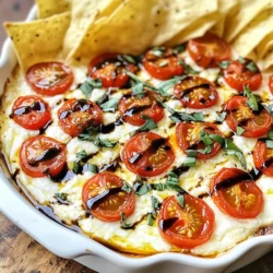 - 8 ounces cream cheese, softened - 1 cup shredded mozzarella cheese - 1 cup cherry tomatoes, halved - 1/2 cup fresh basil leaves, chopped - 1/4 cup grated Parmesan cheese - 2 tablespoons balsamic glaze - 1 teaspoon garlic powder - Salt and pepper to taste - Tortilla chips or toasted baguette slices for serving To make Cheesy Caprese Dip, gather these simple ingredients. I love using softened cream cheese as the base. It gives the dip that creamy texture we all crave. Shredded mozzarella adds a great stretch when melted. The cherry tomatoes bring bright flavor and a pop of color. Fresh basil leaves make the dish fragrant and fresh. Grated Parmesan gives a nice salty touch. Balsamic glaze is the finishing touch that adds sweetness. Garlic powder rounds out the flavor nicely. Don’t forget salt and pepper to taste! You can use tortilla chips or toasted baguette slices for dipping. Both options work well and make the dip even more enjoyable. Getting the best ingredients is key. Freshness makes a big difference in taste. I recommend using high-quality cheese and ripe tomatoes. This dip is perfect for parties or cozy nights in. {{ingredient_image_1}} - Preheat the oven to 350°F (175°C). - In a mixing bowl, combine 8 ounces of softened cream cheese, 1 cup of shredded mozzarella cheese, 1 teaspoon of garlic powder, salt, and pepper. Mix until fully blended. - Fold in 1 cup of halved cherry tomatoes, 1/2 cup of chopped fresh basil, and 1/4 cup of grated Parmesan cheese. - Transfer the dip mixture into an oven-safe baking dish. Spread it evenly. - Bake in the preheated oven for 20-25 minutes. Look for melted cheese and a light golden top. - Drizzle 2 tablespoons of balsamic glaze over the dip before serving. Enjoy this creamy, cheesy delight warm with tortilla chips or toasted baguette slices! - Make sure cream cheese is fully softened. This step helps create a smooth dip. Cold cream cheese can lead to lumps. Let it sit at room temperature for about 30 minutes. - Use fresh basil for optimal flavor. Fresh basil adds a bright taste. Dried basil won’t give the same punch. Always choose vibrant, green leaves for the best results. - Add spices for a flavor boost. Consider mixing in crushed red pepper for heat. A pinch of Italian seasoning can also enhance the taste. - Try adding other ingredients. For a twist, mix in some diced bell peppers or olives. These additions offer new textures and flavors. - Drizzle more balsamic glaze on top. This adds sweetness and tang. It also makes your dip look more appealing. Pro Tips Tip Title 1: For a creamier dip, ensure your cream cheese is fully softened at room temperature before mixing. Tip Title 2: Add a pinch of red pepper flakes for a subtle kick to enhance the flavor profile of your dip. Tip Title 3: Use a mix of different cheeses, like gouda or fontina, for a more complex flavor in your cheesy dip. Tip Title 4: Try adding sautéed garlic or shallots for an aromatic base that adds depth to your dip. {{image_2}} If you want to switch things up, try different cheeses. You can use ricotta instead of cream cheese. Goat cheese can also add a tangy twist. For mozzarella, try using provolone for a sharper taste. You can also change your toppings. Instead of cherry tomatoes, use sun-dried tomatoes for a richer flavor. Roasted red peppers can add a nice touch too. Want to add some heat? Try adding crushed red pepper flakes or a dash of cayenne. Both will give your dip a nice kick. Herbs can also change the flavor. Add oregano or thyme for a different taste. You can even toss in some diced bell peppers for added crunch and color. Mixing these flavors keeps the dip exciting and fresh. After enjoying your Cheesy Caprese Dip, store any leftovers in the fridge. Use an airtight container to keep it fresh. It can last up to three days when stored properly. I recommend letting it cool to room temperature before sealing it up. This helps prevent moisture build-up, which can affect the dip's texture. To reheat the dip, I suggest using the oven for the best results. Preheat your oven to 350°F (175°C). Place the dip in an oven-safe dish, cover it with foil, and heat for about 15 minutes. This helps keep the dip creamy and warm. Stir it halfway through to ensure even heating. If you're in a hurry, you can use a microwave. Heat in short bursts of 30 seconds, stirring in between, until warm. This method, however, may change the dip’s texture slightly. Enjoy your cheesy delight! How can I make Cheesy Caprese Dip ahead of time? You can prepare the dip a day in advance. Mix the ingredients and store them in the fridge. When you’re ready to serve, just bake it as directed. This saves you time on the day of your gathering. Can I freeze the Cheesy Caprese Dip? Yes, you can freeze the dip! Place the cooled dip in a freezer-safe container. It keeps well for about a month. Just remember to thaw it in the fridge before reheating. What are the best dippers for this dish? Tortilla chips and toasted baguette slices are my favorites. They add great texture and flavor. You can also try fresh veggies like bell peppers or cucumber slices for a crunchy option. Is there a way to make it healthier? To make it healthier, use low-fat cream cheese and mozzarella. You can also add more veggies, like spinach or zucchini. This boosts the nutrition without losing flavor. You now have a great recipe for Cheesy Caprese Dip. We covered all the needed ingredients, simple steps, and tips for the best flavor. Remember to allow your cream cheese to soften fully. Fresh basil will make a big difference. Feel free to try new toppings or spices to make it your own. Store any leftovers in the fridge and reheat wisely. This dip is perfect for any gathering. Enjoy sharing it with friends and family!
