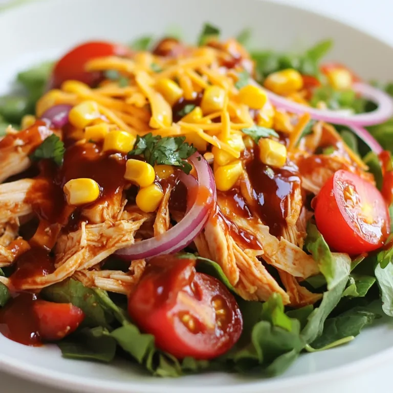 To make a tasty Barbecue Ranch Chicken Salad, gather these key ingredients: - 2 cups cooked chicken breast, shredded - 4 cups mixed salad greens (romaine, spinach, arugula) - 1 cup cherry tomatoes, halved - 1 cup corn kernels (fresh or canned) - 1 red bell pepper, diced - 1/2 cup shredded cheddar cheese - 1/4 cup red onion, thinly sliced - 1/2 cup barbecue sauce - 1/2 cup ranch dressing - Salt and pepper to taste - Fresh cilantro, chopped (for garnish) These ingredients build a salad full of flavor and texture. The chicken adds protein, while the greens give freshness. You can modify this salad to fit your taste. Try adding: - Avocado for creaminess - Jalapeños for heat - Black beans for extra protein - Croutons for crunch Feel free to mix and match. Each addition can make your salad unique and exciting! {{ingredient_image_1}} Start by shredding your cooked chicken breast. I like to use leftover chicken for this. In a large mixing bowl, add the shredded chicken and pour in the barbecue sauce. Mix well to coat every piece. Let it sit for about 10 minutes. This helps the chicken soak up the sauce. Next, grab a large serving bowl. Begin with the mixed salad greens. I love a mix of romaine, spinach, and arugula for this salad. They add great color and texture. Now, layer the halved cherry tomatoes, corn kernels, and diced red bell pepper on top. Sprinkle the shredded cheddar cheese and sliced red onion over the salad. After the chicken has marinated, it's time to add it on top. Spread it evenly across the salad. Drizzle ranch dressing over the whole salad. Use as much or as little as you like. Season with salt and pepper to taste, then gently toss the salad to mix everything. If you want a pretty look, serve it as a composed salad. Finish by garnishing with freshly chopped cilantro for a pop of flavor. Enjoy your colorful and tasty barbecue ranch chicken salad! To boost the taste of your Barbecue Ranch Chicken Salad, use smoked barbecue sauce. The smoky notes add depth. You can also mix in some spices like paprika or cayenne for a kick. Adding fresh herbs, like cilantro or parsley, brightens the dish. A squeeze of lime juice gives it a fresh zing. For a crunchy texture, add toasted nuts or seeds. Sunflower seeds or sliced almonds work well. If you like it creamy, mix in avocado. It adds richness and makes the salad more filling. Use fresh corn instead of canned for a crisp bite. To save time, use pre-cooked rotisserie chicken. Shred it quickly for easy prep. Chop your veggies in advance and store them in the fridge. This makes assembly fast. You can also buy pre-washed salad greens. This cuts down on washing and drying time. Pro Tips Marinate for Flavor: Allow the shredded chicken to marinate in barbecue sauce for at least 10 minutes to enhance its flavor before adding it to the salad. Fresh Ingredients: Use fresh vegetables for the best texture and flavor. If possible, opt for fresh corn instead of canned for added sweetness. Customize Your Dressings: Feel free to mix the barbecue sauce and ranch dressing to create a unique flavor, or try different dressings like a creamy avocado or cilantro lime dressing. Presentation Matters: For a beautiful presentation, layer the ingredients rather than tossing them. This makes for a stunning display that’s perfect for serving guests. {{image_2}} If you want to switch up the protein, you have many options. You can use grilled shrimp or diced turkey instead of chicken. Both choices add great flavor. For a lighter option, try poached salmon. It brings a nice taste and pairs well with the dressings. Tofu is another great choice for a plant-based twist. Just make sure to marinate it to boost the flavor. To make this salad vegan, swap out the chicken for chickpeas or black beans. They add protein and texture. Use a vegan barbecue sauce and ranch dressing to keep it plant-based. You can also add avocado for creaminess. For a vegetarian option, you can keep the chicken but use a dairy-free cheese. This keeps the dish flavorful while meeting dietary needs. Feel free to get creative with dressings. Instead of ranch, try blue cheese or a honey mustard dressing. Both will change the flavor and make it unique. If you want a spicier kick, mix in some sriracha with the ranch. For toppings, consider adding crispy bacon bits or sunflower seeds. These add crunch and extra flavor. Don't hesitate to experiment with fresh herbs like basil or dill for a fresh twist. Store leftover Barbecue Ranch Chicken Salad in an airtight container. Keep it in the fridge. It stays fresh for up to three days. Make sure to cover it well. This helps keep the flavors intact. If you can, separate the dressing from the salad. This prevents sogginess. For long-term storage, you can freeze the chicken salad. Place it in a freezer-safe container. Use it within three months for the best taste. When freezing, leave out the greens and dressing. Add those fresh when you are ready to eat. To reheat the chicken, warm it in the microwave. Use a microwave-safe dish. Heat it for one to two minutes. Check to make sure it is hot all the way through. If you froze the salad, thaw it overnight in the fridge before reheating. Always serve the salad cold, as heating the greens can change their texture. Yes, you can use rotisserie chicken. It saves time and adds flavor. Just shred the chicken and mix it with barbecue sauce. This will make it juicy and tasty. Yes, this salad can be gluten-free. Just check the barbecue sauce and ranch dressing labels. Some brands add gluten ingredients. Choose gluten-free options to keep it safe. You can prepare the salad ahead. Keep the chicken and salad separate. Mix them together when ready to serve. This keeps the greens fresh and crisp. Add the dressing just before serving for the best taste. This blog post covered all you need for a tasty chicken salad. We explored the right ingredients, step-by-step instructions, and helpful tips. Customizing the recipe lets you make it your own. You can try different proteins, vegan options, or dressings. Also, we shared how to store and reheat the salad safely. Now, you have the tools to create a flavorful dish anytime. Enjoy making this salad your own!