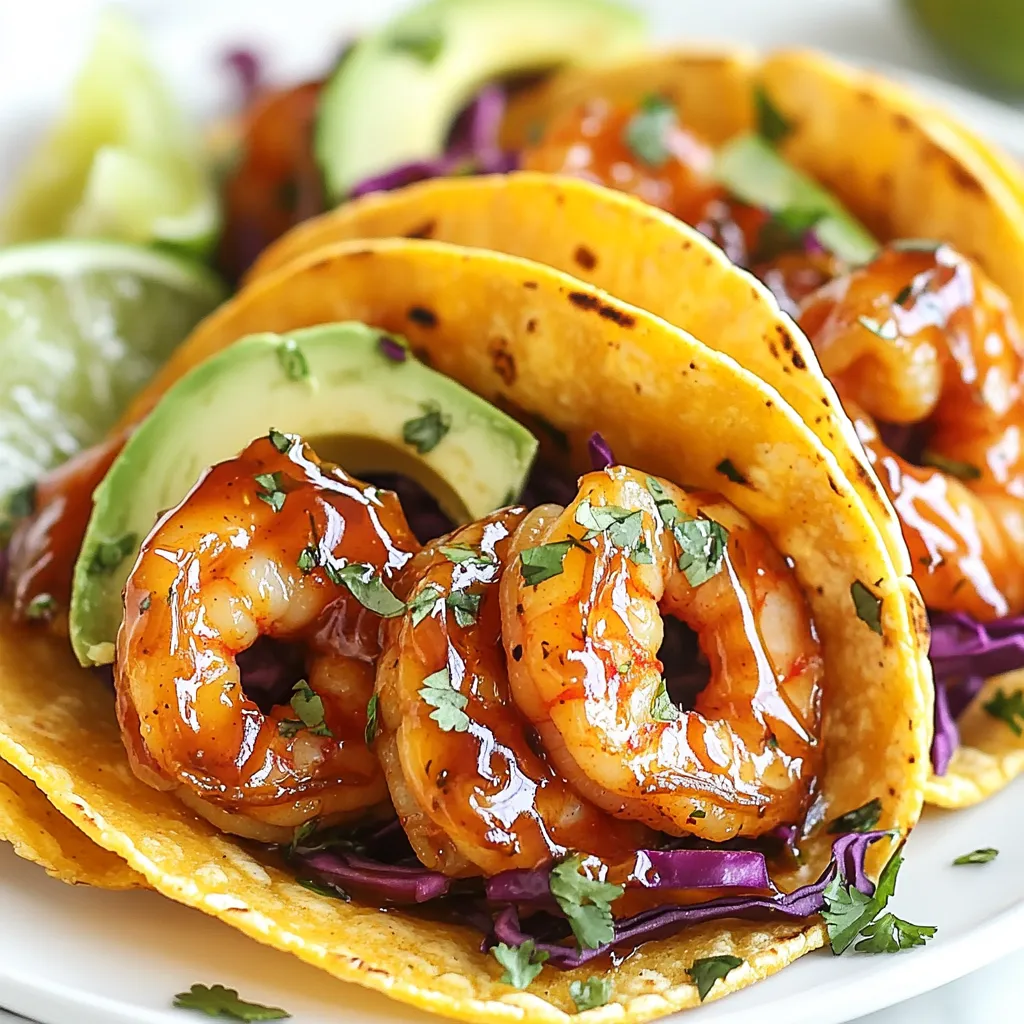 - 1 lb large shrimp, peeled and deveined - 1/4 cup sweet chili sauce - 1 tablespoon olive oil - 1 teaspoon garlic powder - 1/2 teaspoon paprika - 8 small corn tortillas - 1 avocado, sliced - 1 cup red cabbage, thinly sliced - 1/4 cup fresh cilantro, chopped - Juice of 1 lime - Salt and pepper to taste Fresh ingredients make a big difference in flavor. Always choose shrimp that smells clean and looks bright. Look for firm shrimp with a slight sheen. Fresh herbs like cilantro should be vibrant and green. For the cabbage, choose heads that feel heavy and tight. Fresh corn tortillas will taste better, so grab those from a local market if you can. You can easily adapt this recipe. For a gluten-free option, use corn tortillas. If you're allergic to shrimp, try chicken or tofu instead. For vegan tacos, swap shrimp for firm tofu and use a vegan sweet chili sauce. If you want less spice, reduce the garlic powder and paprika. {{ingredient_image_1}} Start by taking a mixing bowl. Add the shrimp, sweet chili sauce, olive oil, garlic powder, paprika, salt, and pepper. Mix it well. Make sure all the shrimp get coated evenly. Let the shrimp marinate for 15 minutes. This step adds great flavor. Heat a non-stick skillet over medium heat. Once the skillet is hot, add the marinated shrimp. Cook them for 2-3 minutes on each side. Look for the shrimp to turn opaque. Avoid overcrowding the skillet. If you have too many shrimp, cook them in batches. This way, they cook evenly. Use another skillet or the microwave to warm the corn tortillas. If using a skillet, heat it on low. Place the tortillas in the skillet for about 30 seconds. If using the microwave, warm them for the same time. Warm tortillas make a big difference. They hold the filling better and taste great. Marinating shrimp is simple. First, mix shrimp with sweet chili sauce, olive oil, garlic powder, paprika, salt, and pepper. Ensure the shrimp is well-coated. Let it sit for about 15 minutes. This allows the flavors to soak in. If you have more time, marinate for up to an hour. For extra zing, add lime juice to the marinade. Overcooking shrimp can ruin their texture. Cook the shrimp for only 2-3 minutes on each side. Watch for the shrimp to turn opaque and curl slightly. If they look rubbery, they are overcooked. Use a non-stick skillet and avoid overcrowding. If needed, cook in batches. This helps maintain even cooking and flavor. Presentation matters! Warm corn tortillas before adding shrimp. Arrange shrimp in the center of each tortilla. Top with sliced avocado, red cabbage, and fresh cilantro. Squeeze lime juice on top for a fresh kick. Serve the tacos on a colorful platter. This not only looks good but also enhances the meal experience. Enjoy each bite! Pro Tips Marinate Longer for More Flavor: If time allows, marinate the shrimp for 30 minutes to an hour for a deeper flavor infusion. Perfectly Cooked Shrimp: Keep an eye on the shrimp while cooking; they cook quickly and should be removed from heat as soon as they turn opaque. Warm Tortillas: For a more authentic taste, warm the tortillas in a dry skillet instead of the microwave. Customize Your Toppings: Feel free to add other toppings like diced tomatoes, jalapeños, or a drizzle of lime crema for extra flavor. {{image_2}} You can switch shrimp for other proteins. Chicken works well. Use boneless chicken thighs or breasts. Cut them into strips and marinate like shrimp. Tofu is a great choice for a meatless meal. Press it to remove extra water and cut it into cubes. Then, marinate and cook just as you would with shrimp. This makes a tasty option for everyone. Toppings can take your tacos to the next level. Try adding fresh mango salsa for a sweet touch. Dice mango, red onion, and jalapeño for a zesty mix. You can also use pineapple for a fruity twist. Other veggies like bell peppers or radishes add crunch and color. Don't skip the lime juice; it brightens all the flavors. Want more heat? Add sliced jalapeños or a dash of hot sauce. You can also mix in cayenne pepper with the marinade. For dietary needs, use gluten-free tortillas instead of corn ones. Always check for allergens in sauces and toppings. This way, you keep your meal safe and delicious for everyone. To store leftover shrimp, place it in an airtight container. Make sure it cools first. This keeps the shrimp fresh and avoids any strong odors. You can also wrap it tightly in plastic wrap. For reheating, warm shrimp in a skillet over medium heat. This takes about 2-3 minutes. You can also use the microwave for quick heating. Heat the tortillas for about 30 seconds until warm. Sweet chili shrimp tacos last up to three days in the fridge. After that, they may lose flavor and texture. Ensure you store them properly to keep them tasty. The best shrimp for tacos is large, peeled, and deveined shrimp. These shrimp cook evenly and are easy to handle. I prefer using wild-caught shrimp for better flavor and texture. Farmed shrimp can be a good option too, but check for quality. Always look for shrimp with a fresh smell and firm texture. Yes, you can prepare some parts ahead of time. Marinate the shrimp a few hours before cooking. This will help the flavors blend well. You can also slice the avocado and shred the cabbage earlier in the day. However, I recommend cooking the shrimp fresh for the best taste. Assemble the tacos just before serving for a crisp, fresh bite. Shrimp tacos go well with many sides. Here are some great options: - Mexican rice - Black beans - Grilled corn on the cob - Fresh salsa - Guacamole - A light green salad with lime dressing These sides will complement the sweet chili shrimp and add great flavor to your meal. Enjoy! Sweet Chili Shrimp Tacos are simple and tasty. I shared the key ingredients and tips for fresh, quality flavors. You learned how to cook shrimp just right. I gave you options for proteins and toppings to suit any taste. Storing and reheating leftovers was also covered. This recipe is fun and flexible. Explore variations as you like. Enjoy your cooking journey!