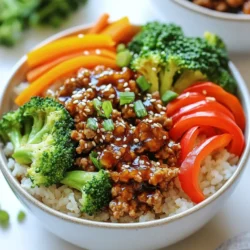 - 1 lb ground turkey - 1/4 cup low-sodium soy sauce - 2 cups broccoli florets - 1 red bell pepper, sliced - 1 carrot, julienned For this dish, ground turkey is your star. It cooks quickly and absorbs flavors well. I love using low-sodium soy sauce. It gives the dish a rich taste without too much salt. Fresh vegetables add color and crunch. Broccoli, red bell pepper, and carrot are my favorites. They cook fast and add nutrients. - 2 tablespoons honey - 1 tablespoon rice vinegar - 1 tablespoon sesame oil Honey adds a bit of sweetness to balance the saltiness of soy sauce. Rice vinegar gives a nice tang. Sesame oil adds a rich, nutty flavor. These three ingredients make the teriyaki sauce special. - Sesame seeds - Green onions Garnishes take your meal to the next level. Sesame seeds add a slight crunch. Green onions bring freshness and color. These toppings make the meal look pretty and taste even better. {{ingredient_image_1}} 1. In a large bowl, mix together the low-sodium soy sauce, honey, and rice vinegar. This will form the base of our teriyaki sauce. 2. Next, add the minced garlic and grated ginger to the bowl. Both ingredients add great flavor and aroma to the sauce. 3. Stir everything until well combined. Set the teriyaki sauce aside for later use. 1. In a skillet over medium heat, add the ground turkey. Cook it until it turns brown and is fully done, which takes about 5-7 minutes. 2. If there's excess fat, drain it off to keep the dish lighter. 3. Pour the teriyaki sauce over the cooked turkey. Stir it well and let it simmer for 2-3 minutes. This helps the turkey absorb all the tasty flavors. 1. For the veggies, you can steam the broccoli florets, sliced bell pepper, and julienned carrot. You can use a pot or microwave for this. 2. Steam them until they are tender but still crisp, which usually takes about 3-5 minutes. This keeps the vegetables fresh and bright in color. 1. Start by adding a scoop of cooked brown rice to your meal prep container. This forms the base of your bowl. 2. Next, top the rice with the teriyaki turkey. Make sure to cover a good portion of the rice. 3. Add a generous amount of the steamed vegetables on the side. 4. For a nice touch, garnish each bowl with a sprinkle of sesame seeds and sliced green onions. This enhances both flavor and appearance. 5. Let the bowls cool before sealing them. Then store them in the refrigerator for your meal prep. To keep your turkey juicy, do not overcook it. Ground turkey cooks fast, so check it often. When you brown the turkey, aim for a nice golden color. This way, it keeps flavor locked in. After cooking, drain any excess fat. This step helps the sauce stick better. For sauce thickness, simmer it a bit longer after adding it to the turkey. This lets it coat the meat nicely. If you like a thicker sauce, cook it for a few extra minutes. You can also add a cornstarch slurry for quick thickening. Mix one tablespoon of cornstarch with two tablespoons of water, then stir it in. When prepping meals, keep it simple and organized. Start by cooking all your ingredients first. This includes the turkey and veggies. Once done, divide everything into containers. Use glass or BPA-free plastic containers for storage. They help keep the food fresh. Look for containers with tight lids to prevent spills. Label each container with the date. This helps you track freshness. It’s best to eat your meal prep bowls within four days. If you want to store them longer, consider freezing some portions. Want to spice things up? You can add red pepper flakes or Sriracha for heat. A splash of lime juice gives a fresh taste too. Try adding a dash of five-spice powder for depth. Incorporating other vegetables makes your bowls colorful and healthy. Snap peas, zucchini, or green beans work great. Just steam them slightly before adding. This keeps them crisp and vibrant. Pro Tips Use Fresh Ingredients: Fresh vegetables and herbs will enhance the flavor and nutritional value of your meal prep bowls. Always choose seasonal produce for the best taste. Customize Your Veggies: Feel free to swap out the vegetables based on your preference or what you have on hand. Snow peas, zucchini, or snap peas would also work well in this recipe. Make Extra Sauce: If you love the teriyaki sauce, consider making a double batch. You can use it for other dishes throughout the week, adding a delicious flavor boost. Meal Prep Storage: Use airtight containers to keep your meal prep bowls fresh for longer. Glass containers are ideal as they are microwave-safe and help maintain the quality of your food. {{image_2}} You can swap out ground turkey for chicken or tofu. Chicken has a mild taste and cooks quickly. It works well with the teriyaki sauce. Use boneless chicken thighs for a juicy option. If you want to go plant-based, tofu is a great choice. Firm tofu holds its shape well when cooked. Just press it first to remove excess water. For a vegetarian twist, try tempeh or seitan. Both absorb flavors nicely and add protein to your meal. You can change up the grains in your meal prep bowls. Instead of brown rice, consider quinoa. Quinoa is a protein-rich grain and cooks quickly. Jasmine rice is another option for a fragrant touch. It has a soft texture and pairs well with teriyaki. For a low-carb choice, try cauliflower rice. It cooks fast and adds a nice crunch. Play with the flavors of your teriyaki sauce! You can make a sweet and sour version by adding pineapple juice. This adds a fruity taste that brightens up the dish. For those who love heat, add red pepper flakes or sriracha. This gives a spicy kick that balances the sweetness of the sauce. Experimenting with these variations keeps your meals exciting and fresh. How long will it last in the fridge? Turkey teriyaki meal prep bowls can last in the fridge for up to four days. Store them in airtight containers to keep them fresh. Best practices for reheating When reheating, take the bowls out of the fridge. Remove any garnishes like green onions or sesame seeds. Heat in the microwave for 1-2 minutes, stirring halfway through. This helps heat all parts evenly. Tips for freezing and thawing meal prep bowls To freeze, place the cooled bowls in freezer-safe containers. Make sure to leave some space at the top. This allows the food to expand. They can last in the freezer for up to three months. To thaw, put the bowls in the fridge overnight before reheating. Ideal methods to maintain texture and flavor The best way to reheat is in the microwave. Heat for short bursts of time, stirring in between. This keeps the turkey moist and the veggies crisp. You can also reheat on the stove over low heat, adding a splash of water to help steam the veggies. Yes, you can make these bowls ahead of time. I suggest prepping them on a Sunday. This way, you have meals ready for the week. The teriyaki turkey stays tasty for about four days in the fridge. Store the rice and turkey separately to keep them fresh. You can mix them before eating. This helps the rice not get soggy. To make this dish low-carb, swap brown rice for cauliflower rice. Cauliflower rice cooks fast and has fewer carbs. You can also use zucchini noodles or just skip the grains. This way, you keep the veggies and protein while cutting carbs. Enjoy the same great flavors with fewer carbs. If you want a different protein, use ground chicken or ground beef. Both cook in about the same time. You can also use tofu for a vegetarian option. Just ensure to press it to remove excess water. Cook it until it’s golden for a nice texture. Yes, but you need to use gluten-free soy sauce. Look for brands like Tamari or coconut aminos. These options taste great and keep the dish gluten-free. Always check the labels to be sure. This way, everyone can enjoy the meal without worries. This blog post explored how to create delicious Turkey Teriyaki Meal Prep Bowls. We covered the main ingredients like ground turkey and fresh veggies, along with pantry staples for the sauce. I shared step-by-step instructions to make the sauce, cook the turkey, and steam the vegetables. Don't forget the tips for meal prepping and flavor enhancements. Meal prep makes healthy eating easier and more fun. Use my guide to create versatile meals that suit your taste. Enjoy cooking and make it your own!