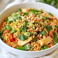 - 200g ramen noodles - 2 boneless chicken breasts, sliced - 1 cup snap peas - 1 red bell pepper, thinly sliced To make this dish, you need the main ingredients first. Ramen noodles serve as the base. They cook fast and soak up flavors well. Chicken breasts add protein and richness. Snap peas and red bell pepper bring crunch and color. Each ingredient plays a key role in the overall taste and texture. - 2 tablespoons peanut butter (smooth or crunchy) - 2 tablespoons soy sauce - 1 tablespoon honey - 1 tablespoon sriracha (adjust to taste) Next, gather your pantry staples. Peanut butter gives the dish its creamy texture. Soy sauce adds saltiness and umami. Honey balances the flavors with sweetness. Sriracha adds heat, so you can adjust it to your liking. These ingredients create the flavorful peanut sauce. - 2 green onions, chopped (for garnish) - Crushed peanuts (for garnish) - Fresh cilantro (for garnish) Finally, let's talk about garnishes. Chopped green onions add freshness and a mild bite. Crushed peanuts give an extra crunch. Fresh cilantro brings a herbaceous note. These garnishes not only look nice but also enhance the dish's flavor. {{ingredient_image_1}} Boiling the Water Start by filling a large pot with water. Place it on the stove over high heat. Bring the water to a full boil. This step is crucial for cooking the noodles perfectly. Cooking Time Once the water boils, add the ramen noodles. Cook them according to the package instructions, usually about 3-4 minutes. You want them al dente, so they have a slight bite. After cooking, drain the noodles and set them aside. Browning the Chicken In a large skillet or wok, heat 1 tablespoon of vegetable oil over medium-high heat. Add the sliced chicken breasts to the skillet. Cook the chicken for about 5-7 minutes. Make sure it is browned and cooked through. This step adds great flavor. Removing from Skillet Once the chicken is done, take it out of the skillet and set it aside. You will add it back later. Keep the delicious juices in the skillet for the next steps. Sauteing Garlic and Ginger In the same skillet, add 3 minced garlic cloves and 1 inch of grated ginger. Sauté for about 30 seconds. This will fill your kitchen with an amazing aroma. Incorporating Liquid Ingredients Now, pour in 2 cups of chicken broth. Bring it to a simmer. Stir in 2 tablespoons of peanut butter, 2 tablespoons of soy sauce, 1 tablespoon of sriracha, and 1 tablespoon of honey. Mix well until the peanut butter melts and blends in. This sauce will be rich and creamy. Now, you are ready to combine everything and create a wonderful meal! To get the best ramen, cook the noodles just right. Follow the package instructions closely. I like to boil them for about 3-4 minutes. This ensures they stay firm, or al dente. After cooking, drain them well. Rinse with cold water to stop the cooking process. This helps keep them chewy and perfect for your dish. Do you love spice? I sure do! You can easily boost the heat. Start with 1 tablespoon of sriracha. Then, taste your dish. If you want more kick, add another tablespoon. Mix it well and taste again. This way, you can control the spice to fit your taste. Want to make your ramen even better? You can add extra seasonings. Try a splash of lime juice for brightness. Fresh herbs like basil or mint can add a nice twist. If you have sesame oil, a drizzle can bring depth. Don't be afraid to experiment with flavors. Each addition can make your ramen unique! Pro Tips Adjusting Spice Level: If you prefer a milder dish, start with less sriracha and add more to taste at the end. This way, you can control the heat to your liking. Choosing Noodles: While ramen noodles are traditional, feel free to substitute with udon or soba noodles for a different texture and taste. Protein Variations: This recipe works well with other proteins such as shrimp, tofu, or beef. Adjust the cooking time accordingly based on the protein you choose. Fresh Ingredients: Using fresh vegetables like snap peas and bell peppers not only enhances flavor but also adds a vibrant color to your dish, making it more appetizing. {{image_2}} If you want a vegetarian dish, simply replace the chicken with tofu. Use firm tofu for the best texture. Start by pressing the tofu to remove excess water. Cut it into small cubes. Sauté the tofu in the skillet until it’s golden brown. Follow the rest of the recipe as usual. This swap keeps the dish tasty and filling. For a gluten-free version, swap out the ramen noodles for rice noodles. Rice noodles cook quickly and absorb flavors well. Also, use gluten-free soy sauce in place of regular soy sauce. This keeps the dish safe for those with gluten sensitivity while still delivering great taste. You can use shrimp or beef instead of chicken for a different protein. For shrimp, cook them until they turn pink and firm. For beef, thinly slice it and cook until browned. Both options add a new flavor while staying true to the spicy peanut sauce. Store any leftovers of your spicy peanut chicken ramen in an airtight container. Make sure to let it cool down first. This dish keeps well in the fridge for about 3 days. When you’re ready to enjoy it again, check for any signs of spoilage before reheating. To freeze your ramen, separate the noodles from the broth and chicken. Place the broth and chicken in one container and the noodles in another. They can last in the freezer for up to 2 months. When you want to eat it, thaw everything overnight in the fridge. For the best taste, reheat the broth on the stove. Use medium heat and stir often. For the noodles, you can heat them in boiling water for a minute. Combine them with the broth and chicken, and enjoy your meal hot. If it seems too thick, add a splash of water or broth to loosen it up. Yes, you can use instant ramen noodles. They are quick and easy. Just cook them separately in boiling water. Follow the package instructions for the cooking time. Once cooked, drain and set them aside. This helps keep the noodles from getting mushy in the broth. For this dish, you can use either smooth or crunchy peanut butter. Smooth peanut butter blends well into the sauce, making it creamy. Crunchy peanut butter adds texture and little bites of peanuts. Choose the one you like best for your flavor and texture. If you want more heat, add extra sriracha. Start with a small amount and taste as you go. You can also try adding red pepper flakes or fresh chopped chili peppers. These options will give your ramen a nice kick. Adjust the spice to match your taste. This blog post guides you through a delicious ramen recipe. You learned about key ingredients like ramen noodles, chicken, and vegetables. We also covered the pantry staples you need: peanut butter, soy sauce, and honey. I shared step-by-step instructions to prepare the meal and tips to ensure perfect texture and flavor. Variations allow for vegetarian or gluten-free options. Finally, storage tips help you keep leftovers fresh. Enjoy making this dish your own!