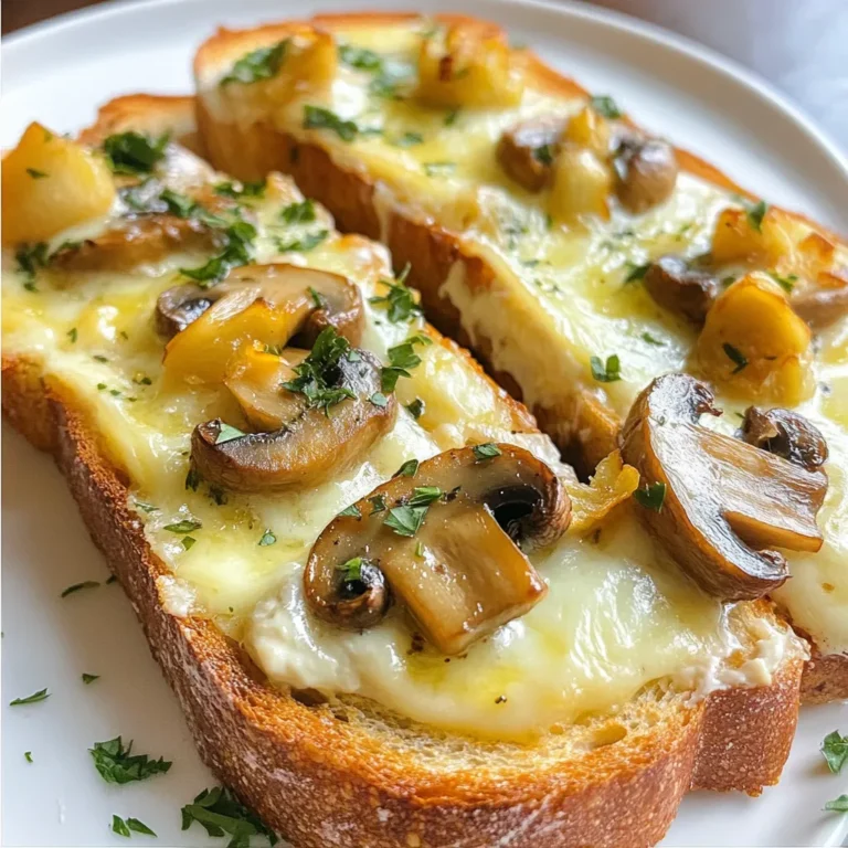 To make cheesy mushroom garlic toast, gather these ingredients: - 200g button mushrooms, sliced - 2 tablespoons olive oil - 3 cloves garlic, minced - Salt and pepper to taste - 1 teaspoon dried thyme - 1 tablespoon fresh parsley, chopped (optional) - 1 cup shredded mozzarella cheese - 1 cup cream cheese, softened - 4 slices of crusty bread (such as sourdough or baguette) - 1 tablespoon balsamic vinegar (for drizzling, optional) You can swap some ingredients if needed. Use any mushrooms you like. Shiitake or portobello work well. If you do not have olive oil, try butter or avocado oil. For cheese, you can use cheddar or gouda instead of mozzarella. If you want a lighter version, use low-fat cream cheese. Fresh parsley can be replaced with chives or basil if you prefer. When choosing mushrooms, look for firm ones without dark spots. They should smell earthy and fresh. For garlic, pick bulbs that are dry and firm. Avoid any that feel soft. Bread should be crusty and fresh. If you can, buy it from a local bakery. This will give your toast a great texture and flavor. Check for bright green herbs to ensure freshness. {{ingredient_image_1}} Start by preheating your oven to 200°C (400°F). This helps the toast get nice and crispy. While the oven heats, gather your ingredients. You will need button mushrooms, olive oil, garlic, salt, pepper, thyme, parsley, mozzarella cheese, cream cheese, and crusty bread. In a skillet, heat 2 tablespoons of olive oil over medium heat. Add 3 cloves of minced garlic. Sauté for about 30 seconds. You want it fragrant, not browned. Next, add 200g of sliced mushrooms, 1 teaspoon of dried thyme, and salt and pepper to taste. Cook for about 5-7 minutes. Stir occasionally until the mushrooms soften and turn golden. If you like, stir in 1 tablespoon of chopped fresh parsley after removing from heat. Now, toast 4 slices of crusty bread in the oven for about 5 minutes. You want them lightly golden. In a bowl, mix 1 cup of softened cream cheese until smooth. Fold in half of the 1 cup of shredded mozzarella cheese. Spread this mixture evenly over each slice of toast. Next, top each slice with the mushroom and garlic mix. Make sure to distribute it evenly. Finally, sprinkle the remaining mozzarella cheese on top. Place the toasts back in the oven. Bake for an additional 8-10 minutes. You want the cheese bubbly and slightly browned. If you like, drizzle with balsamic vinegar before serving. Enjoy your cheesy mushroom garlic toast! To make the best cheesy mushroom garlic toast, focus on quality. Use fresh button mushrooms for a rich flavor. When cooking, keep the heat medium. This helps the garlic release its scent but prevents burning. Stir the mix often to cook the mushrooms evenly. The key to the creamy texture is mixing the cream cheese well. Blend in half of the mozzarella for a cheesy delight. Toast the bread until it's golden but not hard. This gives a nice crunch without losing softness. One big mistake is overcooking the garlic. It should smell good but not turn brown. Avoid using too much salt; it can overpower the dish. Make sure to let the mushroom mix cool slightly before spreading it on the toast. This keeps the bread from getting soggy. Lastly, don’t skip the balsamic drizzle if you want a pop of flavor. It adds a sweet and tangy touch. To make this recipe easier, use a few simple tools. A skillet helps cook the mushrooms and garlic perfectly. A mixing bowl is great for blending the cream cheese and mozzarella. Use a pastry brush for drizzling olive oil on the bread. A baking sheet will hold the toasts in the oven. Finally, a good spatula helps to spread the cheese mix without making a mess. With these tools, you’ll create a tasty treat every time. Pro Tips Use Fresh Ingredients: Always opt for fresh mushrooms and herbs to enhance the flavor profile of your toast. Experiment with Cheeses: Feel free to mix different types of cheeses for a more complex flavor; try adding some sharp cheddar or creamy goat cheese. Customize Your Toppings: Add additional toppings like sliced tomatoes, olives, or even a sprinkle of chili flakes for a kick. Serving Suggestions: Serve with a side salad or soup for a complete meal that's perfect for lunch or dinner. {{image_2}} You can easily boost this recipe with proteins. If you like chicken, cook small pieces in the skillet. Add them when you mix in the mushrooms. For bacon lovers, crisp up some bacon and crumble it on top. Both options add great flavor and make the toast more filling. If you want a vegetarian version, skip the meat and stick with the mushrooms. You can also use vegan cream cheese and vegan mozzarella. This keeps the dish rich and creamy without dairy. Another fun idea is to add cooked spinach or arugula for a fresh taste. While mozzarella is great, feel free to try other cheeses. Cheddar adds sharpness, while gouda gives a smoky flavor. For a tangy twist, use goat cheese. Mix different cheeses for a fun flavor explosion. Just remember to keep the total amount around one cup for the best results. After enjoying your cheesy mushroom garlic toast, store any leftovers in an airtight container. This keeps them fresh. Place the container in the fridge. They will stay good for about three days. If you want the best taste, eat them within one or two days. To reheat your cheesy mushroom garlic toast, preheat your oven to 180°C (350°F). Place the toasts on a baking sheet. Heat them for about 10 minutes. This method keeps the bread crispy and the cheese melty. You can also use a microwave, but the bread may get soft. Heat on high for about 30 seconds, but check often. You can freeze the cheesy mushroom garlic toast for later. Wrap each toast in plastic wrap and then in foil. This helps prevent freezer burn. Store them in the freezer for up to two months. When ready to eat, remove the wrapping. Let them thaw in the fridge overnight. Then, reheat in the oven as described above. This way, you can enjoy a tasty treat anytime! To make cheesy mushroom garlic toast healthier, you can start by using whole grain bread. Whole grain bread has more fiber than white bread. You can also reduce the amount of cheese. Use just half a cup of mozzarella. It will still taste great! Adding more mushrooms can help, too. Mushrooms are low in calories and high in nutrients. You can also skip the cream cheese or use a low-fat version. Drizzling less balsamic vinegar can cut some sugar. Yes, you can use other types of bread. Sourdough and baguette are classic choices, but you can try whole grain, rye, or ciabatta. Each type of bread adds its own flavor and texture. If you want a gluten-free option, use gluten-free bread. Just make sure it can hold the toppings. Toasting the bread first helps it stay crunchy. This way, your cheesy mushroom garlic toast will not get soggy. Cheesy mushroom garlic toast pairs well with many dishes. A fresh salad is a great choice. You can make a simple green salad with lettuce and tomatoes. A side of soup, like tomato or vegetable, also works well. If you want something heartier, serve it with pasta. A light pasta dish with olive oil and herbs complements the toast nicely. For a snack or appetizer, serve it with a cheese platter. This makes it perfect for gatherings or casual meals. This blog post covered how to make cheesy mushroom garlic toast. We went over the needed ingredients, tips for freshness, and substitutions. You learned step-by-step how to prepare and bake your toast. We also shared helpful tips, common mistakes, and variations for your dish. Lastly, we discussed storage and answered key questions. With this knowledge, you can create a delicious meal that suits your taste and needs. Enjoy cooking and experimenting!