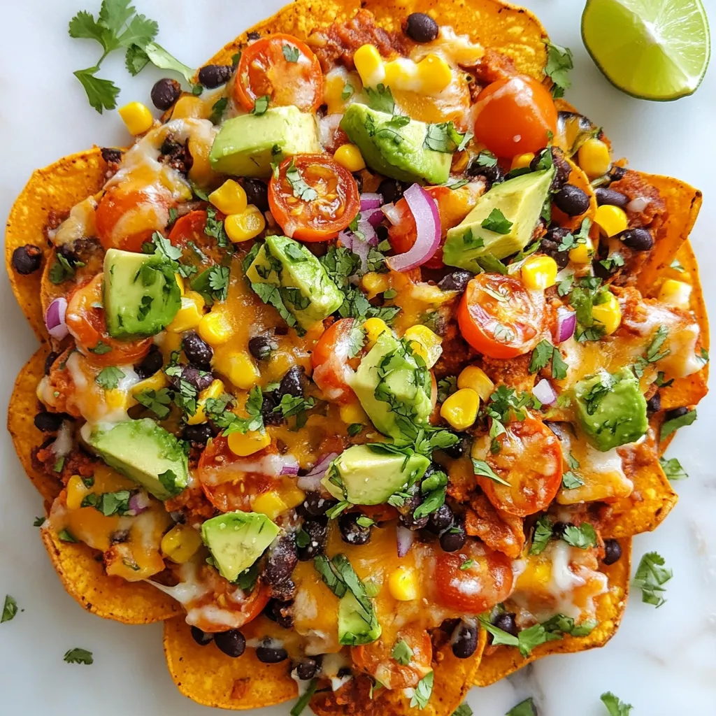 To make Loaded Sweet Potato Nachos, start with these key items: - 2 large sweet potatoes - 1 tablespoon olive oil - 1 teaspoon chili powder - 1/2 teaspoon garlic powder - 1/2 teaspoon cumin - Salt and pepper to taste - 1 cup black beans, drained and rinsed - 1 cup corn, canned or frozen - 1 cup cherry tomatoes, halved - 1 avocado, diced - 1/2 cup red onion, finely chopped - 1/2 cup shredded cheese (cheddar or a dairy-free alternative) - Fresh cilantro, chopped (for garnish) - Lime wedges (for serving) These ingredients come together to create a delicious snack or light meal. The sweet potatoes act as a tasty base, while the toppings add flavor and texture. You can mix and match the toppings based on what you like. This recipe is simple to follow, and you can feel good knowing it's healthy too. Use fresh, quality ingredients for the best taste. {{ingredient_image_1}} Start by washing the sweet potatoes. Use clean water to scrub off any dirt. Once clean, slice the sweet potatoes into thin rounds or wedges, about 1/4 inch thick. Aim for even slices so they cook well. Next, toss the slices in a large bowl. Add 1 tablespoon of olive oil, 1 teaspoon of chili powder, 1/2 teaspoon of garlic powder, and 1/2 teaspoon of cumin. Sprinkle in salt and pepper to taste. Mix until all slices are coated. This will add great flavor. Now, arrange the sweet potato slices in a single layer on a baking sheet. Use parchment paper to help with easy cleanup. Make sure the slices do not overlap. This helps them bake evenly. Set your oven to 425°F (220°C) and bake for 20-25 minutes. Flip the slices halfway through to ensure they get crispy on both sides. You want them golden brown and crunchy for the best nacho experience. While the sweet potatoes bake, prepare your toppings. In a bowl, mix together 1 cup of black beans, 1 cup of corn, 1 cup of halved cherry tomatoes, 1 diced avocado, and 1/2 cup of finely chopped red onion. Season this mixture lightly with salt and pepper. This will add color and texture to your nachos. Once the sweet potatoes are done, take them out of the oven. Sprinkle 1/2 cup of shredded cheese over the top. Return them to the oven for another 5 minutes. This will melt the cheese and make it bubbly. After the cheese melts, remove the nachos from the oven. Top them generously with your black bean and corn mixture. Don’t forget to garnish with fresh cilantro. Serve with lime wedges on the side for a bright finish. Enjoy your loaded sweet potato nachos! To get the best texture from your sweet potatoes, cut them evenly. Slice them into rounds or wedges that are about 1/4 inch thick. This size helps them cook evenly. When they cook, they will turn crispy on the outside and soft on the inside. For crispy nachos, make sure to space the sweet potato slices on the baking sheet. Avoid crowding them; this keeps them from steaming. Flip the slices halfway through baking to help with browning. Bake them at 425°F for 20-25 minutes. Watch for golden edges, which means they are ready. To make your nachos pop with flavor, try adding spices. A little chili powder gives a nice kick. You can also mix in smoked paprika for a deeper taste. Garlic powder and cumin add warmth and richness. Don’t forget the toppings! Add fresh ingredients like diced avocado and halved cherry tomatoes. You can also sprinkle on some chopped red onion for a crunchy bite. For an extra twist, try adding jalapeños or radishes. These toppings make your nachos unique and delicious! Pro Tips Cut Evenly: Ensure that your sweet potatoes are sliced to a uniform thickness for even cooking and crispiness. Layer Wisely: For the best nacho experience, layer your toppings evenly to ensure every bite is full of flavor. Cheese Alternatives: If you're looking for a dairy-free option, try using nutritional yeast or dairy-free cheese for a similar taste. Spice It Up: Feel free to add jalapeños or a drizzle of hot sauce for an extra kick of heat! {{image_2}} If you want to make these nachos vegan, replace the cheese. You can use dairy-free cheese. Some great options are cashew cheese or nutritional yeast. They add a nice cheesy flavor without any dairy. For toppings, use fresh ingredients. Try adding sliced jalapeños for heat. You can also use olives or pickled onions for extra flavor. Your nachos will still taste amazing without dairy. You can add protein to your nachos in many ways. Ground turkey or shredded chicken work well. If you prefer plant-based options, try lentils or tempeh. They add a hearty texture and flavor. Beans are a great way to boost protein. Black beans are a perfect match for sweet potatoes. You can also use pinto beans or chickpeas. They add creaminess and taste great with spices. Experiment with different beans to find your favorite mix. To keep your loaded sweet potato nachos fresh, follow these tips. First, let them cool completely. This helps prevent sogginess. Once cool, place them in an airtight container. You can store them in the fridge for up to three days. If you want to keep them longer, freeze them. Just remember, the texture may change when frozen. When reheating nachos, I suggest using the oven. Preheat it to 350°F (175°C). Spread the nachos on a baking sheet. Heat them for about 10-15 minutes. This helps restore their crispiness. If you want to keep the flavor, add a bit of lime juice before reheating. You’ll enjoy them just like fresh! Yes, you can prepare Loaded Sweet Potato Nachos ahead of time. Here’s how: - Cook the sweet potatoes: Bake them as directed and let them cool. - Store toppings separately: Keep your black beans, corn, and other toppings in the fridge. - Reheat before serving: When ready to eat, reheat the sweet potatoes and top them with your toppings. This makes it easy for you to enjoy the nachos without all the prep work later. If you want a change from sweet potatoes, here are some tasty options: - Regular potatoes: Use Russet or Yukon Gold for a classic taste. - Butternut squash: This adds a sweet and nutty flavor. - Zucchini: Sliced thin, zucchini makes a lighter nacho base. These bases provide great flavors and textures for your nachos. To kick up the heat in your nachos, try these tips: - Add jalapeños: Fresh or pickled jalapeños add a nice kick. - Use spicy cheese: Choose pepper jack cheese for extra spice. - Mix in hot sauce: Drizzle your favorite hot sauce over the top before serving. These simple changes will bring the heat to your tasty sweet potato nachos! This blog post covered how to make tasty loaded sweet potato nachos. We explored essential ingredients, step-by-step prep, and baking tips. I shared helpful tricks for achieving the best texture and flavor. Plus, I included variations for vegan options and different proteins. You now know how to store and reheat leftovers too. Sweet potato nachos are fun and easy to make. Enjoy experimenting with flavors and toppings to make them your own. Happy cooking!
