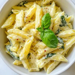 For this creamy spinach artichoke pasta, choose the right pasta. I like penne or fusilli. They hold sauce well and add a nice texture. For artichokes, you can use canned or fresh. Canned artichoke hearts are easy and quick. Just drain and chop them. Fresh artichokes take more time but offer a bright flavor. For cheese, I recommend cream cheese for smoothness. Parmesan adds a salty kick. You can also mix in mozzarella for a gooey finish. The essential seasonings for this dish are onion powder and garlic powder. They enhance the flavor without overpowering the other ingredients. If you like a bit of heat, add red pepper flakes. This spice can perk up the dish nicely. Fresh basil leaves are a must for garnish. They brighten up the pasta and add a lovely aroma. Plus, they make your dish look appealing! {{ingredient_image_1}} To cook pasta al dente, bring a large pot of salted water to a boil. Use plenty of water to give the pasta room to move. Add the pasta and cook according to the package instructions, usually around 8 to 10 minutes. Al dente means the pasta should be firm when you bite it. Reserving pasta water is key for the sauce. Before you drain the pasta, save about 1/2 cup of that starchy water. This water helps thicken your sauce and gives it a nice texture. When sautéing garlic, use medium heat to avoid burning it. Add minced garlic to the hot olive oil and watch it closely. It only needs about 1 minute to get fragrant but not brown. Burnt garlic tastes bitter and can ruin your dish. Next, add the chopped artichoke hearts and cook for 2 to 3 minutes. Then, toss in the fresh spinach. Stir it until the leaves wilt down and mix well with the artichokes. This step adds great flavor to your dish. To make a creamy sauce, reduce the heat to low after adding your cream and cheese. Start with the heavy cream and softened cream cheese. Mix them until smooth. Then, add the grated Parmesan, onion powder, garlic powder, salt, and pepper. Stir until everything blends nicely. If your sauce is too thick, use that reserved pasta water. Add it slowly until you reach the right consistency. A smooth sauce coats the pasta well and makes every bite delicious. - Overcooking the pasta: Cooking pasta too long makes it mushy. Follow the package time closely and taste it. It should be firm but not hard. Remember, it will cook more in the sauce. - Burning garlic and its effects: Garlic can go from tasty to bitter in seconds. Cook it for just one minute until it smells great. If it turns brown, start over. Your sauce will taste better this way. - Best pans for sautéing: A nonstick skillet works best for this dish. It helps prevent the sauce from sticking. A heavy-bottomed pan evenly cooks the garlic and veggies. - Recommended utensils for mixing: Use a wooden spoon or silicone spatula. They are gentle on your pans and help mix the sauce perfectly. A whisk can help blend the cream and cheese smoothly. - Complementary side dishes: Pair your pasta with a simple salad. A Caesar or mixed green salad adds freshness. Garlic bread is also a great choice for a cozy, comforting meal. - Wine pairings for Creamy Spinach Artichoke Pasta: A light white wine like Pinot Grigio works well. It matches the creamy sauce without overpowering it. For red lovers, a light Pinot Noir can also be nice. Pro Tips Use Fresh Spinach: Fresh spinach will wilt beautifully and provide a vibrant color and taste compared to frozen spinach. Adjust Creaminess: If you prefer a lighter sauce, substitute half of the heavy cream with chicken or vegetable broth for a delicious twist. Perfect Pasta Cooking: Always cook pasta in salted water; it enhances the flavor and helps prevent the pasta from becoming bland. Garnish for Freshness: Adding fresh basil not only enhances the dish's visual appeal but also adds a refreshing flavor contrast to the creamy sauce. {{image_2}} For those who need gluten-free options, you can use gluten-free pasta. Many brands offer great choices that taste delicious. You can find penne or fusilli made from rice or corn. These options work well in this creamy dish. If you want to make this recipe dairy-free, there are several alternatives. Use coconut cream or cashew cream instead of heavy cream. For cheese, try using dairy-free cream cheese and nutritional yeast for a cheesy flavor. These swaps make the dish creamy and satisfy those with dietary needs. Adding protein to your pasta can boost flavor and nutrition. Chicken, shrimp, or tofu are great options. For chicken, cook bite-sized pieces in the skillet until browned. Shrimp cooks quickly, so add them last to avoid overcooking. Tofu can be cubed and sautéed until golden. Marinate it for extra flavor. Mix in your choice of protein after making the creamy sauce. This way, the protein absorbs all the tasty flavors. You can put a twist on this dish by adding different flavors. To create a Mediterranean vibe, add olives, sun-dried tomatoes, or feta cheese. These ingredients bring a bright taste to the creamy pasta. For a Southwest-inspired version, mix in black beans, corn, and diced green chilies. You can also add a dash of cumin or chili powder for some heat. These changes make the dish fun and exciting! To keep your Creamy Spinach Artichoke Pasta fresh, store it in the fridge. First, let it cool to room temperature. Then, place it in an airtight container. This helps keep moisture in and air out. Use glass or plastic containers that seal well. You can also use a zip-top bag for easy storage. Just make sure to remove as much air as possible before sealing. You can freeze Creamy Spinach Artichoke Pasta for later. First, let it cool completely. Then, transfer it to a freezer-safe container or a zip-top bag. Press out any extra air to avoid freezer burn. Label the bag with the date. When ready to eat, thaw it overnight in the fridge. To reheat, warm it in a pot over low heat. You may need to add a splash of water or cream to revive its creamy texture. Refrigerated leftovers of Creamy Spinach Artichoke Pasta last about 3 to 4 days. Check for signs of spoilage. If you notice any off smells, changes in color, or mold, discard it immediately. For frozen pasta, it’s best used within 2 to 3 months for the best taste. To make this dish vegan, swap the heavy cream and cream cheese with plant-based options. Use coconut cream or cashew cream in place of heavy cream. For cream cheese, a vegan cream cheese works well. Replace Parmesan with nutritional yeast or a vegan cheese alternative. These choices keep the dish creamy and tasty without any animal products. This pasta pairs well with many sides. A light salad with mixed greens and a simple vinaigrette works great. You could also serve garlic bread for a nice crunch. Roasted vegetables add color and flavor, too. For a heartier meal, grilled chicken or shrimp can be a good addition. Yes, you can use frozen spinach in this recipe. Just make sure to thaw and drain it well. Squeeze out excess water to avoid a watery sauce. Add the frozen spinach when you mix in the artichokes. Cook it until it is heated through, then follow the recipe as usual. This makes it easy to enjoy the dish any time! Creamy Spinach Artichoke Pasta combines great flavors and easy steps. Remember to choose the right pasta and artichoke. Cooking pasta al dente and making a smooth sauce are key. Avoid common mistakes to enhance flavor. Consider dietary needs with options for gluten-free and dairy-free meals. Make this dish your own with fun variations. With these tips, you can create a delicious meal that impresses everyone. Enjoy your cooking journey and share this recipe with friends!