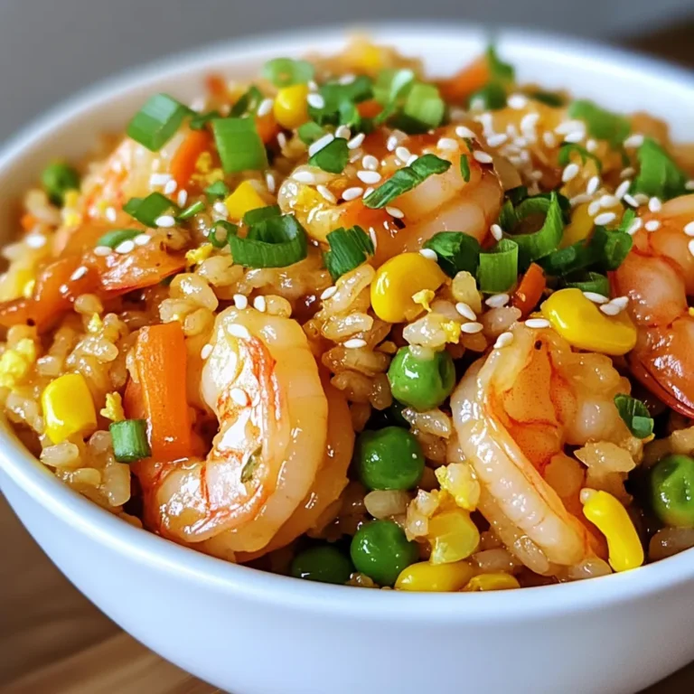 - 2 cups cooked rice (preferably day-old) - 1 pound shrimp, peeled and deveined - 2 tablespoons honey - 3 cloves garlic, minced - 1 tablespoon soy sauce - 1 tablespoon sesame oil - 1 cup mixed vegetables (carrots, peas, and corn) - 2 green onions, sliced - 2 tablespoons vegetable oil - Salt and pepper to taste - Sesame seeds for garnish The main ingredients create a sweet and savory flavor. The shrimp gives protein, while the rice serves as a base. The honey and garlic add rich taste. Cooked rice, especially day-old, helps achieve the right texture. You can add extra vegetables or proteins. Try bell peppers, broccoli, or snap peas for crunch. For more protein, consider chicken, tofu, or even eggs. These add-ins make the dish heartier and more colorful. To make this dish, you need a large skillet or wok. A spatula or wooden spoon helps stir the ingredients. Use measuring spoons for accuracy. Having a bowl for marinating shrimp is also key. The right tools make cooking easier and more fun. {{ingredient_image_1}} To start, you need to marinate the shrimp. This step adds great flavor. In a bowl, combine 1 pound of peeled and deveined shrimp with 2 tablespoons of honey, 3 cloves of minced garlic, and 1 tablespoon of soy sauce. Add a pinch of salt and pepper. Mix well to coat the shrimp evenly. Cover the bowl and let it sit for 15 minutes. This time lets the shrimp absorb all the tasty goodness. Now, it’s time to cook the shrimp. Heat a large skillet or wok over medium-high heat. Add 1 tablespoon of vegetable oil and let it get hot. Once hot, carefully add the marinated shrimp. Cook for about 2 to 3 minutes. Watch for the shrimp to turn pink and opaque. When done, remove the shrimp from the skillet and set them aside. This step is quick, so stay close! Next, let’s bring it all together. In the same skillet, add another tablespoon of vegetable oil. Toss in 1 cup of mixed vegetables like carrots, peas, and corn. Sauté for about 2 to 3 minutes until the veggies are tender yet crisp. Push the veggies to one side of the skillet. On the other side, add 2 cups of cooked rice. Drizzle with 1 tablespoon of sesame oil. Stir the rice and veggies, breaking up any clumps. Finally, return the cooked shrimp to the skillet. Mix everything well and stir-fry for another 2 to 3 minutes. This allows all the flavors to blend. Add sliced green onions, toss well, and check for seasoning. Adjust with more salt and pepper if needed. Your Honey Garlic Shrimp Fried Rice is almost ready to serve! Using day-old rice is key for great fried rice. Fresh rice is often too wet. This can make your dish mushy. Day-old rice has dried out and is easier to fry. It also absorbs flavors better. If you don’t have day-old rice, you can cool fresh cooked rice quickly. Spread it on a tray and refrigerate for 30 minutes. This helps it dry a bit. To make your fried rice even tastier, you can add extra seasonings. A splash of oyster sauce adds depth. You can also try a pinch of red pepper flakes for some heat. For a unique twist, add a dash of fish sauce. It gives a savory kick. Don’t forget to taste as you go. Adjust the salt and pepper to suit your preference. Presentation makes your meal exciting! Serve your honey garlic shrimp fried rice in a large bowl. This creates a warm, inviting look. Top it with extra sliced green onions and sesame seeds. For added color, you can sprinkle chopped cilantro or fresh herbs. This not only looks great but adds fresh flavor too. Your guests will love the care you put into serving! Pro Tips Use Day-Old Rice: Day-old rice is drier and helps achieve the perfect texture for fried rice, avoiding mushiness. High Heat Cooking: Cooking on high heat allows the shrimp and vegetables to sear quickly, enhancing flavor and texture. Customize Vegetables: Feel free to add or substitute vegetables based on what you have on hand, such as bell peppers or broccoli. Garnish for Flavor: Adding sesame seeds and extra green onions as a garnish not only enhances presentation but also adds a burst of flavor. {{image_2}} You can easily switch the shrimp for other proteins. Chicken works great. Use cooked or raw chicken. Cut it into small pieces. Tofu is also a good choice. Firm tofu holds its shape well. Just press it to remove excess water. Beef can add a nice flavor too. Use thin slices to cook quickly. Feel free to change the mixed veggies. Bell peppers add a sweet crunch. Broccoli gives a nice texture and color. Snow peas add a fresh taste. You can use any favorite vegetables. Just make sure to cut them small. This helps them cook evenly. To make this dish spicy, add chili sauce. Mix it in with the marinade. You can also sprinkle red pepper flakes while cooking. Adjust the amount to fit your taste. For extra heat, add sliced jalapeños when cooking. This will give your fried rice a nice kick. To store leftover honey garlic shrimp fried rice, cool it quickly. Place the rice in a shallow container. Cover it tightly with a lid or plastic wrap. Refrigerate within two hours of cooking. This keeps it safe and fresh. If you want to freeze your fried rice, let it cool completely first. Portion it into freezer-safe bags or containers. Remove as much air as possible to prevent freezer burn. When ready to eat, thaw it in the fridge overnight. Reheat it in a skillet over medium heat until hot. When stored properly, honey garlic shrimp fried rice lasts about three to four days in the fridge. If frozen, it can stay fresh for up to three months. Always check for any off smells or colors before eating. Yes, you can use frozen shrimp. Just make sure to thaw them first. Place the shrimp in cold water for about 15-20 minutes. This keeps them firm and juicy. After thawing, follow the same marinating steps. The taste will still be great. I love serving this dish with a fresh salad or spring rolls. You can also add a side of steamed broccoli or bok choy. These sides balance the flavors and add nice color. Try serving with some dipping sauce for extra flavor. To make this dish vegetarian, swap shrimp for tofu or tempeh. Use the same marinade for flavor. You can also add extra vegetables like bell peppers or mushrooms. These add texture and taste. Enjoy the same honey garlic flavor without meat! Now you have everything you need to make Honey Garlic Shrimp Fried Rice. We've covered the key ingredients, step-by-step cooking instructions, and essential tips for flavor and presentation. You can even customize the dish with different proteins or vegetables. Remember, enjoy the process and share it with others. Simple storage tips help keep your leftovers fresh, too. Try out these ideas, and you'll impress everyone with this delicious meal. Cook, taste, and enjoy your creation!