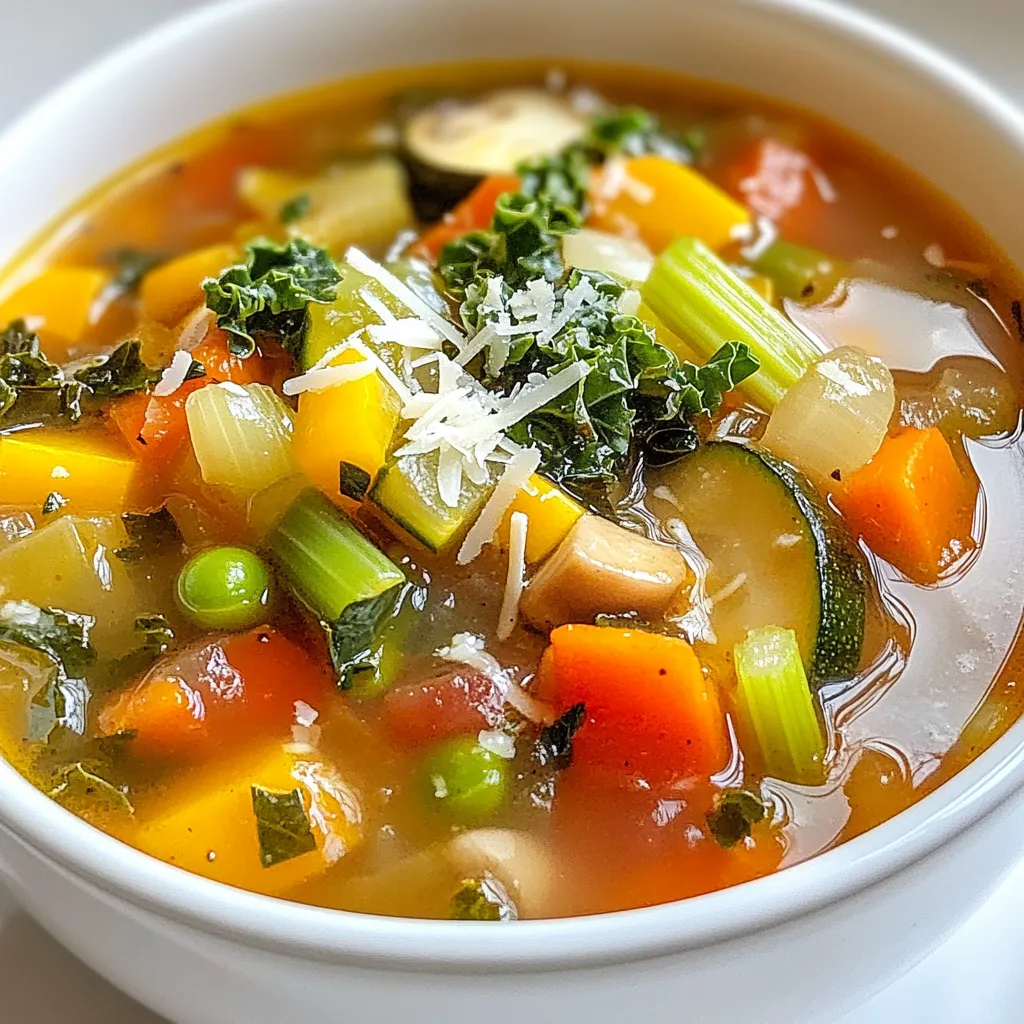 To make a tasty Olive Garden vegetable soup, gather these ingredients: - 1 tablespoon olive oil - 1 medium onion, diced - 2 medium carrots, chopped - 2 celery stalks, chopped - 3 cloves garlic, minced - 1 zucchini, diced - 1 cup green beans, chopped - 1 cup mushrooms, sliced - 6 cups vegetable broth - 1 can (14.5 oz) diced tomatoes with Italian seasonings - 1 teaspoon dried oregano - 1 teaspoon dried basil - 1/2 teaspoon red pepper flakes (optional) - Salt and pepper to taste - 1 cup kale or spinach, chopped - 1 cup frozen corn - Grated Parmesan cheese for serving (optional) You can add more flavor or texture to your soup. Here are some ideas: - More herbs like thyme or parsley - A dash of lemon juice for brightness - Cooked beans for protein - A splash of balsamic vinegar for depth Both fresh and frozen vegetables work well in this soup. Fresh veggies give a crisp taste. Frozen veggies save time and last longer. Here’s how to choose: - Use fresh vegetables for a pop of flavor. - Frozen options are great for busy days. - If using frozen, add them later in cooking to keep them tender. This way, you can make your soup just how you like it! {{ingredient_image_1}} To start, gather all your ingredients. Here’s what you need: - 1 tablespoon olive oil - 1 medium onion, diced - 2 medium carrots, chopped - 2 celery stalks, chopped - 3 cloves garlic, minced - 1 zucchini, diced - 1 cup green beans, chopped - 1 cup mushrooms, sliced - 6 cups vegetable broth - 1 can (14.5 oz) diced tomatoes with Italian seasonings - 1 teaspoon dried oregano - 1 teaspoon dried basil - 1/2 teaspoon red pepper flakes (optional) - Salt and pepper to taste - 1 cup kale or spinach, chopped - 1 cup frozen corn - Grated Parmesan cheese for serving (optional) Make sure to wash and chop the vegetables. This step is key for fresh taste. 1. Heat the olive oil in a large pot over medium heat. 2. Add the diced onion, carrots, and celery. Cook for about 5 minutes until the onion is soft. 3. Stir in the minced garlic and cook for one more minute. 4. Next, add the zucchini, green beans, and mushrooms. Cook for 5 more minutes. 5. Pour in the vegetable broth and add the diced tomatoes. Mix in the oregano, basil, red pepper flakes, salt, and pepper. 6. Bring the soup to a boil. Then lower the heat and let it simmer for 20 minutes. 7. After 20 minutes, add the kale or spinach and corn. Simmer for another 5 minutes until the greens are soft. 8. Taste the soup and adjust the seasoning if needed. Serve the soup hot in bowls. You can sprinkle grated Parmesan cheese on top if you like. This adds a nice touch and flavor. Pair it with bread for a filling meal. Enjoy your Olive Garden vegetable soup! To boost the flavor of your Olive Garden vegetable soup, use fresh herbs. Fresh basil and oregano add a bright taste. You can also squeeze a bit of lemon juice before serving. This gives a nice zing! If you want more heat, add extra red pepper flakes. Don’t skip the salt; it brings out the soup's natural flavors. For a richer taste, try adding a splash of balsamic vinegar. It adds depth and balances the veggies. One mistake is overcooking the vegetables. Keep them crisp for better texture. Avoid adding too much liquid at once. If you use too much broth, the soup can lose flavor. Another common error is not seasoning well. Taste your soup as it cooks. Adjust the salt and pepper to fit your taste. Lastly, don’t skip the final step of adding greens at the end. They should be bright and vibrant, not mushy! Use a large pot for even cooking. A heavy-bottomed pot helps prevent burning. A wooden spoon is best for stirring. This way, you can scrape the bottom without damaging your pot. A sharp knife is key for chopping veggies. It makes preparing ingredients quick and easy. If you have one, a ladle is perfect for serving your soup. It helps you dish out the perfect amount each time. Pro Tips Use Fresh Ingredients: The flavor of your soup will be significantly enhanced by using fresh, seasonal vegetables. Visit your local farmers' market for the best selection. Customize Your Greens: Feel free to substitute kale or spinach with other leafy greens like Swiss chard or collard greens for a different flavor profile. Add Protein: For a heartier soup, consider adding cooked beans, lentils, or diced tofu to boost the protein content and make it more filling. Storage Tips: This soup freezes well! Store leftovers in airtight containers, and they can last up to 3 months in the freezer. Reheat gently on the stove. {{image_2}} This soup is already vegetarian. To make it vegan, skip the Parmesan cheese. The rest of the soup is plant-based. You can add protein by using beans or lentils. This change gives you a hearty meal without losing taste. This recipe is gluten-free as it uses vegetable broth and no flour. Always check labels on your broth and canned tomatoes. Some brands may add gluten. If you want more thickness, blend a part of the soup. This adds creaminess while staying gluten-free. You can change the veggies based on what's fresh. In spring, add peas and asparagus. In summer, use ripe tomatoes and bell peppers. In fall, swap in butternut squash or sweet potatoes. Winter is great for root veggies like parsnips and turnips. Adjusting the vegetables keeps the soup exciting all year. To store your Olive Garden vegetable soup, let it cool first. Once cool, pour it into an airtight container. Make sure to leave some space at the top. This helps the soup stay fresh. You can keep it in the fridge for up to three days. If you want to keep it longer, consider freezing it. When you're ready to enjoy leftovers, you can reheat the soup easily. Pour it into a pot over medium heat. Stir it often to heat it evenly. You can also microwave it. Place the soup in a bowl and cover it with a microwave-safe lid. Heat for about two minutes, then stir and check the temperature. If it’s not hot enough, heat for another minute. Freezing your vegetable soup is a great way to save it for later. Use freezer-safe containers or bags for best results. Make sure to label the bags with the date. You can freeze the soup for up to three months. To thaw, move it to the fridge the night before. This way, it’s ready to reheat when you want it. Yes, you can use any vegetables you like. Try bell peppers, peas, or squash. Just make sure to chop them small. You can also use frozen veggies if fresh ones are not available. This soup is all about using what you have! The soup lasts about five days in the fridge. Store it in an airtight container. Always let it cool before you put it in the fridge. This keeps it fresh and tasty for your next meal! Absolutely! To make this soup in a slow cooker, add all the ingredients. Set it on low for six to eight hours, or on high for three to four hours. This method allows the flavors to blend well together. Just add the greens in the last 30 minutes of cooking for best results. In this post, we explored the key ingredients and preparation steps for making soup. We discussed how to enhance flavors and avoid mistakes during cooking. I included variations for different diets and shared tips on storing leftovers. Remember, you can adapt the recipe to your taste and use what you have on hand. Finally, soup is versatile and easy to make! Enjoy creating your perfect bowl.