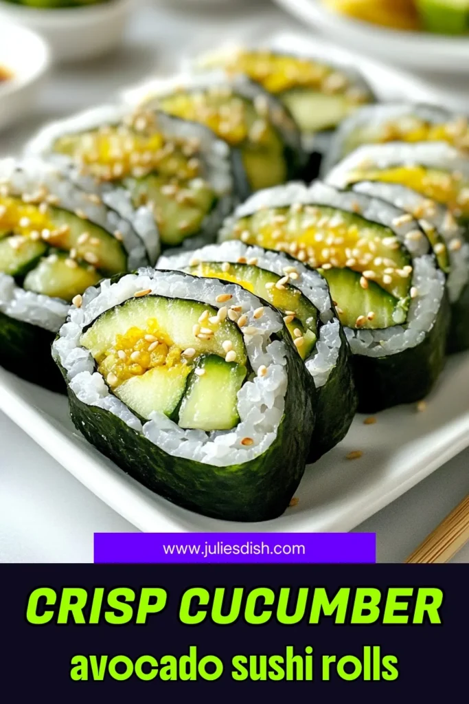 Discover the delicious world of crispy cucumber sushi rolls with this easy avocado sushi rolls recipe! Perfectly crafted sushi rolls with nori and fresh ingredients make for a healthy sushi recipe that everyone will love. Enjoy refreshing cucumber avocado sushi that's not only nutritious but incredibly satisfying. Click for the full recipe and elevate your sushi-making game today! #SushiRolls #HealthyRecipes #CucumberAvocado #FoodieFavorites