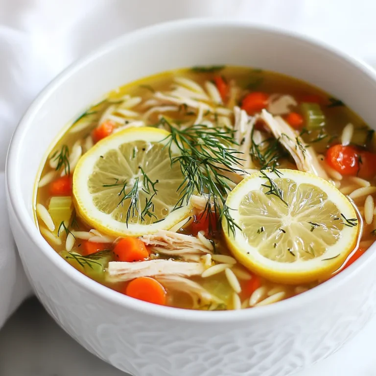 - Chicken and broth components - 1 pound boneless, skinless chicken breasts - 6 cups chicken broth - Vegetables and seasonings - 1 large onion, finely chopped - 2 cloves garlic, minced - 2 medium carrots, diced - 1 celery stalk, diced - 1/2 cup orzo pasta - Salt and pepper to taste - Olive oil for sautéing - Eggs and garnishes - 4 large eggs - 1/4 cup fresh lemon juice - Zest of 1 lemon - 1/4 cup fresh dill, chopped - Lemon slices and dill sprigs for garnish This soup starts with fresh chicken and rich broth. The chicken gives a hearty base, while the broth adds depth. Onions, garlic, carrots, and celery bring flavor and texture. The orzo pasta makes it filling. For a bright taste, we use fresh lemon juice and zest. Dill offers a fresh note that pairs well with lemon. The eggs help thicken the soup, making it creamy without cream. Garnish with lemon slices and dill sprigs for a pop of color. This adds a nice touch when serving. Each ingredient plays a role in making Greek Lemon Chicken Soup both warm and nourishing. {{ingredient_image_1}} 1. Sautéing vegetables: Start by heating a splash of olive oil in a large pot over medium heat. Add the chopped onion, diced carrots, and diced celery. Sauté these until they soften, which takes about 5 to 7 minutes. Stir often to prevent sticking. 2. Cooking chicken and orzo: After the veggies soften, add minced garlic and cook for one more minute. Next, pour in 6 cups of chicken broth and bring it to a boil. Once boiling, add 1 pound of boneless, skinless chicken breasts. Reduce the heat to a simmer and cook for about 20 minutes. The chicken should be fully cooked. Remove it and let it cool, then shred it using two forks. Return the shredded chicken to the pot and add 1/2 cup of orzo pasta. Cook for another 8 to 10 minutes, until the orzo is tender. 3. Combining egg and lemon mixture: In a separate bowl, whisk together 4 large eggs, 1/4 cup of fresh lemon juice, and the zest of 1 lemon. To temper the egg mixture, slowly add a ladleful of the hot soup while whisking. This keeps the eggs from curdling. Gradually stir the tempered egg mixture back into the pot, stirring constantly. You want it well combined and slightly thickened. Finally, stir in 1/4 cup of chopped fresh dill and season with salt and pepper to taste. Serve the soup in bowls, garnished with lemon slices and dill sprigs for a fresh touch. Enjoy your flavorful and nourishing Greek Lemon Chicken Soup! How to ensure tender chicken To get tender chicken, use boneless, skinless breasts. Cook them in broth for about 20 minutes. This keeps them moist and juicy. Make sure not to overcook. Shred the chicken gently after it cools. Perfecting the orzo texture Add orzo to the pot when the chicken is almost done. Cook it for about 8-10 minutes. This timing makes the orzo soft but not mushy. Stir occasionally to avoid sticking. Egg tempering techniques To temper the eggs, whisk them with lemon juice and zest. Slowly add hot soup to the egg mix while whisking. This step stops the eggs from cooking too fast. Then mix it back into the soup. Enhancing flavor with fresh herbs Fresh herbs like dill boost the soup's flavor. Add them at the end of cooking. This keeps their bright taste. You can also use parsley or mint for a twist. Garnish with lemon slices and herbs for a fresh look. Pro Tips Use Fresh Ingredients: Fresh chicken and vegetables make a noticeable difference in flavor. Opt for organic or locally sourced produce whenever possible. Control the Heat: When tempering the egg mixture, ensure that the soup isn’t boiling to avoid curdling. Gently whisk in the hot soup to keep the eggs smooth. Enhance the Flavor: Adding a pinch of saffron or a bay leaf to the broth can elevate the depth of flavor in your soup. Garnish for Presentation: A slice of lemon and a sprig of dill not only add color but also enhance the freshness of the soup, making it visually appealing. {{image_2}} You can change this recipe easily. Here are some fun swaps to try: - Alternative proteins: You can use turkey or shrimp instead of chicken. Both add a nice twist. Turkey adds a rich taste, while shrimp brings a light flavor. - Different pasta options: If you don’t have orzo, use rice or quinoa. Both work well and change the texture. Rice makes it hearty, while quinoa adds a nutty flavor. - Vegetarian version ideas: For a meatless soup, skip the chicken. Use vegetable broth and add more veggies. You can also use dairy substitutes like almond milk for creaminess. Add chickpeas for protein and texture. These swaps let you enjoy Greek Lemon Chicken Soup in new ways. You can make it fit your taste or dietary needs. To keep your Greek Lemon Chicken Soup fresh, follow these steps: - Refrigeration tips: Place the cooled soup in an airtight container. It will stay good in the fridge for up to 3 days. Make sure to let it cool before sealing it. This helps it stay tasty and safe to eat. - Freezing instructions: If you want to save some for later, you can freeze it. Use a freezer-safe container and leave some space for expansion. The soup can last up to 3 months in the freezer. Just remember to label it with the date. When it comes time to enjoy your soup again, here are the best ways to reheat it: - Best methods for reheating soup: The best way to reheat is on the stove. Pour the soup into a pot and heat it over medium heat. Stir often to warm it evenly. You can also use a microwave, but be sure to use a microwave-safe bowl. Heat in short bursts and stir in between. - Avoiding overcooked orzo: To keep the orzo from getting mushy, add a splash of water or broth if it thickens too much. Stir gently while reheating. This helps keep the orzo tender and the soup delicious. Yes, you can use rotisserie chicken. It saves time and adds flavor. Just shred the chicken and add it to the soup after cooking the broth and veggies. This makes for a quick meal. To make it gluten-free, swap out the orzo pasta for gluten-free pasta or rice. Both options work well in the soup. Just cook them separately and add them in before serving. Traditional sides include a fresh Greek salad or crusty bread. You can also serve it with olives and feta cheese. These sides complement the soup’s bright flavors. The soup lasts about 3 to 4 days in the fridge. Store it in an airtight container to keep it fresh. Reheat it on the stove for the best flavor. Yes, you can make it in advance. The soup tastes great the next day. Just keep the orzo separate if you plan to store it. This prevents it from getting mushy. This blog post covered all you need for Greek Lemon Chicken Soup. We explored key ingredients and guiding steps for a tasty dish. I shared tips for perfect chicken and orzo, and ways to adjust the recipe to suit your taste. We also discussed how to store and reheat leftovers. When you try this recipe, you unlock many flavors. Whether you follow the exact method or make variations, you’ll enjoy a comforting meal. Don’t hesitate to experiment and make it your own. Enjoy cooking!