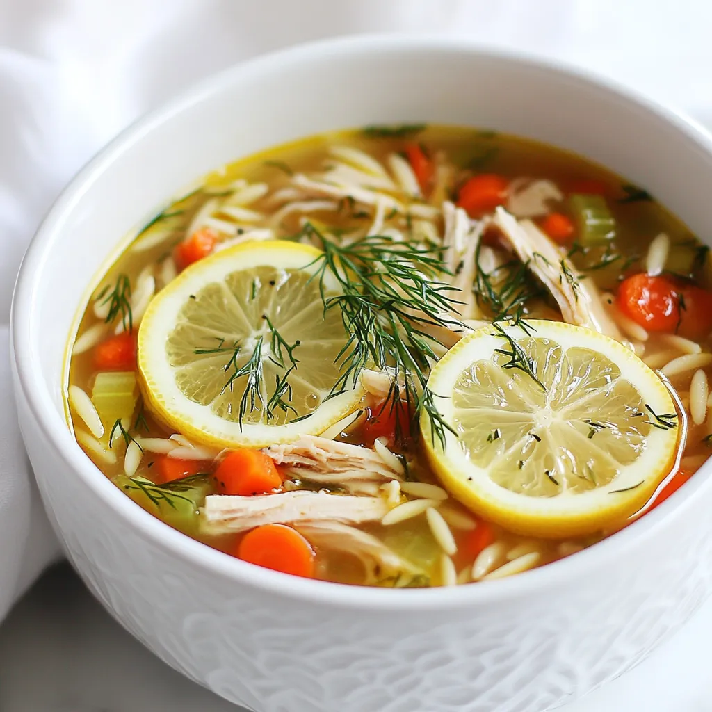 - Chicken and broth components - 1 pound boneless, skinless chicken breasts - 6 cups chicken broth - Vegetables and seasonings - 1 large onion, finely chopped - 2 cloves garlic, minced - 2 medium carrots, diced - 1 celery stalk, diced - 1/2 cup orzo pasta - Salt and pepper to taste - Olive oil for sautéing - Eggs and garnishes - 4 large eggs - 1/4 cup fresh lemon juice - Zest of 1 lemon - 1/4 cup fresh dill, chopped - Lemon slices and dill sprigs for garnish This soup starts with fresh chicken and rich broth. The chicken gives a hearty base, while the broth adds depth. Onions, garlic, carrots, and celery bring flavor and texture. The orzo pasta makes it filling. For a bright taste, we use fresh lemon juice and zest. Dill offers a fresh note that pairs well with lemon. The eggs help thicken the soup, making it creamy without cream. Garnish with lemon slices and dill sprigs for a pop of color. This adds a nice touch when serving. Each ingredient plays a role in making Greek Lemon Chicken Soup both warm and nourishing. {{ingredient_image_1}} 1. Sautéing vegetables: Start by heating a splash of olive oil in a large pot over medium heat. Add the chopped onion, diced carrots, and diced celery. Sauté these until they soften, which takes about 5 to 7 minutes. Stir often to prevent sticking. 2. Cooking chicken and orzo: After the veggies soften, add minced garlic and cook for one more minute. Next, pour in 6 cups of chicken broth and bring it to a boil. Once boiling, add 1 pound of boneless, skinless chicken breasts. Reduce the heat to a simmer and cook for about 20 minutes. The chicken should be fully cooked. Remove it and let it cool, then shred it using two forks. Return the shredded chicken to the pot and add 1/2 cup of orzo pasta. Cook for another 8 to 10 minutes, until the orzo is tender. 3. Combining egg and lemon mixture: In a separate bowl, whisk together 4 large eggs, 1/4 cup of fresh lemon juice, and the zest of 1 lemon. To temper the egg mixture, slowly add a ladleful of the hot soup while whisking. This keeps the eggs from curdling. Gradually stir the tempered egg mixture back into the pot, stirring constantly. You want it well combined and slightly thickened. Finally, stir in 1/4 cup of chopped fresh dill and season with salt and pepper to taste. Serve the soup in bowls, garnished with lemon slices and dill sprigs for a fresh touch. Enjoy your flavorful and nourishing Greek Lemon Chicken Soup! How to ensure tender chicken To get tender chicken, use boneless, skinless breasts. Cook them in broth for about 20 minutes. This keeps them moist and juicy. Make sure not to overcook. Shred the chicken gently after it cools. Perfecting the orzo texture Add orzo to the pot when the chicken is almost done. Cook it for about 8-10 minutes. This timing makes the orzo soft but not mushy. Stir occasionally to avoid sticking. Egg tempering techniques To temper the eggs, whisk them with lemon juice and zest. Slowly add hot soup to the egg mix while whisking. This step stops the eggs from cooking too fast. Then mix it back into the soup. Enhancing flavor with fresh herbs Fresh herbs like dill boost the soup's flavor. Add them at the end of cooking. This keeps their bright taste. You can also use parsley or mint for a twist. Garnish with lemon slices and herbs for a fresh look. Pro Tips Use Fresh Ingredients: Fresh chicken and vegetables make a noticeable difference in flavor. Opt for organic or locally sourced produce whenever possible. Control the Heat: When tempering the egg mixture, ensure that the soup isn’t boiling to avoid curdling. Gently whisk in the hot soup to keep the eggs smooth. Enhance the Flavor: Adding a pinch of saffron or a bay leaf to the broth can elevate the depth of flavor in your soup. Garnish for Presentation: A slice of lemon and a sprig of dill not only add color but also enhance the freshness of the soup, making it visually appealing. {{image_2}} You can change this recipe easily. Here are some fun swaps to try: - Alternative proteins: You can use turkey or shrimp instead of chicken. Both add a nice twist. Turkey adds a rich taste, while shrimp brings a light flavor. - Different pasta options: If you don’t have orzo, use rice or quinoa. Both work well and change the texture. Rice makes it hearty, while quinoa adds a nutty flavor. - Vegetarian version ideas: For a meatless soup, skip the chicken. Use vegetable broth and add more veggies. You can also use dairy substitutes like almond milk for creaminess. Add chickpeas for protein and texture. These swaps let you enjoy Greek Lemon Chicken Soup in new ways. You can make it fit your taste or dietary needs. To keep your Greek Lemon Chicken Soup fresh, follow these steps: - Refrigeration tips: Place the cooled soup in an airtight container. It will stay good in the fridge for up to 3 days. Make sure to let it cool before sealing it. This helps it stay tasty and safe to eat. - Freezing instructions: If you want to save some for later, you can freeze it. Use a freezer-safe container and leave some space for expansion. The soup can last up to 3 months in the freezer. Just remember to label it with the date. When it comes time to enjoy your soup again, here are the best ways to reheat it: - Best methods for reheating soup: The best way to reheat is on the stove. Pour the soup into a pot and heat it over medium heat. Stir often to warm it evenly. You can also use a microwave, but be sure to use a microwave-safe bowl. Heat in short bursts and stir in between. - Avoiding overcooked orzo: To keep the orzo from getting mushy, add a splash of water or broth if it thickens too much. Stir gently while reheating. This helps keep the orzo tender and the soup delicious. Yes, you can use rotisserie chicken. It saves time and adds flavor. Just shred the chicken and add it to the soup after cooking the broth and veggies. This makes for a quick meal. To make it gluten-free, swap out the orzo pasta for gluten-free pasta or rice. Both options work well in the soup. Just cook them separately and add them in before serving. Traditional sides include a fresh Greek salad or crusty bread. You can also serve it with olives and feta cheese. These sides complement the soup’s bright flavors. The soup lasts about 3 to 4 days in the fridge. Store it in an airtight container to keep it fresh. Reheat it on the stove for the best flavor. Yes, you can make it in advance. The soup tastes great the next day. Just keep the orzo separate if you plan to store it. This prevents it from getting mushy. This blog post covered all you need for Greek Lemon Chicken Soup. We explored key ingredients and guiding steps for a tasty dish. I shared tips for perfect chicken and orzo, and ways to adjust the recipe to suit your taste. We also discussed how to store and reheat leftovers. When you try this recipe, you unlock many flavors. Whether you follow the exact method or make variations, you’ll enjoy a comforting meal. Don’t hesitate to experiment and make it your own. Enjoy cooking!