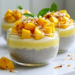 - 1 cup coconut milk - 1/4 cup chia seeds - 2 tablespoons honey or maple syrup - 1 ripe mango, diced - 1/2 teaspoon vanilla extract (optional) - A pinch of salt The base of this pudding starts with coconut milk. I love using canned coconut milk for its creamy texture. It gives the pudding a rich flavor. Next, we add chia seeds. They soak up the liquid and create a nice, thick consistency. For sweetness, I often choose between honey and maple syrup. Both work well, so pick your favorite. You can adjust the amount based on how sweet you want it. Fresh ripe mango adds a fruity touch. It’s perfect for this tropical treat. If you want to enhance the flavor, consider adding vanilla extract and a pinch of salt. The salt brings out the sweetness, while vanilla adds depth. - Toasted coconut flakes - Fresh mint leaves For a fun finish, I like to top my pudding with toasted coconut flakes. They add a crunchy texture that contrasts beautifully with the creamy pudding. Fresh mint leaves also make a nice garnish. They add a pop of color and a refreshing flavor. You can mix and match these garnishes to create your own unique look. Enjoy your Mango Coconut Chia Pudding! - Mixing the base mixture Start by taking a mixing bowl. Pour in 1 cup of coconut milk. Add in 1/4 cup of chia seeds along with 2 tablespoons of honey or maple syrup. You can also include 1/2 teaspoon of vanilla extract for extra flavor. Finally, sprinkle in a pinch of salt. Whisk everything well until it's fully combined. - Allowing the chia seeds to bloom After mixing, let the bowl sit for about 5 minutes. This allows the chia seeds to absorb the liquid. Give it another whisk to keep the seeds from clumping. This step is key for achieving a smooth pudding. - Importance of refrigeration for thickening Cover the bowl with plastic wrap, or transfer the mixture to a mason jar with a lid. Refrigeration helps the chia seeds expand and thicken the pudding. This is crucial for the right texture. - Recommended chilling time Chill the pudding for at least 4 hours or overnight. The longer you chill, the thicker your pudding will become. Trust me, patience pays off here! - How to serve the pudding with toppings Once your pudding is set, give it a gentle stir. If it's too thick, add a bit more coconut milk. Spoon the pudding into serving bowls. Top it with diced mango and sprinkle some toasted coconut flakes on top. For a colorful touch, add a mint leaf. Your guests will love the look and taste! To get the best texture, you want your chia pudding to be thick but smooth. Start by whisking the coconut milk and chia seeds well. This helps blend them together. After five minutes, whisk again. This step stops the seeds from clumping. If your pudding is too thick after chilling, stir in a bit more coconut milk until it feels just right. Sweetness is key to making this pudding shine. I love using honey or maple syrup. Start with two tablespoons, then taste. If you want it sweeter, add more. Remember, ripe mangoes are sweet too! Adjust based on your taste and fruit ripeness. Visual appeal makes a dish even better. Layer the pudding and diced mango in clear cups. This shows off the beautiful colors. Top it with toasted coconut flakes for crunch. A fresh mint leaf adds a pop of green. You can also serve it in mason jars for a fun twist! {{image_2}} You can change up the fruit in your mango coconut chia pudding. Try adding berries or sliced bananas for a new taste. Each fruit brings its unique flavor. Fresh strawberries or blueberries pair well with coconut. They add sweetness and color. You can also use different milk types. Almond milk gives a nutty flavor. Soy milk is a good choice too. Both options keep it creamy and tasty. If you want to try a different sweetener, agave syrup works great. It has a mild taste and mixes well. You can also use stevia for a low-calorie option. Adjust the amount to fit your taste. Both choices keep your pudding sweet without adding too many calories. For a twist, add cocoa powder or coffee to your pudding. Cocoa powder adds rich chocolate flavor. Mix it in with the base for a dessert-like treat. If you love coffee, try adding a small amount to the mix. It gives a nice kick to the pudding. Both options create a fun new dessert that surprises your taste buds. To store leftovers of mango coconut chia pudding, use a clean container. I recommend a mason jar or a sealed plastic container. These keep the pudding fresh and tasty. Make sure to keep the lid on tight. This helps avoid any weird smells from the fridge. In the refrigerator, the pudding lasts about five days. This makes it great for meal prep. Just remember to check for any changes in smell or texture before eating. If it looks or smells off, it’s best to toss it. You can freeze chia pudding, but it may change a bit. To freeze, pour the pudding into a freezer-safe container. Leave some space at the top for expansion. When you want to eat it, thaw it in the fridge overnight. Stir it well before serving. If the texture seems off, add a splash of coconut milk to bring back creaminess. Chia pudding needs at least 4 hours to set. This is when the chia seeds absorb liquid and swell. For best results, chill the mixture overnight. It will be thick and creamy. Yes, you can use different types of milk. Almond milk and soy milk work well too. Just keep in mind that coconut milk gives a rich and creamy texture. Yes, this recipe is vegan-friendly. Use maple syrup instead of honey for a sweet touch. All other ingredients are plant-based. You can adjust sweetness easily. Start with the recommended amount of honey or maple syrup. Taste, then add more if needed. You can also use other sweeteners like agave syrup. This pudding is nutritious. It is high in fiber, healthy fats, and protein. Chia seeds provide omega-3 fatty acids. Coconut milk adds vitamins and minerals. Each serving is a delicious and healthy option. This blog post showed you how to make mango coconut chia pudding. We covered key ingredients like coconut milk, chia seeds, and ripe mango. You learned steps for mixing, refrigeration, and serving. Tips helped you perfect the texture and sweetness. Variations let you play with flavors and substitute ingredients. Lastly, we discussed proper storage and answered common questions. I hope this guide inspires you to create delicious chia pudding at home. Enjoy your tasty, healthy treat!