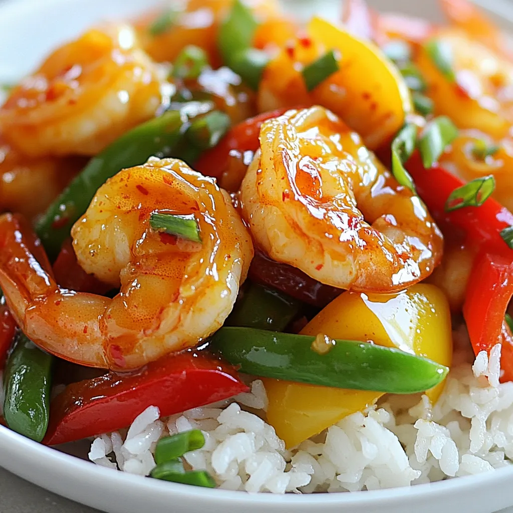 - 1 lb large shrimp, peeled and deveined - 2 tablespoons cornstarch - 2 tablespoons vegetable oil - 1 red bell pepper, sliced - 1 yellow bell pepper, sliced - 1 cup snap peas - 3 green onions (whites and greens separated) - 2 cloves garlic, minced - 1 teaspoon fresh ginger, minced - 1/4 cup sweet chili sauce - 2 tablespoons soy sauce - 1 tablespoon rice vinegar - Salt and pepper to taste When making Sweet Chili Shrimp Stir-Fry, gather your ingredients first. This step helps the process go smoothly. You need shrimp, cornstarch, and oil for the main base. The bell peppers add color and crunch. Snap peas bring a nice snap to the dish. For flavor, garlic and ginger are key. The sweet chili sauce gives it that tasty kick. Soy sauce and rice vinegar balance the flavors. Don't forget salt and pepper for seasoning. Having everything ready makes cooking fun and easy. Plus, it helps you create a dish that looks as great as it tastes. Enjoy this vibrant and quick meal! {{ingredient_image_1}} First, get 1 pound of large shrimp and remove the shells and veins. Place the shrimp in a medium bowl. Toss the shrimp with 2 tablespoons of cornstarch. This helps make the shrimp crispy when cooked. Next, heat 1 tablespoon of vegetable oil in a large skillet over medium-high heat. Once the oil is hot, add the shrimp to the skillet in a single layer. Cook them for about 2-3 minutes on each side. You know they are done when they turn pink. This step is key to a tasty meal. After cooking, remove the shrimp and set them aside. In the same skillet, add another tablespoon of oil. Then, toss in sliced red and yellow bell peppers along with 1 cup of snap peas. Stir-fry these for about 3-4 minutes. You want them tender but still crisp. This adds a nice crunch to your dish. Now, add 2 cloves of minced garlic, 1 teaspoon of minced ginger, and the whites of 3 chopped green onions to the skillet. Stir-fry for an additional 1-2 minutes until it smells great. Return the cooked shrimp to the skillet. Pour in 1/4 cup of sweet chili sauce, 2 tablespoons of soy sauce, and 1 tablespoon of rice vinegar. Stir everything gently to combine and heat through for about 1-2 minutes. Season with salt and pepper to taste. If you like heat, add a bit of sriracha. Serve this stir-fry over jasmine rice or quinoa. Enjoy your delicious meal! To get the best shrimp, coat them evenly with cornstarch. This gives them a nice and crispy bite. Make sure to avoid overcrowding the skillet. If you crowd the shrimp, they won't cook evenly. Fry them in batches if needed. Using fresh ingredients makes a big difference in taste. Fresh shrimp and veggies bring out the flavors. You can also adjust the sauces for spiciness. If you like heat, add more sweet chili sauce or a splash of sriracha. Garnish your dish with chopped green onions. The green looks nice and adds a fresh taste. Serve your stir-fry in colorful bowls for visual appeal. Bright colors make the meal more inviting. Pro Tips Coating for Crispiness: Tossing the shrimp in cornstarch before cooking not only helps to create a crispy texture but also locks in moisture, resulting in tender shrimp. High Heat Cooking: Stir-fry is all about high heat. Ensure your skillet or wok is hot enough before adding ingredients to achieve that delicious sear and to prevent sticking. Vegetable Crunch: To maintain the vibrant colors and crunch of your vegetables, stir-fry them just until tender yet still crisp. Overcooking will lead to a mushy texture. Flavor Boost: For an extra kick of flavor, consider adding a splash of lime juice or a pinch of red pepper flakes to the sauce just before serving. {{image_2}} You can change the bell peppers if you want. Try using carrots or sliced mushrooms. They add great flavor and crunch. Broccoli is another good choice. It gives a nice texture and bright color. Zucchini works well too, adding a mild taste. Just slice it thinly so it cooks fast. If shrimp isn’t your favorite, you can use chicken. Cook it the same way, but cut it into bite-sized pieces. Tofu is also a great option. Just press it to remove water, then cube it before cooking. For a seafood twist, add scallops. They cook quickly and taste amazing with the sauce. Want a kick? Add sriracha to your stir-fry. Just a little makes it spicy! You can also create your own sweet chili sauce. Mix sugar, vinegar, and chili flakes for a fresh taste. This lets you control the sweetness and heat. Experiment and find what you love! To store your Sweet Chili Shrimp Stir-Fry, let it cool first. Place it in a container with a tight lid. - Use glass or BPA-free plastic containers. - Keep it in the fridge for up to three days. To reheat your stir-fry, use a skillet or microwave. - In a skillet, warm it over medium heat. Stir gently until hot. - In the microwave, heat in short bursts of 30 seconds. Stir in between to ensure even heating. To avoid sogginess, do not overcook the shrimp. Yes, you can freeze Sweet Chili Shrimp Stir-Fry. However, shrimp can change texture. - To freeze, let it cool and then place it in a freezer bag. - Remove as much air as possible before sealing. - Thaw in the fridge overnight before reheating. This helps maintain quality. Yes, you can make Sweet Chili Shrimp Stir-Fry ahead of time. Store it in an airtight container in the fridge. It will last for about three days. Reheat it in a pan on low heat until warm. This dish tastes great fresh, but it's still good after a day in the fridge. This stir-fry pairs well with jasmine rice or quinoa. You can also serve it with steamed broccoli or a fresh salad. Add some lime wedges for a zesty kick. These sides add more color and flavor to your meal. Yes, this recipe can be gluten-free. Use gluten-free soy sauce instead of regular soy sauce. Check the sweet chili sauce label for gluten-free options. With these swaps, you can enjoy a tasty meal without gluten. You can use frozen shrimp. Just make sure to thaw them first. Place them in cold water for about 15-20 minutes. Pat them dry with a paper towel before using them in the recipe. This helps the shrimp cook evenly. To make it spicier, add more sweet chili sauce. You can also mix in a splash of sriracha or red pepper flakes. If you like heat, try adding sliced fresh chili peppers. Adjust the spice until it’s just right for your taste! In this blog post, we explored how to create a tasty Sweet Chili Shrimp Stir-Fry. We covered the main and additional ingredients, like shrimp, peppers, and garlic. I walked you through simple steps for cooking, plus tips on flavor and presentation. Remember, fresh ingredients make a big difference. You can also swap proteins or add your favorite veggies. This dish is quick, fun, and sure to impress. Enjoy making it and share your delicious results with others. Happy cooking!
