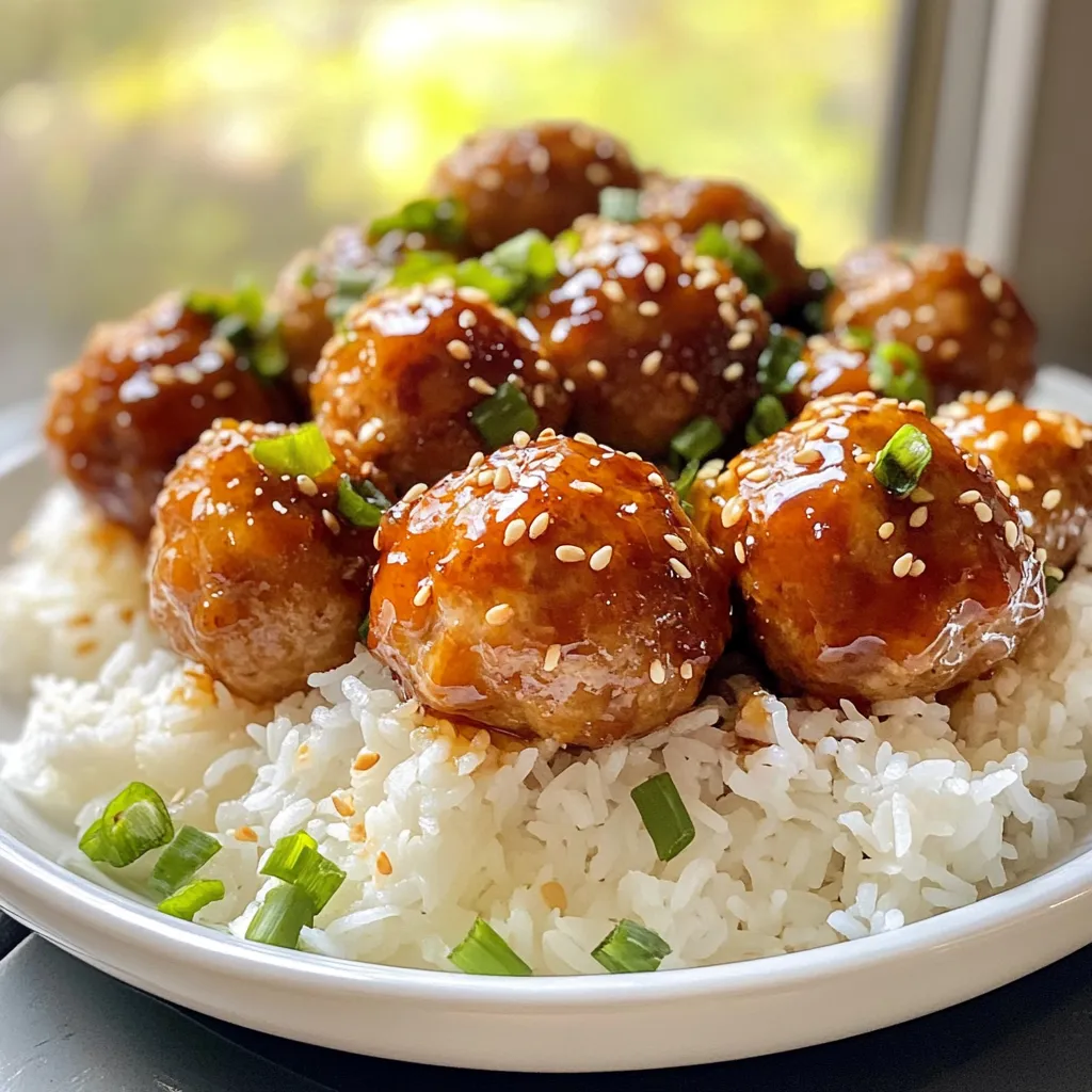 To make Teriyaki turkey meatballs, you need these simple ingredients: - 1 lb ground turkey - 1/4 cup breadcrumbs - 1/4 cup green onions, finely chopped - 2 cloves garlic, minced - 1 tablespoon fresh ginger, grated - 1 egg, beaten - 3 tablespoons soy sauce (low sodium) - 1 tablespoon sesame oil - 1 tablespoon honey or maple syrup - 1 tablespoon rice vinegar - 1 teaspoon cornstarch mixed with 2 teaspoons water (for thickening) These items create a tasty blend for meatballs packed with flavor. For the teriyaki sauce, you will need: - 3 tablespoons soy sauce (low sodium) - 1 tablespoon sesame oil - 1 tablespoon honey or maple syrup - 1 tablespoon rice vinegar - 1 teaspoon cornstarch mixed with 2 teaspoons water This sauce adds a sweet and savory glaze to the meatballs. You will also need some basic kitchen tools: - Large mixing bowl - Baking sheet - Parchment paper - Small saucepan - Whisk or spoon for mixing Having these tools ready makes the cooking process smooth and easy. {{ingredient_image_1}} To start, gather your ingredients. You will need ground turkey, breadcrumbs, green onions, garlic, ginger, and an egg. In a large bowl, add all these ingredients. Mix them well with your hands or a spoon. Make sure everything is evenly combined. This step is crucial for tasty meatballs. You want every bite to have all the flavors. Now, take the mixture and roll it into 1-inch meatballs. You should get around 20 meatballs from this mix. Place them on a baking sheet lined with parchment paper. This keeps them from sticking. Preheat your oven to 400°F (200°C). Once the oven is ready, bake the meatballs for 15-20 minutes. They should turn golden brown and reach a safe internal temperature of 165°F (75°C). While the meatballs bake, it’s time to make the sauce. In a small saucepan, combine soy sauce, sesame oil, honey (or maple syrup), and rice vinegar. Don’t forget the cornstarch mix! This will thicken the sauce. Heat the saucepan over medium heat. Stir constantly until the sauce thickens, which takes about 3-4 minutes. Once done, remove it from the heat. When the meatballs are cooked, add them to the saucepan. Gently toss to coat them in the sauce. Serve them warm and enjoy! To get the best meatball texture, use lean ground turkey. It keeps the meatballs moist. Combine the turkey with breadcrumbs and egg for binding. Mix everything gently. Overmixing makes them tough. Roll the meatballs into 1-inch balls. This size cooks evenly. Bake them at 400°F (200°C) for 15-20 minutes. Use a meat thermometer to check. They should reach 165°F (75°C) inside. You can boost the flavor of your meatballs by adding fresh herbs. Chopped cilantro or basil can add a lovely touch. Adding a bit more ginger or garlic will also enhance the taste. When making the teriyaki sauce, add a dash of red pepper flakes for heat. You can also use orange juice instead of rice vinegar for a fruity twist. One common mistake is not measuring ingredients correctly. This can lead to dry or flavorless meatballs. Another mistake is overcrowding the baking sheet. Give each meatball space to cook evenly. Lastly, don’t skip the sauce thickening step. A good sauce coats the meatballs well and adds richness. Pro Tips Use Fresh Ingredients: Fresh ginger and garlic will enhance the flavor of your meatballs significantly. Avoid using powdered versions for the best taste. Don't Overmix: When combining the meatball ingredients, mix just until combined. Overmixing can lead to tough meatballs. Check Internal Temperature: Ensure your meatballs reach an internal temperature of 165°F (75°C) for safe consumption. Use a meat thermometer for accuracy. Customize Sauce Sweetness: Adjust the sweetness of your teriyaki sauce by adding more honey or maple syrup according to your taste preference. {{image_2}} You can easily make these meatballs gluten-free. Just swap out regular breadcrumbs for gluten-free ones. This small change keeps the dish safe for those with gluten allergies. You can also check the soy sauce. Many brands offer gluten-free versions. This way, you can enjoy the same great taste without worry. If you want to make these meatballs dairy-free, you’re in luck! This recipe does not use any dairy. Simply focus on the ingredients listed. Make sure your breadcrumbs do not contain dairy. Most store-bought brands are dairy-free, but check the label just in case. You can also add a splash of coconut milk to the sauce for a unique hint of flavor. Want to switch it up? You can use other ground meats. Ground chicken or lean beef work well. They maintain the flavor and texture of the original recipe. If you prefer a plant-based option, use ground turkey substitutes made from tofu or lentils. These options keep the dish light and healthy while still satisfying. To keep your teriyaki turkey meatballs fresh, place them in an airtight container. You can store them in the fridge for up to three days. Make sure they are cooled down before sealing. This helps maintain their flavor and texture. If you want to save some for later, freezing is a great option. First, let the meatballs cool completely. Then, arrange them in a single layer on a baking sheet. Freeze for about an hour. Once frozen, transfer them to a freezer bag or container. They can stay good for up to three months. Label the bag with the date for easy tracking. When you're ready to enjoy the leftovers, you can reheat them easily. For the best results, use an oven or stovetop. If using an oven, preheat it to 350°F (175°C). Place the meatballs on a baking sheet and heat for about 10-15 minutes. If using a stovetop, warm them in a pan over medium heat. Add a splash of water or sauce to keep them moist. You can also use a microwave for quick reheating. Heat them on medium power for 1-2 minutes, checking to ensure they are hot all the way through. You can serve Teriyaki turkey meatballs with many tasty sides. Steamed rice is a classic choice. It soaks up the sauce well. You can also pair them with stir-fried vegetables. Broccoli, bell peppers, and snap peas add crunch and color. Another option is a fresh salad. A green salad with sesame dressing adds a nice contrast. For a fun twist, try them in a wrap with lettuce and cucumber. Making teriyaki sauce at home is easy and quick. You will need some simple ingredients. Here’s what you need: - 3 tablespoons soy sauce - 1 tablespoon sesame oil - 1 tablespoon honey or maple syrup - 1 tablespoon rice vinegar - 1 teaspoon cornstarch mixed with 2 teaspoons water Combine the soy sauce, sesame oil, honey, and rice vinegar in a small saucepan. Mix well. Heat over medium until it simmers. Stir in the cornstarch mixture to thicken it. Keep mixing for about 3-4 minutes. Once thick, your homemade teriyaki sauce is ready to use! Yes, you can grill the turkey meatballs! Grilling gives them a nice smoky flavor. To do this, first, form the meatballs as you normally would. Preheat your grill to medium heat. Use skewers or a grill basket to keep them from falling through. Grill for about 10-15 minutes, turning them until they are cooked through. Make sure their internal temperature reaches 165°F (75°C). After grilling, toss them in the teriyaki sauce for that delicious flavor! You now have all you need to make delicious Teriyaki Turkey Meatballs. We covered the key ingredients, step-by-step instructions, and helpful tips for perfect texture. Don’t forget the variations to suit your diet, whether gluten-free or dairy-free. Storing leftovers is easy, and reheating them keeps flavors fresh. With this guide, you can impress anyone with your cooking. Enjoy making these meatballs, and don’t hesitate to experiment!