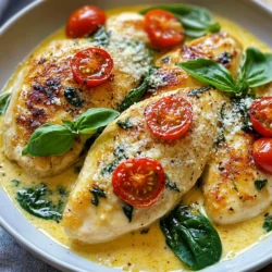 To make creamy garlic Tuscan chicken, you need a few key items. Let’s gather the essentials for this dish. - Chicken - 4 boneless, skinless chicken breasts - Aromatics - 4 cloves garlic, minced - Dairy Products - 1 cup heavy cream - 1/2 cup grated Parmesan cheese - Vegetables - 1 cup cherry tomatoes, halved - 1 cup fresh spinach - Seasonings and Garnishes - 2 tablespoons olive oil - Salt and pepper to taste - 1 teaspoon dried Italian herbs (oregano, basil, thyme) - Fresh basil leaves for garnish These ingredients blend together to create a rich and creamy sauce. Each component adds flavor and texture. The chicken gives protein, while the garlic and herbs offer a wonderful aroma. The cream and cheese provide that velvety richness. The tomatoes and spinach add color and nutrients. Together, they create a balanced meal. Enjoy the process of cooking and the delightful smells that fill your kitchen! {{ingredient_image_1}} First, take the chicken breasts and season them. I use salt, pepper, and dried Italian herbs. Make sure to coat both sides evenly. This step builds a solid flavor base for the dish. Heat two tablespoons of olive oil in a large skillet. Keep the heat at medium-high. Once the oil is hot, add the seasoned chicken breasts. Cook each side for 6-7 minutes until they're golden brown. You want them fully cooked, so a meat thermometer should read 165°F. Remove them from the skillet and set them aside. In the same skillet, add four minced garlic cloves. Sauté for about 30 seconds until you smell that lovely aroma. Be careful not to let the garlic burn. Next, pour in one cup of heavy cream and bring it to a gentle simmer. Stir in half a cup of grated Parmesan cheese. Mix well until the cheese melts into the cream, forming a rich, creamy sauce. Now, it’s time for the fun part: adding veggies! Toss in one cup of halved cherry tomatoes and one cup of fresh spinach. Cook everything for 3-4 minutes. You want the spinach to wilt and the tomatoes to soften, which adds freshness to your dish. Return the cooked chicken breasts to the skillet. Spoon the creamy sauce over them. Let everything simmer for 2-3 more minutes to heat the chicken through. This step allows the chicken to soak up the sauce's flavor. For a beautiful presentation, serve the chicken on a bed of creamy mashed potatoes or alongside roasted vegetables. Don’t forget to drizzle the extra sauce over everything! Garnish with fresh basil leaves for that extra touch of flavor and color. Enjoy your meal! To boost the taste, use fresh garlic. It adds a strong aroma and rich flavor. You can also try adding a splash of white wine when you cook the garlic. This adds depth and brightness. Another great tip is to use fresh herbs. They can really lift the dish. Chopped parsley or fresh basil on top will make it pop. Don't forget to taste as you cook. Adjust the salt and pepper to your liking. For juicy chicken, avoid overcooking. Cook the chicken until it's golden on both sides. Use a meat thermometer to check for doneness. It should read 165°F in the thickest part. Let the chicken rest for a few minutes before slicing. This keeps the juices inside. Slicing right away can make it dry. To make a rich sauce, stir the cream in slowly. Let it simmer gently. If you want it thicker, let it cook a bit longer. Add the Parmesan cheese last. This helps it melt smoothly. If the sauce seems too thick, add a splash of chicken broth. This keeps it creamy without being heavy. Always stir well to mix the flavors. Pro Tips Perfectly Cooked Chicken: Use a meat thermometer to ensure the chicken reaches an internal temperature of 165°F (75°C) for optimal juiciness. Flavor Boost: For an extra depth of flavor, consider marinating the chicken in olive oil, garlic, and herbs for at least 30 minutes before cooking. Thicker Sauce: If you prefer a thicker sauce, allow the cream to reduce longer on the heat, stirring occasionally until it reaches your desired consistency. Vegetable Variations: Feel free to add other vegetables such as bell peppers or mushrooms to the sauce for added nutrition and flavor. {{image_2}} If you want to switch up the protein, you have options. Try using shrimp instead of chicken. Shrimp cooks quickly and absorbs flavors well. You can also use turkey cutlets for a leaner choice. If you prefer plant-based meals, try tofu or tempeh. Just make sure to season them well. This keeps the dish tasty and satisfying. You can personalize your dish with various vegetables. Bell peppers add color and crunch. Zucchini brings a nice texture. Mushrooms add an earthy flavor that pairs well with the creamy sauce. Feel free to toss in some broccoli or asparagus for extra nutrients. Just remember to adjust the cooking time so all veggies cook evenly. Spice it up or tone it down based on your taste. If you like heat, add red pepper flakes for a kick. Swap dried Italian herbs for fresh ones for a brighter flavor. You can also try different herbs like rosemary or parsley. Experimenting with spices makes the dish uniquely yours. After enjoying this creamy garlic Tuscan chicken, store leftovers in an airtight container. Cool the dish to room temperature before sealing. It stays fresh in the fridge for up to three days. Keep the sauce separate if possible to prevent sogginess. To reheat, use a skillet over low heat. Add a splash of cream or broth to keep it moist. Stir gently until heated through. You can also use a microwave, but cover it to avoid splatters. Heat in short bursts, stirring in between, for even warmth. You can freeze this dish for up to three months. Cool it completely before placing it in a freezer-safe container. Label it with the date for easy tracking. When ready to eat, thaw overnight in the fridge. Reheat thoroughly before serving for the best taste. To make Creamy Garlic Tuscan Chicken gluten-free, swap out the heavy cream for a gluten-free cream. You can try coconut cream or cashew cream. These options keep the dish rich and tasty. Make sure all other ingredients, like the chicken and spices, are gluten-free. This simple change allows everyone to enjoy this dish without worry. Yes, you can replace heavy cream with half-and-half or whole milk. These options make the dish lighter. If you want a dairy-free option, use almond milk or soy milk with cornstarch. Mix one tablespoon of cornstarch with your milk. This will help thicken the sauce. Each substitute brings its unique flavor and texture, so feel free to experiment. Creamy Garlic Tuscan Chicken pairs well with many sides. Here are some great choices: - Creamy mashed potatoes - Garlic bread - Steamed broccoli - Roasted asparagus These sides add color and flavor to your plate. They also soak up the delicious sauce, making every bite better. Creamy Garlic Tuscan Chicken lasts about three to four days in the fridge. Store it in an airtight container to keep it fresh. When you’re ready to eat, just reheat it gently on the stove or in the microwave. This way, you enjoy the creamy flavor all over again. This blog post detailed how to make Creamy Garlic Tuscan Chicken. We covered key ingredients, like chicken and vegetables, that make this dish tasty. The step-by-step instructions guide you through the cooking process. I shared tips to enhance flavor and make sure the chicken stays tender. We discussed variations to suit your taste, along with how to store leftovers. Remember, cooking can be fun and creative. Enjoy trying this recipe and make it yours!