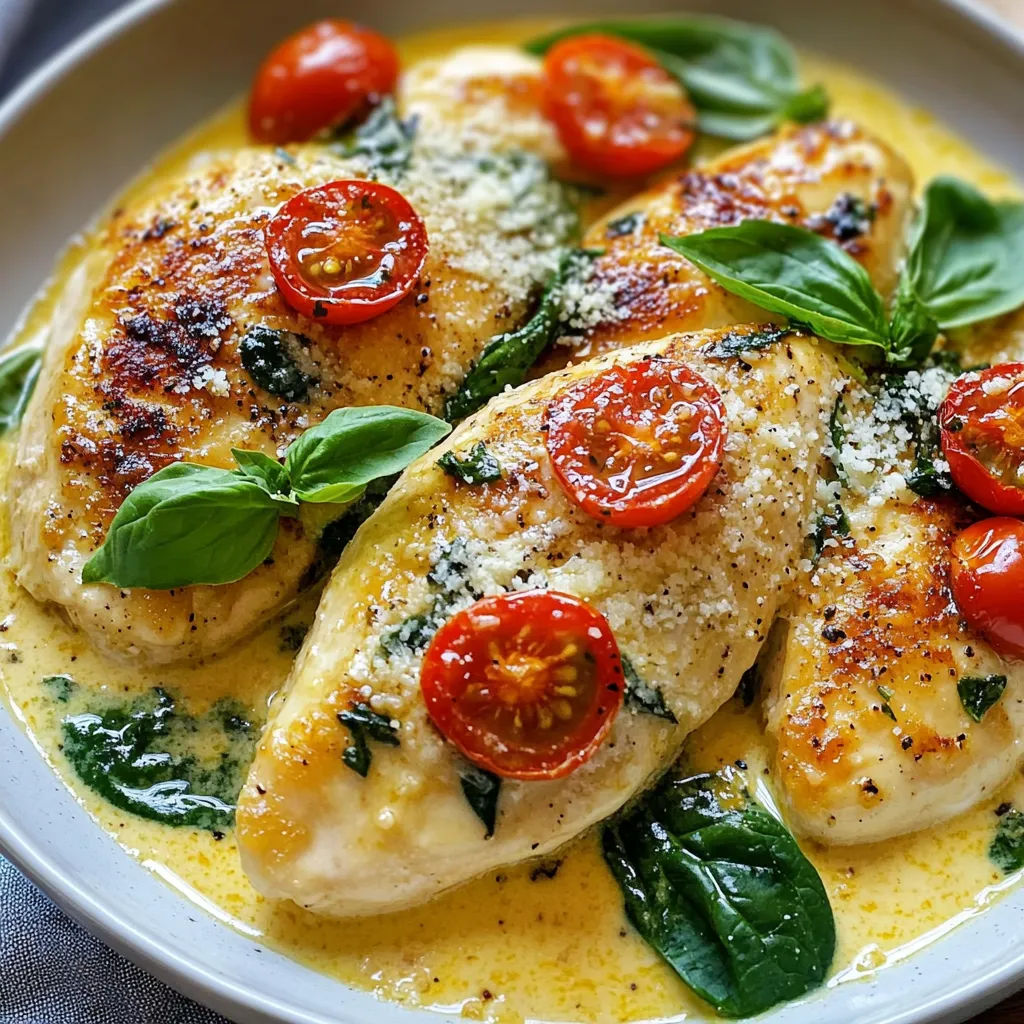 To make creamy garlic Tuscan chicken, you need a few key items. Let’s gather the essentials for this dish. - Chicken - 4 boneless, skinless chicken breasts - Aromatics - 4 cloves garlic, minced - Dairy Products - 1 cup heavy cream - 1/2 cup grated Parmesan cheese - Vegetables - 1 cup cherry tomatoes, halved - 1 cup fresh spinach - Seasonings and Garnishes - 2 tablespoons olive oil - Salt and pepper to taste - 1 teaspoon dried Italian herbs (oregano, basil, thyme) - Fresh basil leaves for garnish These ingredients blend together to create a rich and creamy sauce. Each component adds flavor and texture. The chicken gives protein, while the garlic and herbs offer a wonderful aroma. The cream and cheese provide that velvety richness. The tomatoes and spinach add color and nutrients. Together, they create a balanced meal. Enjoy the process of cooking and the delightful smells that fill your kitchen! {{ingredient_image_1}} First, take the chicken breasts and season them. I use salt, pepper, and dried Italian herbs. Make sure to coat both sides evenly. This step builds a solid flavor base for the dish. Heat two tablespoons of olive oil in a large skillet. Keep the heat at medium-high. Once the oil is hot, add the seasoned chicken breasts. Cook each side for 6-7 minutes until they're golden brown. You want them fully cooked, so a meat thermometer should read 165°F. Remove them from the skillet and set them aside. In the same skillet, add four minced garlic cloves. Sauté for about 30 seconds until you smell that lovely aroma. Be careful not to let the garlic burn. Next, pour in one cup of heavy cream and bring it to a gentle simmer. Stir in half a cup of grated Parmesan cheese. Mix well until the cheese melts into the cream, forming a rich, creamy sauce. Now, it’s time for the fun part: adding veggies! Toss in one cup of halved cherry tomatoes and one cup of fresh spinach. Cook everything for 3-4 minutes. You want the spinach to wilt and the tomatoes to soften, which adds freshness to your dish. Return the cooked chicken breasts to the skillet. Spoon the creamy sauce over them. Let everything simmer for 2-3 more minutes to heat the chicken through. This step allows the chicken to soak up the sauce's flavor. For a beautiful presentation, serve the chicken on a bed of creamy mashed potatoes or alongside roasted vegetables. Don’t forget to drizzle the extra sauce over everything! Garnish with fresh basil leaves for that extra touch of flavor and color. Enjoy your meal! To boost the taste, use fresh garlic. It adds a strong aroma and rich flavor. You can also try adding a splash of white wine when you cook the garlic. This adds depth and brightness. Another great tip is to use fresh herbs. They can really lift the dish. Chopped parsley or fresh basil on top will make it pop. Don't forget to taste as you cook. Adjust the salt and pepper to your liking. For juicy chicken, avoid overcooking. Cook the chicken until it's golden on both sides. Use a meat thermometer to check for doneness. It should read 165°F in the thickest part. Let the chicken rest for a few minutes before slicing. This keeps the juices inside. Slicing right away can make it dry. To make a rich sauce, stir the cream in slowly. Let it simmer gently. If you want it thicker, let it cook a bit longer. Add the Parmesan cheese last. This helps it melt smoothly. If the sauce seems too thick, add a splash of chicken broth. This keeps it creamy without being heavy. Always stir well to mix the flavors. Pro Tips Perfectly Cooked Chicken: Use a meat thermometer to ensure the chicken reaches an internal temperature of 165°F (75°C) for optimal juiciness. Flavor Boost: For an extra depth of flavor, consider marinating the chicken in olive oil, garlic, and herbs for at least 30 minutes before cooking. Thicker Sauce: If you prefer a thicker sauce, allow the cream to reduce longer on the heat, stirring occasionally until it reaches your desired consistency. Vegetable Variations: Feel free to add other vegetables such as bell peppers or mushrooms to the sauce for added nutrition and flavor. {{image_2}} If you want to switch up the protein, you have options. Try using shrimp instead of chicken. Shrimp cooks quickly and absorbs flavors well. You can also use turkey cutlets for a leaner choice. If you prefer plant-based meals, try tofu or tempeh. Just make sure to season them well. This keeps the dish tasty and satisfying. You can personalize your dish with various vegetables. Bell peppers add color and crunch. Zucchini brings a nice texture. Mushrooms add an earthy flavor that pairs well with the creamy sauce. Feel free to toss in some broccoli or asparagus for extra nutrients. Just remember to adjust the cooking time so all veggies cook evenly. Spice it up or tone it down based on your taste. If you like heat, add red pepper flakes for a kick. Swap dried Italian herbs for fresh ones for a brighter flavor. You can also try different herbs like rosemary or parsley. Experimenting with spices makes the dish uniquely yours. After enjoying this creamy garlic Tuscan chicken, store leftovers in an airtight container. Cool the dish to room temperature before sealing. It stays fresh in the fridge for up to three days. Keep the sauce separate if possible to prevent sogginess. To reheat, use a skillet over low heat. Add a splash of cream or broth to keep it moist. Stir gently until heated through. You can also use a microwave, but cover it to avoid splatters. Heat in short bursts, stirring in between, for even warmth. You can freeze this dish for up to three months. Cool it completely before placing it in a freezer-safe container. Label it with the date for easy tracking. When ready to eat, thaw overnight in the fridge. Reheat thoroughly before serving for the best taste. To make Creamy Garlic Tuscan Chicken gluten-free, swap out the heavy cream for a gluten-free cream. You can try coconut cream or cashew cream. These options keep the dish rich and tasty. Make sure all other ingredients, like the chicken and spices, are gluten-free. This simple change allows everyone to enjoy this dish without worry. Yes, you can replace heavy cream with half-and-half or whole milk. These options make the dish lighter. If you want a dairy-free option, use almond milk or soy milk with cornstarch. Mix one tablespoon of cornstarch with your milk. This will help thicken the sauce. Each substitute brings its unique flavor and texture, so feel free to experiment. Creamy Garlic Tuscan Chicken pairs well with many sides. Here are some great choices: - Creamy mashed potatoes - Garlic bread - Steamed broccoli - Roasted asparagus These sides add color and flavor to your plate. They also soak up the delicious sauce, making every bite better. Creamy Garlic Tuscan Chicken lasts about three to four days in the fridge. Store it in an airtight container to keep it fresh. When you’re ready to eat, just reheat it gently on the stove or in the microwave. This way, you enjoy the creamy flavor all over again. This blog post detailed how to make Creamy Garlic Tuscan Chicken. We covered key ingredients, like chicken and vegetables, that make this dish tasty. The step-by-step instructions guide you through the cooking process. I shared tips to enhance flavor and make sure the chicken stays tender. We discussed variations to suit your taste, along with how to store leftovers. Remember, cooking can be fun and creative. Enjoy trying this recipe and make it yours!
