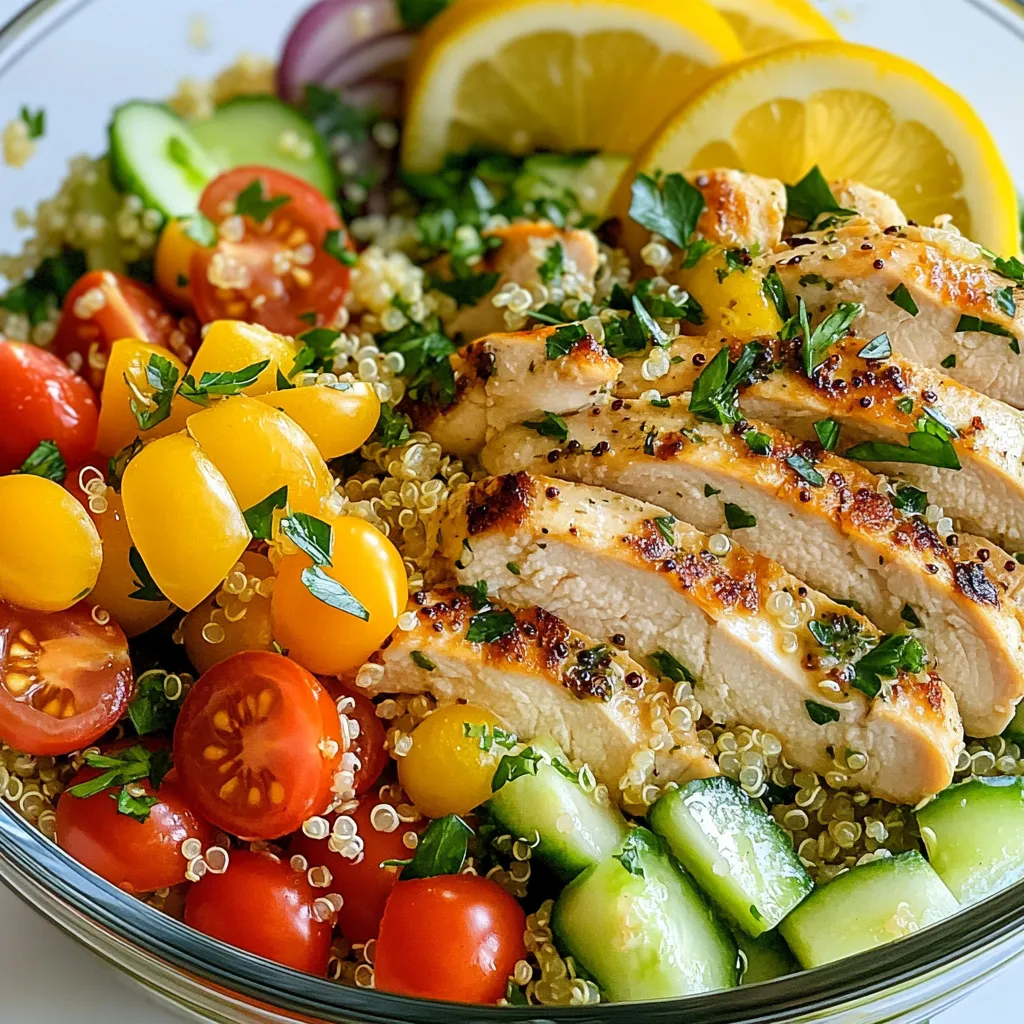 - 1 cup quinoa, rinsed - 2 cups water or chicken broth - 2 boneless, skinless chicken breasts - 2 tablespoons olive oil - Juice and zest of 1 lemon - 1 teaspoon dried oregano - 1 teaspoon dried thyme - 1 cup cherry tomatoes, halved - 1 cucumber, diced - ½ red bell pepper, diced - ½ red onion, finely chopped - ½ cup fresh parsley, chopped - Salt and pepper to taste You can make this salad your own! Here are some fun ideas: - Add feta cheese for a tangy kick. - Toss in some avocado for creaminess. - Use grilled corn for a sweet crunch. - Try different herbs like basil or cilantro. - Add nuts like almonds or walnuts for texture. This salad is light and fresh. Here’s what you get per serving: - Calories: 350 - Protein: 30g - Carbs: 40g - Fat: 10g - Fiber: 6g This dish is not just tasty; it's packed with nutrients! If you're looking for a meal that fills you up without weighing you down, this is it. {{ingredient_image_1}} To start, rinse 1 cup of quinoa under cold water. This step removes the bitter coating. Next, bring 2 cups of water or chicken broth to a boil in a medium saucepan. Add the rinsed quinoa, cover, and reduce the heat to low. Cook for about 15 minutes. The quinoa is ready when it absorbs all the liquid. Once done, fluff it with a fork and let it cool. This cooling step is key for the salad's texture. While your quinoa cooks, season 2 boneless, skinless chicken breasts. Use salt, pepper, and half of the lemon juice and zest. Heat 1 tablespoon of olive oil in a skillet over medium heat. Add the chicken breasts to the skillet. Cook for about 6-7 minutes on each side. Look for a golden brown color. Once cooked, remove the chicken and let it rest for 5 minutes. Slice it into bite-sized pieces. This resting time keeps the chicken juicy. In a large bowl, combine the cooled quinoa, sliced chicken, and the following ingredients: - 1 cup cherry tomatoes, halved - 1 cucumber, diced - ½ red bell pepper, diced - ½ red onion, finely chopped - ½ cup fresh parsley, chopped Next, make the dressing in a small bowl. Whisk together the remaining olive oil, lemon juice, lemon zest, dried oregano, dried thyme, salt, and pepper. Pour this dressing over the salad mixture. Toss gently to combine everything well. Let the salad sit for about 10 minutes. This waiting time helps the flavors blend together nicely. To cook quinoa just right, start with rinsing it well. This step removes the bitter coating. Use a ratio of 1 cup of quinoa to 2 cups of water or broth. Bring the liquid to a boil first. Once boiling, add the quinoa. Cover it and lower the heat. Cook for about 15 minutes. When it’s done, fluff it with a fork and let it cool. This process makes your quinoa light and fluffy. For juicy grilled chicken, start with boneless, skinless breasts. Before grilling, let the chicken rest at room temperature for a bit. This step helps it cook evenly. Season generously with salt, pepper, and half the lemon juice and zest. Preheat your skillet with olive oil over medium heat. Cook each side for about 6-7 minutes. Check for a golden brown color. Let it rest after cooking. This resting time keeps it moist and tender. To enhance your dressing, focus on fresh ingredients. Use fresh lemon juice and zest for a bright taste. Consider adding minced garlic for a zing. Fresh herbs can also boost flavor; try adding basil or cilantro. Taste as you mix. Adjust salt and pepper to your liking. A splash of vinegar can add depth. Mix well and let it sit for a few minutes. This resting time allows the flavors to develop and blend beautifully. Pro Tips Fresh Herbs Matter: Use fresh parsley for a vibrant flavor boost. Dried herbs can be convenient, but fresh herbs elevate your salad significantly. Perfectly Cooked Quinoa: To achieve fluffy quinoa, rinse it thoroughly before cooking to remove bitterness, and allow it to rest after cooking for the best texture. Marinate the Chicken: For extra flavor, marinate the chicken breasts in olive oil, lemon juice, and herbs for at least 30 minutes before cooking. Customize Your Veggies: Feel free to swap in your favorite vegetables like bell peppers, snap peas, or even avocado to make this salad your own. {{image_2}} If you want to switch up the protein, there are many options. You can use grilled shrimp, turkey, or salmon. Each of these choices brings a unique flavor. You might also try chickpeas or black beans for a hearty twist. These alternatives add protein and texture. Just cook them the same way as chicken. Season well to keep it tasty. To make this salad plant-based, skip the chicken and add tofu or tempeh. Both options soak up flavors well. Marinate them in olive oil, lemon juice, and herbs. Bake or pan-fry until golden brown. Toss your favorite veggies into the mix. Try adding avocado for creaminess or nuts for crunch. This makes the salad filling and nutritious. Want to pack in more veggies? Add bell peppers, spinach, or carrots for color. You can also toss in some corn or peas for sweetness. Grated zucchini or broccoli florets work well too. Each veggie adds flavor and nutrients. Feel free to mix and match based on what you have at home. The more, the merrier! To keep your Lemon Herb Quinoa Chicken Salad fresh, store it in an airtight container. Place the salad in the fridge right after serving. It stays good for about three days. If you want, you can separate the dressing and add it just before serving. This helps keep the salad crisp. For meal prep, make the quinoa and chicken ahead of time. You can store them in separate containers. When ready to eat, mix them with the fresh veggies and dressing. This keeps everything tasty and fresh. Meal prepping helps you enjoy this salad all week! Check your salad for any signs of spoilage. If you see mold or a strange smell, it’s time to toss it. If the veggies look wilted or slimy, do not eat them. Always trust your senses. Fresh food is key for great taste and health. Yes, you can make this salad ahead of time. I often prep it a day or two in advance. Just store it in the fridge. The flavors will blend nicely. Keep the dressing separate until you are ready to eat. This way, the salad stays fresh and crunchy. If you want to swap quinoa, try couscous or rice. Both work well. You can also use farro or barley for a different texture. Each option gives a unique taste. Just cook them according to the package directions for best results. To make this salad gluten-free, use quinoa as your base. Quinoa is naturally gluten-free. Check the labels on any other ingredients, like broth. Some brands may add gluten. Fresh veggies and chicken are gluten-free too, so you are safe there! This blog post covered all you need for a delicious salad. We explored ingredients, cooking methods, and tips for great flavor. You learned how to customize your salad with different proteins and veggies. We also discussed safe storage and answered common questions. Try making this dish your own, and have fun with it. Enjoy every bite and feel good about your meal!