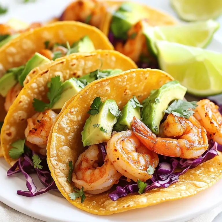 To make spicy garlic shrimp tacos, gather these main ingredients: - 1 lb large shrimp, peeled and deveined - 4 cloves garlic, minced - 2 tablespoons olive oil - 1 teaspoon chili powder - 1 teaspoon smoked paprika - 1/2 teaspoon cayenne pepper (adjust to taste) - Salt and pepper to taste - Juice of 1 lime - 8 small corn tortillas These ingredients give the dish its bold flavor. The shrimp brings protein, while garlic adds depth. Olive oil helps to cook the shrimp and keeps them moist. You can add more flavor with these optional ingredients: - 1 cup red cabbage, shredded - 1 avocado, sliced Red cabbage adds crunch and color, while avocado brings creaminess. These extras make each bite more enjoyable. Finish your tacos with these garnishes and sides: - Fresh cilantro leaves, for garnish - Lime wedges, for serving Cilantro adds a fresh note. Lime wedges give a zesty kick when squeezed on top. You may also serve the tacos with rice or beans on the side for a complete meal. {{ingredient_image_1}} To marinate shrimp, start with a bowl. Add the shrimp, minced garlic, and olive oil. Sprinkle in the chili powder, smoked paprika, cayenne pepper, lime juice, salt, and pepper. Mix it well. I like to coat all the shrimp evenly. Let it sit for 15 to 20 minutes. This step lets the flavors blend and makes the shrimp taste amazing. For cooking, heat a large skillet over medium-high heat. Once hot, add the marinated shrimp. Cook each side for about 2 to 3 minutes. Look for the shrimp to turn pink and opaque. This shows they are done. Remove them from heat. Avoid overcooking, as shrimp can turn tough. Next, warm the corn tortillas. Use a separate skillet and heat it over medium heat. Place each tortilla in the pan for about 30 seconds on each side. You want them soft and pliable. This step makes the tacos easier to fold and eat. Now, it’s time to assemble your tacos. Take a warm tortilla and add a small handful of shredded red cabbage. Next, pile on a few shrimp. Finish with slices of creamy avocado. Top each taco with fresh cilantro leaves. Serve with lime wedges for a zesty kick. Enjoy your tasty creation! When making Spicy Garlic Shrimp Tacos, avoid overcooking the shrimp. Cook them just until pink and opaque, about 2-3 minutes per side. If you cook them too long, they become rubbery. Another mistake is not allowing the shrimp to marinate. This step is key for flavor. Let the shrimp soak up the spices for at least 15 minutes. Finally, do not skip warming the tortillas. Warm tortillas add a nice touch and help hold the filling. To make your tacos even better, try adding more spices. A pinch of cumin or coriander can add depth. You could also use garlic powder for extra garlic flavor. If you love heat, add a dash of hot sauce to the marinade. This will kick up the spice level. Fresh herbs like thyme or oregano can also enhance the flavor. Be creative and adjust the spices to your taste. These tacos go well with many sides. Serve them with a fresh salad for crunch. A simple avocado salad or corn salad pairs nicely. You can also add a side of black beans for protein. For a drink, try a light beer or a refreshing margarita. Limeade is a great non-alcoholic option. With these pairings, you will create a full meal that everyone will enjoy. Pro Tips Choose Fresh Shrimp: Using fresh, high-quality shrimp will enhance the flavor and texture of your tacos significantly. Adjust Spice Levels: Tweak the amount of cayenne pepper based on your spice tolerance to make the dish just right for you. Warm Tortillas Properly: Ensure that your tortillas are warmed just enough to become pliable, as this makes them easier to fold and eat. Garnish with Lime: Serving lime wedges on the side allows everyone to add a burst of freshness and acidity to their tacos. {{image_2}} You can switch out shrimp for other proteins. Try chicken, fish, or even beef. Each choice brings a new taste. Marinate them just like the shrimp. Use the same spices for great flavor. Cook them until they are done, and follow the same steps as the shrimp tacos. For a vegetarian twist, use roasted vegetables or beans. Grilled zucchini, bell peppers, or black beans work well. You can still add garlic to give it a kick. Mix in some lime juice for brightness. This keeps your tacos tasty and satisfying without meat. Get creative with toppings and sauces. You can use mango salsa for a sweet touch. A drizzle of spicy mayo adds heat. Try adding pickled onions for tang. Fresh herbs like cilantro or parsley can brighten the dish. Each topping adds flavor and fun to your tacos. Don't be afraid to mix and match! To keep your shrimp tacos fresh, place any leftovers in an airtight container. Store them in the fridge. They stay good for about 1 to 2 days. If you have extra shrimp, store them separately from the tortillas. This helps prevent sogginess. When you reheat the shrimp, use a skillet. Warm them over medium heat for about 2 to 3 minutes. This keeps them juicy. For the tortillas, you can warm them in a dry skillet too. Heat them for 30 seconds on each side. This makes them soft and pliable again. If you want to freeze the shrimp, first cool them completely. Then, place them in a freezer bag. Remove as much air as you can before sealing. Shrimp can last up to 3 months in the freezer. For the tortillas, wrap them in foil or plastic wrap. They can also freeze well for about 2 to 3 months. Just remember to thaw both in the fridge before reheating. Yes, you can use frozen shrimp. Just make sure to thaw them first. Place them in the fridge overnight or run them under cold water. This keeps the shrimp juicy and tender. If you don’t have corn tortillas, try flour tortillas or lettuce wraps. Flour tortillas are soft and chewy, while lettuce wraps are fresh and low-carb. Both options work well with the shrimp. To lower the spice level, cut back on cayenne pepper. You can also add more lime juice or avocado for creaminess. Both help balance the heat without losing flavor. Many sides go great with these tacos. Consider serving black beans, rice, or a light salad. These sides complement the shrimp while adding color and nutrition. In this blog post, we explored how to make Spicy Garlic Shrimp Tacos. We looked at main and optional ingredients, along with garnishes. You learned step-by-step instructions for marinating and cooking shrimp, warming tortillas, and assembling tacos. We shared tips on avoiding mistakes, enhancing flavors, and suggested pairings. You can also try different proteins or vegetarian options. Remember to store and reheat your tacos properly. Now, it’s time to enjoy these delicious tacos and get creative!