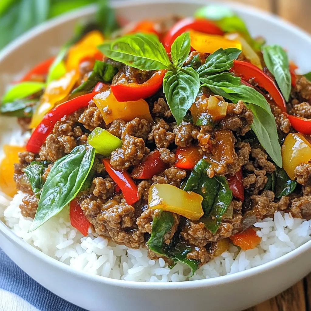 To make Thai Basil Beef, gather these key ingredients: - 1 pound ground beef - 1 tablespoon vegetable oil - 4 cloves garlic, minced - 2 Thai red chilies, finely chopped (adjust to taste) - 1 bell pepper, sliced (any color) - 2 tablespoons soy sauce - 1 tablespoon oyster sauce - 1 tablespoon fish sauce - 1 teaspoon sugar - 1 cup fresh Thai basil leaves - Cooked jasmine rice, for serving These ingredients create a bold and tasty stir-fry. The beef gives a rich base, while the spices add heat and flavor. I always recommend using fresh ingredients when making Thai Basil Beef. Fresh garlic and chilies bring brightness and depth. Fresh Thai basil adds a unique aroma and taste that dried herbs can't match. Dried herbs lose their flavor over time. If you can, choose fresh. If you can't find Thai basil, use sweet basil as a substitute. It won't taste the same, but it still works well. For ground beef, ground chicken or turkey can be good options. If you want less heat, reduce the number of chilies or use sweet bell peppers. Adjust based on what you have at home! {{ingredient_image_1}} To start, gather all your ingredients. You’ll need: - 1 pound ground beef - 1 tablespoon vegetable oil - 4 cloves garlic, minced - 2 Thai red chilies, finely chopped (adjust to taste) - 1 bell pepper, sliced (any color) - 2 tablespoons soy sauce - 1 tablespoon oyster sauce - 1 tablespoon fish sauce - 1 teaspoon sugar - 1 cup fresh Thai basil leaves - Cooked jasmine rice for serving Next, wash and slice the bell pepper. Chop the chilies and mince the garlic. This makes cooking faster and easier. Heat the vegetable oil in a large skillet or wok over medium-high heat. When the oil is hot, add the minced garlic and chopped chilies. Sauté for about 30 seconds. You want them fragrant but not burnt. Then, add the ground beef. Break it apart with a spatula. Cook it until it turns brown, which takes about 5 to 7 minutes. Now, stir in the sliced bell pepper. Keep cooking for another 2 to 3 minutes until the pepper is soft but still crunchy. In a small bowl, mix the soy sauce, oyster sauce, fish sauce, and sugar. Pour this sauce over the beef and veggies. Stir everything well to coat it. Let it cook for 2 more minutes. This helps the flavors mix nicely. Finally, take the skillet off the heat. Add the fresh Thai basil leaves. Stir until they wilt from the heat. - Make sure your oil is hot before adding garlic. This keeps it from burning. - Use a spatula to break up the beef. This helps it cook evenly. - Don’t rush the cooking time for the beef. Browning adds flavor. - Adjust the chilies to your spice level. You can add more or less. - Serve over jasmine rice for the best taste. The rice soaks up the sauce well. These steps will help you create a delicious Thai basil beef dish that impresses! To boost flavor, use fresh Thai basil. Fresh herbs add a bright taste. Add some lime juice for a zesty kick. You can also sprinkle chopped peanuts on top for crunch. For more depth, try using a mix of ground beef and pork. This adds richness to the dish. Always heat your pan before adding oil. A hot pan helps the beef sear. Stir-fry quickly to keep the meat juicy. Use a spatula to break apart the beef as it cooks. This helps it brown evenly. Add vegetables like bell peppers later in cooking. This keeps them crunchy and colorful. Don’t overcrowd the pan. This can cause steaming instead of frying. If your beef is too watery, drain some liquid. Lastly, avoid cooking the basil too long. Adding it at the end keeps its flavor and color bright. Pro Tips Adjust the Heat: If you prefer a milder dish, remove the seeds from the Thai chilies before chopping or use less than the recipe calls for. Freshness Matters: Always use fresh Thai basil for the best flavor. If unavailable, you can substitute with regular basil, but the taste will differ. Perfect Rice: For the best texture, rinse your jasmine rice under cold water until the water runs clear before cooking to remove excess starch. Quick Marinade: For extra flavor, marinate the ground beef in the sauce mixture for 15-30 minutes before cooking to enhance its taste. {{image_2}} You can swap the ground beef for other meats. Ground chicken or turkey works well. If you prefer something richer, try pork. Thinly sliced beef or chicken breast also makes a great choice. Each protein brings its own flavor. Adjust the cooking time for different meats. For a vegetarian or vegan dish, you can use mushrooms or tofu. Firm tofu absorbs flavors well. Cut it into small cubes for easy cooking. Use the same sauces to keep the taste. Add extra veggies like zucchini or carrots for more texture. Want more spice? Use more Thai chilies. You can also add chili paste or hot sauce. For less heat, remove the seeds from the chilies. Another choice is to use sweet bell peppers. They add color and crunch without heat. Adjust to your liking for the perfect balance. To keep your Thai basil beef fresh, let it cool first. Then, place it in an airtight container. I recommend using glass or plastic containers with tight lids. Store your leftovers in the fridge. They should last for about 3 to 4 days. If you want to keep it longer, consider freezing. When you're ready to eat, take out your leftovers. You can reheat them on the stove or in the microwave. For the stove, add a splash of water or oil to a pan. Heat it over medium heat until warm. Stir it often to prevent burning. In the microwave, use a microwave-safe dish. Cover it with a lid or a damp paper towel. Heat in 30-second bursts, stirring in between until hot. To freeze Thai basil beef, pack it in a freezer-safe container. Leave some space at the top for expansion. It can last for up to 3 months in the freezer. When you want to use it, thaw it overnight in the fridge. Then reheat it as mentioned above. This way, you can enjoy your tasty meal later! Thai basil is a unique herb. It has a sweet, spicy taste. The leaves are dark green and shiny. They also have a hint of anise flavor. This sets it apart from regular basil. You can find it in Asian markets. Thai basil holds up well when cooked, making it perfect for stir-fries. Yes, you can use ground chicken or turkey. These meats are leaner than beef. They will change the flavor a bit. Ground chicken gives a mild taste. Ground turkey is a good choice for a healthier dish. Just make sure to cook them well. To make your dish spicier, add more chilies. You can use Thai red chilies. Slice them up and add as many as you like. Another option is to use chili paste or sauce. Mix it in with the sauces. You can also serve it with a side of chili flakes for extra heat. This blog post covered the key ingredients for making Thai Basil Beef, including fresh and dried options. I shared step-by-step instructions, tips for perfect cooking, and common mistakes to avoid. We also explored variations, including protein swaps and vegan options, plus smart storage methods for leftovers. Remember, with the right ingredients and techniques, you can create a delicious dish that suits your taste. Enjoy cooking confidently!