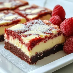 To make red velvet cheesecake brownies, gather these main ingredients: - 1 cup unsalted butter, melted - 1 1/2 cups granulated sugar - 1 teaspoon vanilla extract - 3 large eggs - 1 1/4 cups all-purpose flour - 1/2 cup cocoa powder - 1 teaspoon baking powder - 1/2 teaspoon salt - 1 tablespoon red food coloring These ingredients come together to create a rich and soft brownie base. The melted butter adds moisture, while the sugar helps with sweetness and texture. For the cheesecake layer, you will need: - 8 oz cream cheese, softened - 1/2 cup powdered sugar - 1 egg - 1 teaspoon vanilla extract (for cheesecake layer) This layer adds a creamy, tangy contrast to the sweet, chocolatey brownie. Softened cream cheese mixes easily, creating a smooth texture for the layer. To make your brownies shine, source fresh, quality ingredients: - Choose unsalted butter for better control over saltiness. - Use high-quality cocoa powder for rich chocolate flavor. - Opt for pure vanilla extract instead of imitation for true flavor. - Select fresh eggs, as they improve texture and taste. - Look for cream cheese that is soft and creamy, as it blends better. Buying the best ingredients enhances the overall taste of your brownies. Don't hesitate to visit local markets or specialty stores for fresh finds. {{ingredient_image_1}} Start by preheating your oven to 350°F (175°C). This step warms up the oven for even baking. Next, you need a 9x13 inch baking pan. Lightly grease it or line it with parchment paper. This makes it easy to remove the brownies later. In a large bowl, combine 1 cup of melted unsalted butter and 1 1/2 cups of granulated sugar. Mix these until they blend well. Add 1 teaspoon of vanilla extract, then crack in 3 large eggs, one at a time. Make sure to stir well after adding each egg. In another bowl, sift together 1 1/4 cups of all-purpose flour, 1/2 cup of cocoa powder, 1 teaspoon of baking powder, and 1/2 teaspoon of salt. This step helps remove lumps. Gradually add the dry mixture to the wet ingredients. Stir until just combined. Finally, mix in 1 tablespoon of red food coloring. Stir until the batter is smooth and evenly colored. This is your red velvet brownie base. For the cream cheese layer, take 8 ounces of softened cream cheese. In a separate bowl, beat it until creamy. Add 1/2 cup of powdered sugar, 1 egg, and 1 teaspoon of vanilla extract. Mix until the mixture is smooth and fluffy. This layer adds richness to your brownies. Now, pour half of the red velvet batter into the prepared baking pan. Spread it evenly across the bottom. Next, carefully spoon dollops of the cream cheese mixture on top of the red velvet layer. Use a knife to swirl the two mixtures together. This creates a beautiful marbled effect. After that, pour the remaining red velvet batter on top. Gently spread it to cover the cream cheese layer. Bake in the preheated oven for 30 to 35 minutes. Check if they are done by inserting a toothpick into the center. If it comes out clean, they’re ready. Let the brownies cool in the pan before slicing them into squares. Enjoy your delicious red velvet cheesecake brownies! To get the best texture for your brownies, focus on mixing. Don’t overmix the batter after adding flour. This helps keep the brownies soft. Use room temperature eggs for better blending. The cream cheese layer should be smooth and creamy. It adds a nice contrast to the brownies. One common mistake is not measuring ingredients. Use a kitchen scale for precision. Another mistake is baking too long. Check for doneness around 30 minutes. A toothpick should have a few moist crumbs, not wet batter. Lastly, don’t skip the cooling step. Cutting them too soon can make a mess. Use high-quality cocoa powder for a rich taste. Try adding a pinch of espresso powder to deepen the chocolate flavor. For presentation, dust the brownies with powdered sugar. Add fresh raspberries or strawberries on the side for color. Serve on a nice platter to impress your guests. Pro Tips Use Room Temperature Ingredients: Ensure that your cream cheese and eggs are at room temperature for a smoother cheesecake layer. Don’t Overmix the Batter: Mix the brownie batter just until combined to maintain a fudgy texture. Swirl with Care: When creating the marbled effect, use a gentle hand to avoid fully blending the layers. Let Them Cool: Allow the brownies to cool completely in the pan before slicing for cleaner edges. {{image_2}} You can add nuts for a nice crunch. I like walnuts or pecans. Chop them finely and sprinkle them onto the brownie batter. Just fold them in gently to keep the texture. This adds a lovely nutty flavor. The nuts also contrast well with the soft cheesecake layer. To make these brownies gluten-free, swap regular flour for a gluten-free blend. Look for blends that include xanthan gum, which helps with texture. Follow the same steps in the recipe. Your brownies will still be rich and tasty, perfect for everyone. You can easily make this dessert vegan. Use melted coconut oil instead of butter. Replace eggs with flax eggs, made from ground flaxseed and water. For the cream cheese layer, use a vegan cream cheese. Mix it with powdered sugar and a splash of almond milk. This way, you can enjoy all the flavors while keeping it plant-based. To keep your red velvet cheesecake brownies fresh, store them in an airtight container. You can keep them at room temperature for up to three days. If you want them to last longer, put them in the fridge. This will keep them tasty for about a week. Just remember to let them come to room temperature before eating. The flavors will shine through better this way. Freezing is a great option for longer storage. First, cut the brownies into squares. Then, wrap each square in plastic wrap. After that, place them in a freezer bag or container. Make sure to remove as much air as possible. You can freeze them for up to three months. When you're ready to enjoy them, just pull out a square and let it thaw in the fridge overnight. To warm up your brownies, use the microwave or the oven. For the microwave, heat for about 10-15 seconds. Check to see if it’s warm enough. If you use the oven, set it to 350°F (175°C). Put the brownies on a baking sheet and heat for about 5-7 minutes. This will make them soft and gooey, just like when they were fresh! Enjoy the delightful taste again! Red velvet desserts trace back to the 1800s. They gained fame in the Southern United States. These treats were known for their rich, red hue and soft texture. The red color often came from cocoa powder and buttermilk. Many believe it symbolizes love and romance. Today, red velvet is a favorite for cakes and brownies alike. Its unique flavor mixes cocoa with a hint of vanilla. Yes, you can make these brownies in advance. Prepare them a day or two ahead for best results. Let the brownies cool completely before covering them. Store them in an airtight container at room temperature. This keeps them fresh and moist. If you want to store them longer, freeze them. Wrap each brownie in plastic wrap, then place them in a freezer-safe bag. Thaw at room temperature when ready to enjoy. To check if the brownies are done, use a toothpick. Insert it into the center of the brownies. If it comes out clean, they are ready. You may see a few moist crumbs, but no wet batter. Baking times can vary, so keep an eye on them. Start checking around 30 minutes. Remember, they will continue to cook a bit after you take them out. In this blog post, we explored the rich world of red velvet cheesecake brownies. We covered key ingredients to perfect each layer, along with tips to avoid common mistakes. You learned step-by-step how to make this treat and its variations, including gluten-free options. Remember to store your brownies well for lasting freshness. These small details can make a big difference in your baking. Enjoy the process and taste the results!