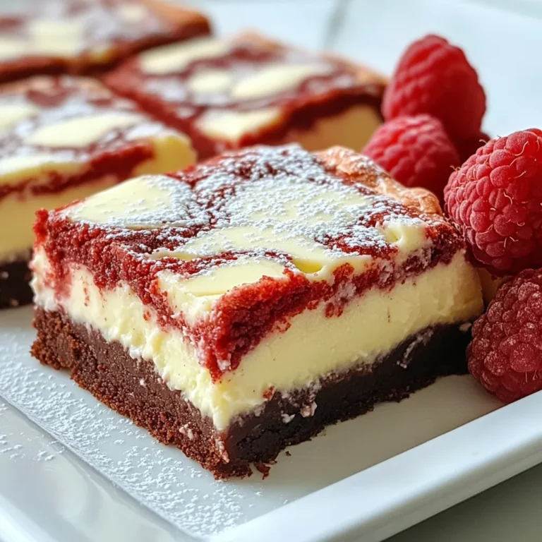 To make red velvet cheesecake brownies, gather these main ingredients: - 1 cup unsalted butter, melted - 1 1/2 cups granulated sugar - 1 teaspoon vanilla extract - 3 large eggs - 1 1/4 cups all-purpose flour - 1/2 cup cocoa powder - 1 teaspoon baking powder - 1/2 teaspoon salt - 1 tablespoon red food coloring These ingredients come together to create a rich and soft brownie base. The melted butter adds moisture, while the sugar helps with sweetness and texture. For the cheesecake layer, you will need: - 8 oz cream cheese, softened - 1/2 cup powdered sugar - 1 egg - 1 teaspoon vanilla extract (for cheesecake layer) This layer adds a creamy, tangy contrast to the sweet, chocolatey brownie. Softened cream cheese mixes easily, creating a smooth texture for the layer. To make your brownies shine, source fresh, quality ingredients: - Choose unsalted butter for better control over saltiness. - Use high-quality cocoa powder for rich chocolate flavor. - Opt for pure vanilla extract instead of imitation for true flavor. - Select fresh eggs, as they improve texture and taste. - Look for cream cheese that is soft and creamy, as it blends better. Buying the best ingredients enhances the overall taste of your brownies. Don't hesitate to visit local markets or specialty stores for fresh finds. {{ingredient_image_1}} Start by preheating your oven to 350°F (175°C). This step warms up the oven for even baking. Next, you need a 9x13 inch baking pan. Lightly grease it or line it with parchment paper. This makes it easy to remove the brownies later. In a large bowl, combine 1 cup of melted unsalted butter and 1 1/2 cups of granulated sugar. Mix these until they blend well. Add 1 teaspoon of vanilla extract, then crack in 3 large eggs, one at a time. Make sure to stir well after adding each egg. In another bowl, sift together 1 1/4 cups of all-purpose flour, 1/2 cup of cocoa powder, 1 teaspoon of baking powder, and 1/2 teaspoon of salt. This step helps remove lumps. Gradually add the dry mixture to the wet ingredients. Stir until just combined. Finally, mix in 1 tablespoon of red food coloring. Stir until the batter is smooth and evenly colored. This is your red velvet brownie base. For the cream cheese layer, take 8 ounces of softened cream cheese. In a separate bowl, beat it until creamy. Add 1/2 cup of powdered sugar, 1 egg, and 1 teaspoon of vanilla extract. Mix until the mixture is smooth and fluffy. This layer adds richness to your brownies. Now, pour half of the red velvet batter into the prepared baking pan. Spread it evenly across the bottom. Next, carefully spoon dollops of the cream cheese mixture on top of the red velvet layer. Use a knife to swirl the two mixtures together. This creates a beautiful marbled effect. After that, pour the remaining red velvet batter on top. Gently spread it to cover the cream cheese layer. Bake in the preheated oven for 30 to 35 minutes. Check if they are done by inserting a toothpick into the center. If it comes out clean, they’re ready. Let the brownies cool in the pan before slicing them into squares. Enjoy your delicious red velvet cheesecake brownies! To get the best texture for your brownies, focus on mixing. Don’t overmix the batter after adding flour. This helps keep the brownies soft. Use room temperature eggs for better blending. The cream cheese layer should be smooth and creamy. It adds a nice contrast to the brownies. One common mistake is not measuring ingredients. Use a kitchen scale for precision. Another mistake is baking too long. Check for doneness around 30 minutes. A toothpick should have a few moist crumbs, not wet batter. Lastly, don’t skip the cooling step. Cutting them too soon can make a mess. Use high-quality cocoa powder for a rich taste. Try adding a pinch of espresso powder to deepen the chocolate flavor. For presentation, dust the brownies with powdered sugar. Add fresh raspberries or strawberries on the side for color. Serve on a nice platter to impress your guests. Pro Tips Use Room Temperature Ingredients: Ensure that your cream cheese and eggs are at room temperature for a smoother cheesecake layer. Don’t Overmix the Batter: Mix the brownie batter just until combined to maintain a fudgy texture. Swirl with Care: When creating the marbled effect, use a gentle hand to avoid fully blending the layers. Let Them Cool: Allow the brownies to cool completely in the pan before slicing for cleaner edges. {{image_2}} You can add nuts for a nice crunch. I like walnuts or pecans. Chop them finely and sprinkle them onto the brownie batter. Just fold them in gently to keep the texture. This adds a lovely nutty flavor. The nuts also contrast well with the soft cheesecake layer. To make these brownies gluten-free, swap regular flour for a gluten-free blend. Look for blends that include xanthan gum, which helps with texture. Follow the same steps in the recipe. Your brownies will still be rich and tasty, perfect for everyone. You can easily make this dessert vegan. Use melted coconut oil instead of butter. Replace eggs with flax eggs, made from ground flaxseed and water. For the cream cheese layer, use a vegan cream cheese. Mix it with powdered sugar and a splash of almond milk. This way, you can enjoy all the flavors while keeping it plant-based. To keep your red velvet cheesecake brownies fresh, store them in an airtight container. You can keep them at room temperature for up to three days. If you want them to last longer, put them in the fridge. This will keep them tasty for about a week. Just remember to let them come to room temperature before eating. The flavors will shine through better this way. Freezing is a great option for longer storage. First, cut the brownies into squares. Then, wrap each square in plastic wrap. After that, place them in a freezer bag or container. Make sure to remove as much air as possible. You can freeze them for up to three months. When you're ready to enjoy them, just pull out a square and let it thaw in the fridge overnight. To warm up your brownies, use the microwave or the oven. For the microwave, heat for about 10-15 seconds. Check to see if it’s warm enough. If you use the oven, set it to 350°F (175°C). Put the brownies on a baking sheet and heat for about 5-7 minutes. This will make them soft and gooey, just like when they were fresh! Enjoy the delightful taste again! Red velvet desserts trace back to the 1800s. They gained fame in the Southern United States. These treats were known for their rich, red hue and soft texture. The red color often came from cocoa powder and buttermilk. Many believe it symbolizes love and romance. Today, red velvet is a favorite for cakes and brownies alike. Its unique flavor mixes cocoa with a hint of vanilla. Yes, you can make these brownies in advance. Prepare them a day or two ahead for best results. Let the brownies cool completely before covering them. Store them in an airtight container at room temperature. This keeps them fresh and moist. If you want to store them longer, freeze them. Wrap each brownie in plastic wrap, then place them in a freezer-safe bag. Thaw at room temperature when ready to enjoy. To check if the brownies are done, use a toothpick. Insert it into the center of the brownies. If it comes out clean, they are ready. You may see a few moist crumbs, but no wet batter. Baking times can vary, so keep an eye on them. Start checking around 30 minutes. Remember, they will continue to cook a bit after you take them out. In this blog post, we explored the rich world of red velvet cheesecake brownies. We covered key ingredients to perfect each layer, along with tips to avoid common mistakes. You learned step-by-step how to make this treat and its variations, including gluten-free options. Remember to store your brownies well for lasting freshness. These small details can make a big difference in your baking. Enjoy the process and taste the results!