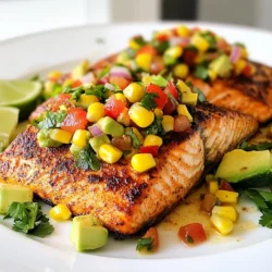 - 4 salmon fillets (about 6 oz each) - 2 tablespoons Cajun seasoning - 1 tablespoon olive oil - 1 cup corn kernels (fresh or canned) - 1/2 red bell pepper, diced - 1/2 red onion, finely chopped - 1 avocado, diced - 1/4 cup fresh cilantro, chopped - Juice of 1 lime - 1 tablespoon honey or maple syrup (optional for sweetness) - Salt and pepper to taste Gather these ingredients before you start. The salmon and corn salsa blend well. The Cajun seasoning adds a spicy kick, while the corn salsa cools it down. The fresh veggies in the salsa bring color and taste. The lime juice brightens the mix. The honey or maple syrup can sweeten it, if you like. {{ingredient_image_1}} Preheat your grill or skillet over medium-high heat. This helps the salmon cook evenly. A hot surface gives you that nice, crispy skin. Pat the salmon fillets dry using paper towels. This step is important for a good sear. Next, rub the Cajun seasoning all over each fillet. Drizzle olive oil on top. Add salt and pepper to taste. This will make the salmon flavorful and juicy. Place the salmon fillets skin-side down on the grill or skillet. Cook them for about 4-5 minutes without moving them. This helps the skin get crispy. Flip the fillets carefully and cook for another 3-4 minutes. Check for your desired doneness. Salmon should be opaque and flake easily. While the salmon cooks, grab a mixing bowl. Combine corn, diced red bell pepper, chopped red onion, diced avocado, and cilantro. Squeeze lime juice over the mix. If you like it sweet, add honey or maple syrup. Season with salt and pepper. Gently toss everything together until mixed well. Once the salmon is cooked, take it off the heat. Let it rest for a minute. Serve each salmon fillet topped with a generous spoonful of corn salsa. You can garnish with extra cilantro and lime wedges. This will add color and extra flavor to your dish. To get crispy skin on your salmon, start with dry fillets. Pat them well with paper towels. This removes moisture and helps the skin crisp up nicely. Heat your grill or skillet to medium-high. Place the salmon skin-side down and don’t move it for about 4-5 minutes. This allows the skin to get golden brown. If your fillet is thicker than 1 inch, you may need to cook it a bit longer. Aim for 4-5 minutes per side for 1-inch thick fillets. Adjust your time if your fillet is thicker or thinner. To make your corn salsa pop, try adding diced jalapeños for some heat. Lime zest can also brighten the flavors. You can mix in mango or pineapple for a sweet twist. A pinch of salt brings all the flavors together. Always taste your salsa before serving. Adjust seasoning as needed to suit your taste. For a perfect meal, pair your Cajun salmon with a light salad or steamed veggies. Quinoa or rice also make great sides. For drinks, try a crisp white wine or sparkling water with lime. These choices complement the dish and enhance your dining experience. Enjoy your flavorful meal! Pro Tips Fresh Ingredients: Always opt for fresh corn and ripe avocados for the best flavor and texture in your corn salsa. Adjust the Spice: Feel free to modify the amount of Cajun seasoning based on your spice preference. Start with less if you're sensitive to heat. Let it Rest: Allow the cooked salmon to rest for a minute before serving. This helps retain moisture and enhances the flavor. Presentation Matters: Serve the salmon on a colorful plate with the corn salsa artfully arranged on top for an appealing presentation. {{image_2}} You can switch up your Cajun salmon with other spice blends. Try lemon pepper for a bright zest. A mix of garlic powder and paprika adds a smoky flavor. If you love heat, go for chili powder or a spicy blackening mix. You can even use Italian herbs for a different twist. These options let you create your own flavor profile. Corn salsa can be fun and fruity. Add diced mango or pineapple for a sweet touch. These fruits balance the spice from the Cajun salmon. You can also toss in some diced tomatoes for extra freshness. For a zesty kick, add jalapeños or lime zest. Each mix gives your salsa a unique flair. Making your dish fit your needs is easy. To go gluten-free, just check your spice blend. Most Cajun seasonings are safe. For a dairy-free version, skip any creamy toppings. If you want it paleo-friendly, use fresh ingredients and avoid processed items. Adjusting your dish keeps it tasty while meeting dietary needs. To keep your Cajun salmon and corn salsa fresh, store them in airtight containers. Place the salmon in one container and the salsa in another. Make sure to cool them to room temperature first. This helps avoid condensation, which can make the food soggy. Refrigerate the containers right away. They will stay fresh for up to three days. If you want to save leftovers, freezing is a great option. Wrap the salmon tightly in plastic wrap or aluminum foil. Then, place it in a freezer-safe bag. For the corn salsa, transfer it to a freezer-safe container. Leave some space at the top, as it may expand when frozen. Both can last for up to three months in the freezer. When it's time to enjoy your leftovers, reheat them carefully. For the salmon, place it in a skillet over low heat. Cover it to keep moisture in and heat it for about 5 minutes. You want it warm, not overcooked. For the corn salsa, you can simply let it sit at room temperature for a few minutes. If you prefer it warm, add it to the skillet for just a minute. This method keeps the flavors intact and the texture just right. Yes, you can use frozen salmon. Just make sure to thaw it first. You can do this in the fridge overnight or in cold water for about an hour. After thawing, pat the salmon dry before seasoning. Cooking times may be a little longer. Cook for about 5-6 minutes per side, checking for doneness. To check if your salmon is done, look for a few signs. The flesh should turn from bright pink to a pale, opaque color. You can also use a fork to flake the salmon. If it flakes easily, it is done. Another way is to use a meat thermometer. The internal temperature should reach 145°F for safe eating. If you need a corn substitute, there are tasty options. You can use diced zucchini or chopped bell peppers for crunch. Black beans are another great choice for protein and fiber. If you like sweetness, try diced mango or pineapple. These alternatives will still give your salsa a fresh taste. This meal combines delicious, spicy salmon with fresh corn salsa. You learned how to season and cook salmon to perfection. The salsa adds flavor and brightens the dish. Remember to try different spices or add fruits to the salsa for new tastes. With proper storage, you can enjoy this meal later too. Enjoy the fun of cooking and share the joy with friends. This dish is simple but packed with flavor. Happy cooking!