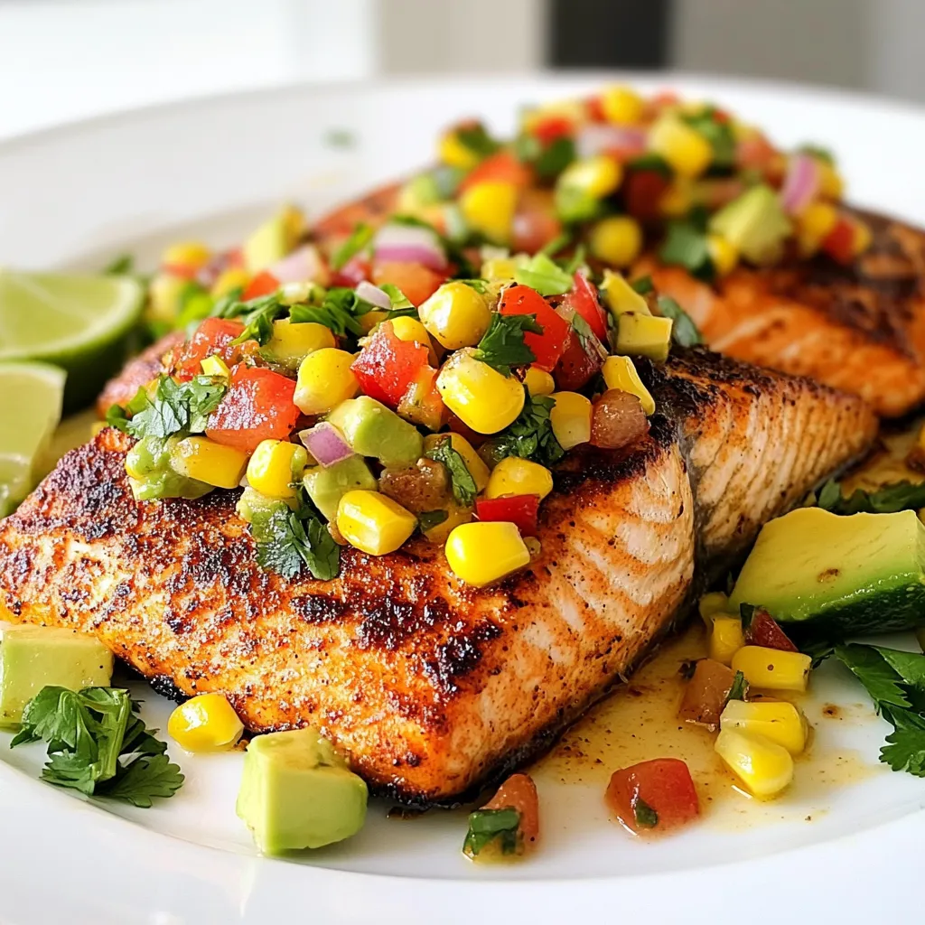 - 4 salmon fillets (about 6 oz each) - 2 tablespoons Cajun seasoning - 1 tablespoon olive oil - 1 cup corn kernels (fresh or canned) - 1/2 red bell pepper, diced - 1/2 red onion, finely chopped - 1 avocado, diced - 1/4 cup fresh cilantro, chopped - Juice of 1 lime - 1 tablespoon honey or maple syrup (optional for sweetness) - Salt and pepper to taste Gather these ingredients before you start. The salmon and corn salsa blend well. The Cajun seasoning adds a spicy kick, while the corn salsa cools it down. The fresh veggies in the salsa bring color and taste. The lime juice brightens the mix. The honey or maple syrup can sweeten it, if you like. {{ingredient_image_1}} Preheat your grill or skillet over medium-high heat. This helps the salmon cook evenly. A hot surface gives you that nice, crispy skin. Pat the salmon fillets dry using paper towels. This step is important for a good sear. Next, rub the Cajun seasoning all over each fillet. Drizzle olive oil on top. Add salt and pepper to taste. This will make the salmon flavorful and juicy. Place the salmon fillets skin-side down on the grill or skillet. Cook them for about 4-5 minutes without moving them. This helps the skin get crispy. Flip the fillets carefully and cook for another 3-4 minutes. Check for your desired doneness. Salmon should be opaque and flake easily. While the salmon cooks, grab a mixing bowl. Combine corn, diced red bell pepper, chopped red onion, diced avocado, and cilantro. Squeeze lime juice over the mix. If you like it sweet, add honey or maple syrup. Season with salt and pepper. Gently toss everything together until mixed well. Once the salmon is cooked, take it off the heat. Let it rest for a minute. Serve each salmon fillet topped with a generous spoonful of corn salsa. You can garnish with extra cilantro and lime wedges. This will add color and extra flavor to your dish. To get crispy skin on your salmon, start with dry fillets. Pat them well with paper towels. This removes moisture and helps the skin crisp up nicely. Heat your grill or skillet to medium-high. Place the salmon skin-side down and don’t move it for about 4-5 minutes. This allows the skin to get golden brown. If your fillet is thicker than 1 inch, you may need to cook it a bit longer. Aim for 4-5 minutes per side for 1-inch thick fillets. Adjust your time if your fillet is thicker or thinner. To make your corn salsa pop, try adding diced jalapeños for some heat. Lime zest can also brighten the flavors. You can mix in mango or pineapple for a sweet twist. A pinch of salt brings all the flavors together. Always taste your salsa before serving. Adjust seasoning as needed to suit your taste. For a perfect meal, pair your Cajun salmon with a light salad or steamed veggies. Quinoa or rice also make great sides. For drinks, try a crisp white wine or sparkling water with lime. These choices complement the dish and enhance your dining experience. Enjoy your flavorful meal! Pro Tips Fresh Ingredients: Always opt for fresh corn and ripe avocados for the best flavor and texture in your corn salsa. Adjust the Spice: Feel free to modify the amount of Cajun seasoning based on your spice preference. Start with less if you're sensitive to heat. Let it Rest: Allow the cooked salmon to rest for a minute before serving. This helps retain moisture and enhances the flavor. Presentation Matters: Serve the salmon on a colorful plate with the corn salsa artfully arranged on top for an appealing presentation. {{image_2}} You can switch up your Cajun salmon with other spice blends. Try lemon pepper for a bright zest. A mix of garlic powder and paprika adds a smoky flavor. If you love heat, go for chili powder or a spicy blackening mix. You can even use Italian herbs for a different twist. These options let you create your own flavor profile. Corn salsa can be fun and fruity. Add diced mango or pineapple for a sweet touch. These fruits balance the spice from the Cajun salmon. You can also toss in some diced tomatoes for extra freshness. For a zesty kick, add jalapeños or lime zest. Each mix gives your salsa a unique flair. Making your dish fit your needs is easy. To go gluten-free, just check your spice blend. Most Cajun seasonings are safe. For a dairy-free version, skip any creamy toppings. If you want it paleo-friendly, use fresh ingredients and avoid processed items. Adjusting your dish keeps it tasty while meeting dietary needs. To keep your Cajun salmon and corn salsa fresh, store them in airtight containers. Place the salmon in one container and the salsa in another. Make sure to cool them to room temperature first. This helps avoid condensation, which can make the food soggy. Refrigerate the containers right away. They will stay fresh for up to three days. If you want to save leftovers, freezing is a great option. Wrap the salmon tightly in plastic wrap or aluminum foil. Then, place it in a freezer-safe bag. For the corn salsa, transfer it to a freezer-safe container. Leave some space at the top, as it may expand when frozen. Both can last for up to three months in the freezer. When it's time to enjoy your leftovers, reheat them carefully. For the salmon, place it in a skillet over low heat. Cover it to keep moisture in and heat it for about 5 minutes. You want it warm, not overcooked. For the corn salsa, you can simply let it sit at room temperature for a few minutes. If you prefer it warm, add it to the skillet for just a minute. This method keeps the flavors intact and the texture just right. Yes, you can use frozen salmon. Just make sure to thaw it first. You can do this in the fridge overnight or in cold water for about an hour. After thawing, pat the salmon dry before seasoning. Cooking times may be a little longer. Cook for about 5-6 minutes per side, checking for doneness. To check if your salmon is done, look for a few signs. The flesh should turn from bright pink to a pale, opaque color. You can also use a fork to flake the salmon. If it flakes easily, it is done. Another way is to use a meat thermometer. The internal temperature should reach 145°F for safe eating. If you need a corn substitute, there are tasty options. You can use diced zucchini or chopped bell peppers for crunch. Black beans are another great choice for protein and fiber. If you like sweetness, try diced mango or pineapple. These alternatives will still give your salsa a fresh taste. This meal combines delicious, spicy salmon with fresh corn salsa. You learned how to season and cook salmon to perfection. The salsa adds flavor and brightens the dish. Remember to try different spices or add fruits to the salsa for new tastes. With proper storage, you can enjoy this meal later too. Enjoy the fun of cooking and share the joy with friends. This dish is simple but packed with flavor. Happy cooking!