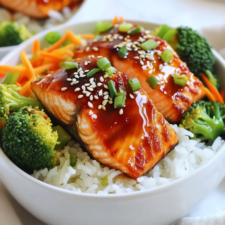 - 2 salmon fillets (6 oz each) - 1 cup jasmine rice - 1/4 cup soy sauce - 2 tablespoons honey - 1 tablespoon rice vinegar - 1 teaspoon sesame oil - 2 cloves garlic, minced - 1 inch ginger, minced - 1 tablespoon cornstarch mixed with 2 tablespoons water (slurry) - 1 cup broccoli florets - 1/2 cup carrots, julienned - 2 green onions, sliced - Sesame seeds for garnish - Salt and pepper to taste I love making Teriyaki Salmon Rice Bowls because they are easy and tasty. This dish shines with fresh ingredients. You need good salmon for the best flavor. I prefer wild-caught salmon. It has a rich taste and is healthy too. Jasmine rice is my go-to base. It cooks up soft and fragrant. You will want to rinse the rice well before cooking. Rinsing removes excess starch, making the rice fluffy. The teriyaki sauce is where the magic happens. You will mix soy sauce, honey, rice vinegar, and sesame oil. Garlic and ginger add a nice kick. This sauce brings everything together in a delicious way. For the veggies, I like to use broccoli and carrots. They add color and crunch. You can also get creative. Try snap peas or bell peppers if you want. Finally, don't forget the garnishes! Green onions and sesame seeds make the dish pop. They add flavor and a nice texture. With these simple ingredients, your Teriyaki Salmon Rice Bowls will impress anyone you serve. {{ingredient_image_1}} - First, rinse the jasmine rice under cold water. Keep rinsing until the water runs clear. This step helps to remove excess starch. - In a medium saucepan, add the rinsed rice and 2 cups of water. Bring this mixture to a boil over high heat. - Once boiling, reduce the heat to low. Cover the pan and let it simmer for 15 minutes. The water should be absorbed by then. - After cooking, remove the pan from heat but keep it covered for another 5 minutes. This allows the rice to steam. - Finally, fluff the rice with a fork to make it light and airy. - In a small bowl, whisk together the soy sauce, honey, rice vinegar, sesame oil, minced garlic, and ginger. Mix until smooth and well combined. - Once mixed, set the sauce aside for later. It will enhance the salmon and the bowl. - Heat a non-stick skillet over medium-high heat. Season the salmon fillets with salt and pepper on both sides. - Place the salmon skin-side down into the skillet. Cook for 4-5 minutes without moving it. This helps the skin get crispy. - Carefully flip the salmon and pour the teriyaki sauce over it. Cook for another 3-4 minutes until the salmon flakes easily with a fork. - Remove the salmon from heat and let it rest. This keeps it juicy and tender. - In the same skillet, add the broccoli florets and julienned carrots. Sauté them for 2-3 minutes. - You want the vegetables to be bright and tender, yet still crisp. This keeps the colors and nutrients. - After removing the salmon, add the cornstarch slurry to the pan. Stir it into the remaining teriyaki sauce. - Cook on low heat for about 2 minutes until the sauce thickens. This will give it a nice glaze. - Start by placing a generous scoop of jasmine rice at the bottom of each serving bowl. This will be the base. - Next, add the sautéed vegetables on top of the rice. - Finally, place the teriyaki salmon over the vegetables. Drizzle the thickened teriyaki sauce on top. - For the finishing touch, sprinkle sliced green onions and sesame seeds over each bowl. This adds flavor and a nice look. To cook salmon perfectly, you need to check for doneness. The fish should flake easily with a fork. A good rule is to cook it for about 4-5 minutes on one side. Then, flip it and cook for another 3-4 minutes. This method ensures a juicy and tender salmon every time. When using skin-on fillets, start cooking skin-side down. This helps keep the fish moist. If you prefer skin-off, just adjust the cooking time slightly. Skin-on can help protect the fish from drying out. To make your teriyaki sauce even better, consider adjusting the ingredients. You can add more honey for sweetness or rice vinegar for tang. If you want a thicker sauce, increase the cornstarch a bit. For those with allergies, you can use tamari instead of soy sauce. This makes the dish gluten-free! You can also use agave syrup if you need a vegan option for honey. For a beautiful presentation, garnish your rice bowls creatively. Use sliced green onions and sesame seeds for color and crunch. You can also add a slice of lime for a fresh twist. To make a complete meal, consider adding a side of pickled vegetables. This adds extra flavor and texture to your dish. Pro Tips Choose Fresh Salmon: Always opt for the freshest salmon you can find. Fresh fish not only tastes better but also holds up better during cooking. Rinse Your Rice: Rinsing jasmine rice under cold water helps remove excess starch, resulting in fluffier rice that won't clump together. Adjust Sauce to Taste: Feel free to modify the teriyaki sauce ingredients according to your preference. Add more honey for sweetness or more soy sauce for saltiness. Rest the Salmon: Letting the salmon rest for a few minutes after cooking allows the juices to redistribute, enhancing the flavor and moisture of the fish. {{image_2}} You can swap out salmon for other proteins. Here are some tasty options: - Chicken breast - Tofu - Shrimp - Beef strips Each protein has a different cook time. For chicken, cook for about 6-7 minutes per side. Tofu needs about 5-6 minutes until golden. Shrimp cooks fast, usually around 3-4 minutes. Beef strips take about 4-5 minutes, depending on thickness. You can get creative with your veggies. If you can't find broccoli or carrots, try these instead: - Bell peppers - Snow peas - Zucchini - Spinach Choose veggies based on what’s fresh or in season. In spring, use asparagus. In summer, add corn. In fall, try butternut squash. These choices keep your bowl colorful and healthy. Mix things up by adding grains or legumes. Instead of jasmine rice, you could use: - Brown rice - Quinoa - Farro - Lentils Each grain offers a unique taste and texture. You can also explore different sauces. Try spicy mayo, peanut sauce, or a tangy vinaigrette. Toppings like avocado, pickled ginger, or crushed nuts can add extra flavor and crunch. To keep your teriyaki salmon rice bowls fresh, store them properly. First, let the leftovers cool. Then, place the rice, salmon, and vegetables in separate containers. This helps maintain their taste and texture. Use airtight containers or glass jars for the best results. Label the containers with the date so you know when to eat them. To reheat, use the microwave or a skillet. If using the microwave, place the salmon and rice in a bowl. Heat in short bursts, stirring in between. This keeps everything warm without drying it out. If using a skillet, add a splash of water. Cover the pan and heat on low. This method helps keep the salmon moist. Aim for about 2-3 minutes for rice and 3-4 minutes for salmon. You can freeze the salmon and rice bowls too. For freezing, first, let everything cool completely. Wrap the salmon fillets in plastic wrap and place them in a freezer bag. Store the rice in a separate bag. For veggies, blanch them quickly before freezing. This helps keep their color and crunch. To thaw, move them to the fridge overnight. Reheat as described above, and enjoy! To check if your salmon is cooked, look for these signs: - The salmon changes from bright pink to opaque. - The flesh flakes easily with a fork. - The edges may slightly crisp. For temperature guidelines, aim for an internal temperature of 145°F (63°C). Use a food thermometer for accuracy. Yes, you can make teriyaki sauce in advance. Here’s how: - Combine soy sauce, honey, rice vinegar, sesame oil, garlic, and ginger in a bowl. - Store it in an airtight container. - Keep it in the fridge for up to one week. You have many options for side dishes or salads. Here are some ideas: - Steamed edamame - Cucumber salad with sesame dressing - Miso soup - Asian slaw with cabbage and carrots This recipe can be made gluten-free with some swaps: - Use gluten-free soy sauce or tamari instead of regular soy sauce. - Check labels on honey and rice vinegar for gluten-free assurance. To reduce calories without losing flavor, try these tips: - Use less honey or a sugar substitute. - Replace jasmine rice with cauliflower rice. - Choose skinless salmon fillets to cut down on fat. These simple changes help keep the meal light and tasty. This article covered how to make delicious teriyaki salmon rice bowls from scratch. You learned about key ingredients, step-by-step cooking methods, and storage tips. Remember to experiment with different proteins and vegetables for variety. Adjust the teriyaki sauce to fit your taste needs. By following these steps, you can enjoy a tasty meal that nourishes both body and mind. Enjoy your cooking journey and share your creations!