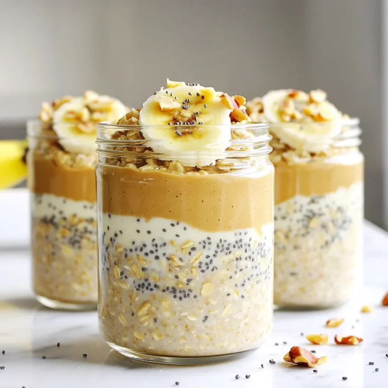 - 1 cup rolled oats - 2 cups almond milk (or any milk of choice) - 1/2 cup creamy peanut butter - 1 ripe banana, mashed - 2 tablespoons chia seeds - 1 tablespoon honey or maple syrup (optional) - 1/2 teaspoon vanilla extract - A pinch of salt - Sliced bananas and chopped nuts for topping To make your peanut butter overnight oats, gather these simple ingredients. The oats form the base and give us that hearty feel. Almond milk adds creaminess, but you can use any milk you like. Creamy peanut butter creates a rich flavor and texture. A ripe banana brings sweetness and moisture. Chia seeds add fiber and help thicken the mix. You can also include honey or maple syrup if you want added sweetness. Vanilla extract enhances the flavor, while a pinch of salt balances everything out. For fun toppings, use sliced bananas and chopped nuts. They add crunch and taste. Feel free to swap ingredients or add your favorites. You can try different fruits or nut butters to make this recipe your own! 1. In a large mixing bowl, add the rolled oats. 2. Pour in 2 cups of almond milk. You can use any milk you like. 3. Add 1/2 cup of creamy peanut butter. 4. Mash 1 ripe banana and mix it in. 5. Toss in 2 tablespoons of chia seeds. 6. If you want sweetness, add 1 tablespoon of honey or maple syrup. 7. Add 1/2 teaspoon of vanilla extract and a pinch of salt. 8. Whisk the mixture well until everything blends smoothly. Next, divide the mixture into 4 jars or containers. Make sure each jar has a lid. Seal them tightly to keep freshness. Refrigerate the jars overnight. If you can't wait, let them sit for at least 4 to 6 hours. The oats will soak up the milk and thicken nicely. In the morning, grab a jar and give the oats a good stir. They might be thick, so you can add a splash of milk to make them creamier. For a tasty touch, top them with sliced bananas and chopped nuts. This adds crunch and flavor. Enjoy your peanut butter overnight oats! To make your peanut butter overnight oats, start by mixing all the ingredients in a big bowl. This includes rolled oats, almond milk, creamy peanut butter, mashed banana, chia seeds, and a bit of honey. You can prepare these oats ahead of time, which is great for busy mornings. After mixing, divide the oats into four jars. Seal them well and place them in the fridge. They can last up to five days, so you can enjoy them all week! To make your oats even more delicious, try adding sliced bananas or chopped nuts on top. These toppings not only add flavor but also great texture. For a stronger peanut butter taste, mix in an extra spoonful of peanut butter before you store it. You can also sprinkle in some cocoa powder or cinnamon for a fun twist. These small changes can really enhance your breakfast! {{image_2}} You can mix in many fruits to your overnight oats. Berries, like strawberries and blueberries, add bright colors and sweet flavors. Apples give a nice crunch and taste great with peanut butter. Bananas are classic, but don’t stop there! Try peaches or mango for a tropical twist. Adding fruits not only makes your oats taste better, but they also add nutrients. Fruits are rich in vitamins and fiber. This keeps you full longer and helps with digestion. The natural sweetness from fruits can also reduce the need for added sugar. You can boost your oats with nuts and seeds. Almonds, walnuts, and pecans give a nice crunch. They add healthy fats and protein. Seeds like sunflower or pumpkin seeds offer a different texture and taste. To add these, simply sprinkle them on top or mix them in. This way, you get a mix of soft oats and crunchy bits. It makes your breakfast exciting and fun to eat. Plus, these additions make your meal more filling and nutritious! To keep your peanut butter overnight oats fresh, use tight-sealing containers. Proper sealing stops air from getting in. This keeps the oats moist and tasty. I recommend glass jars or BPA-free plastic containers. They are easy to clean and safe for food. Make sure each jar has a lid that fits well. This way, your oats stay great for days. You can freeze your overnight oats if you want to save some for later. To freeze, first, divide the oats into single-serving containers. Leave a little space at the top for expansion. This helps avoid spills. Seal them tightly and place them in the freezer. When you are ready to eat, take out a container. Let it thaw in the fridge overnight. If you need it faster, you can thaw it in the microwave. Use a low setting to heat it gently. Stir the oats well before eating. If they seem too thick, add a splash of milk. Enjoy your tasty oats any time! Overnight oats can last in the fridge for about five days. This makes them great for meal prep. Store them in airtight containers to keep them fresh. If you see any signs of spoilage, like an off smell or strange texture, it's best to toss them. Yes, you can use other nut butters like almond or cashew. Each nut butter adds a different flavor. Almond butter gives a milder taste, while cashew butter is creamier. Feel free to experiment and find your favorite! Yes, overnight oats can be gluten-free if you use gluten-free oats. Some regular oats may have traces of gluten from processing. Check labels carefully to ensure they are certified gluten-free. You can also try quinoa flakes or buckwheat for a gluten-free option. Overnight oats are easy to make and customize. You can mix your favorite ingredients and store them for busy mornings. We covered measurements, preparation steps, and tips for boosting flavor. You learned about mixing in fruits and nuts for extra nutrition. Remember to seal your containers tightly and know how to freeze oats. With these tips, you can enjoy delicious and healthy breakfasts all week. Try different flavors and make this your go-to meal prep, since it’s fun and simple!