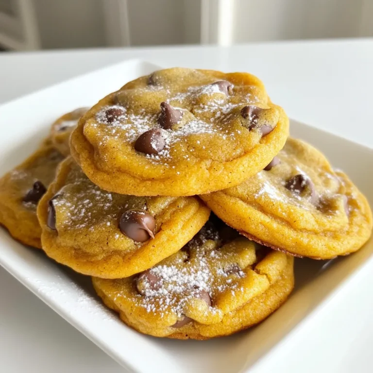 To make these chocolate chip pumpkin cookies, you need: - 1 cup canned pumpkin puree - 1/2 cup unsalted butter, softened - 1 cup brown sugar, packed - 1/2 cup granulated sugar - 1 large egg - 2 teaspoons vanilla extract - 2 cups all-purpose flour - 1 teaspoon baking soda - 1 teaspoon baking powder - 1 teaspoon pumpkin pie spice - 1/2 teaspoon salt - 1 cup semi-sweet chocolate chips - 1/2 cup chopped walnuts (optional) You can easily swap some ingredients. If you want to cut fat, use applesauce for the butter. It keeps the cookies moist. You can use coconut sugar instead of brown sugar for a lower-glycemic option. If you need a gluten-free cookie, substitute the all-purpose flour with a gluten-free blend. Feel free to get creative! Try adding a half cup of dried cranberries for a sweet twist. You can also mix in some chopped pecans for extra crunch. Want a spice kick? Add a pinch of cayenne pepper or extra pumpkin pie spice for a warm flavor boost. {{ingredient_image_1}} First, gather all your ingredients. You will need: - 1 cup canned pumpkin puree - 1/2 cup unsalted butter, softened - 1 cup brown sugar, packed - 1/2 cup granulated sugar - 1 large egg - 2 teaspoons vanilla extract - 2 cups all-purpose flour - 1 teaspoon baking soda - 1 teaspoon baking powder - 1 teaspoon pumpkin pie spice - 1/2 teaspoon salt - 1 cup semi-sweet chocolate chips - 1/2 cup chopped walnuts (optional) Next, preheat your oven to 350°F (175°C). This helps the cookies bake evenly. Line a baking sheet with parchment paper to stop sticking. In a large bowl, cream the butter, brown sugar, and granulated sugar. Mix until the mixture is light and fluffy. Then, add in the pumpkin puree, egg, and vanilla extract. Stir until everything is combined well. In another bowl, whisk together the flour, baking soda, baking powder, pumpkin pie spice, and salt. This helps mix the dry ingredients evenly. Gradually add the dry mix to the wet mix. Stir until just combined. Be careful not to over-mix. Lastly, fold in the chocolate chips and walnuts if you want them. Using a cookie scoop or tablespoon, drop the dough onto the prepared baking sheet. Space the dough about 2 inches apart. This allows room for spreading. Place the baking sheet in the oven. Bake for 12-15 minutes. The edges should be lightly golden, and the centers should look set. Keep an eye on them to avoid burning. Once baked, remove the cookies from the oven. Let them cool on the baking sheet for about 5 minutes. This step helps them firm up. Then, transfer the cookies to a wire rack. Let them cool completely before serving. For a fun touch, arrange the cookies on a festive plate. Dust them lightly with powdered sugar and sprinkle some extra pumpkin pie spice on top for added flair. Enjoy your delightful fall treat! To make soft and chewy cookies, use a good amount of butter. Butter adds richness and moisture. Make sure your butter is softened but not melted. Mix the butter and sugars until they are light and fluffy. This step adds air, giving your cookies a nice rise. Don't overmix when you add dry ingredients. Overmixing makes the cookies tough. Finally, bake them just until the edges are golden. The centers should look slightly underbaked. One common mistake is using too much flour. This leads to dry cookies. Always spoon flour into your measuring cup, then level it off. Another mistake is not chilling the dough. Chilling helps with texture and flavor. It also prevents the cookies from spreading too much. Lastly, don’t skip the cooling time. Letting the cookies rest on the baking sheet helps them firm up. For a festive touch, arrange cookies on a colorful plate. Dust them lightly with powdered sugar. You can also sprinkle extra pumpkin pie spice on top. This adds a nice visual and flavor boost. Serve them warm with a glass of cold milk. These cookies are great for fall gatherings or cozy nights in. You can also pack them in gift boxes for friends. Pro Tips Use Fresh Pumpkin Spice: If possible, use freshly ground spices for a more vibrant and aromatic flavor compared to pre-mixed pumpkin spice. Chill the Dough: For thicker cookies that hold their shape, refrigerate the dough for at least 30 minutes before baking. Check Doneness Carefully: Cookies will continue to cook slightly after removing from the oven, so take them out when the edges are golden and the centers look slightly soft. Experiment with Mix-ins: Feel free to swap walnuts for other nuts or add dried cranberries or white chocolate chips for a unique twist. {{image_2}} You can add extra spices to enhance the flavor. Try cinnamon, nutmeg, or allspice. Just add one teaspoon of each spice to the dry mix. These spices deepen the warm notes of pumpkin. They make each bite even more comforting. If you want gluten-free cookies, swap the all-purpose flour. Use a gluten-free flour blend instead. Make sure it has xanthan gum for proper texture. The cookies will still be soft and tasty. They will please everyone at your table. To make vegan pumpkin cookies, replace the egg with flaxseed meal. Mix one tablespoon of flaxseed meal with three tablespoons of water. Let it sit for a few minutes to thicken. Use coconut oil in place of butter. These small changes keep your cookies plant-based and delicious. To keep your chocolate chip pumpkin cookies fresh, store them in an airtight container. Place parchment paper between layers to prevent sticking. They stay tasty for up to a week at room temperature. If you want to keep them longer, use the fridge. Just remember to seal them well. Freezing cookies is easy! Once the cookies cool, lay them on a baking sheet. Freeze them for about an hour until firm. Then, transfer them to a freezer bag. They can last up to three months in the freezer. When you want one, just take it out and let it thaw. To enjoy warm cookies, heat them in the oven. Preheat the oven to 350°F (175°C). Place the cookies on a baking sheet for about 5 minutes. You can also use the microwave. Heat for about 10-15 seconds, but watch closely! Enjoy them fresh for a cozy treat. Yes, you can use fresh pumpkin. Just cook it, then mash it until smooth. This gives your cookies a fresh taste. Make sure to drain any extra water from the pumpkin. This helps keep your cookies from being too wet. If you don’t like walnuts, try pecans or almonds. You can also skip nuts for a nut-free version. Chocolate chips are enough for great flavor. You can add extra chocolate chips if you want more sweetness. Check for lightly golden edges. The centers should look set but soft. You can also use a toothpick. If it comes out clean or with a few crumbs, they are done. Remember, cookies will firm up as they cool. Yes, you can double the recipe. Just mix all your ingredients in a larger bowl. Make sure your baking sheets have enough space. You may need to bake in batches if your oven is small. Enjoy the extra cookies with family and friends! This blog post covered everything you need for delicious pumpkin cookies. We discussed the essential ingredients, plus easy swaps and fun add-ins. The step-by-step guide will help you prepare, bake, and serve perfectly soft cookies. I shared tips for avoiding common mistakes and ways to make unique variations. Lastly, we explored storage and answered frequently asked questions. Now, you have the tools to bake great cookies anytime! Enjoy this tasty treat with friends and family.