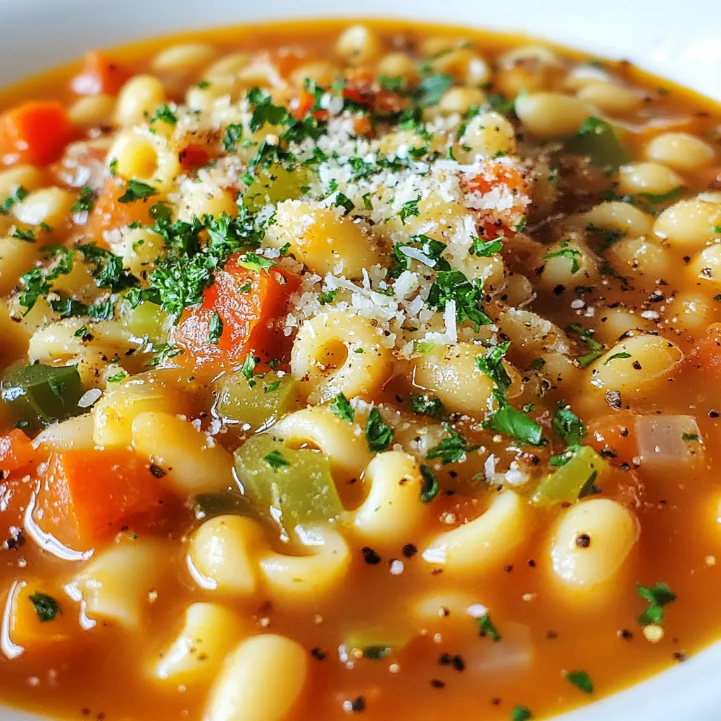 - 1 cup small pasta (like ditalini or small shells) - 1 can (15 oz) cannellini beans, drained and rinsed - 1 teaspoon dried oregano - 1 teaspoon dried basil - 1 pinch red pepper flakes (optional, for heat) These main ingredients give Pasta Fagioli its heartiness. Small pasta shapes like ditalini or small shells work best. They catch the sauce well and add texture. Cannellini beans bring protein and creaminess. Oregano and basil add that delightful Italian flavor. If you like heat, a pinch of red pepper flakes does the trick. - 1 medium onion, diced - 2 cloves garlic, minced - 2 medium carrots, diced - 2 celery stalks, diced - 1 can (14 oz) diced tomatoes (with juice) - 4 cups vegetable broth - 2 tablespoons olive oil - Salt and pepper to taste - Fresh parsley, chopped (for garnish) - Grated Parmigiano-Reggiano cheese (for serving, optional) Now, let’s talk about the extras. The base starts with onion, garlic, carrots, and celery. These veggies bring flavor and nutrients. Diced tomatoes add sweetness and acidity. Vegetable broth makes the soup rich and warm. Olive oil helps sauté the veggies and adds healthy fat. Season with salt and pepper to your liking. For a fresh touch, sprinkle chopped parsley on top. If you want more flavor, add grated cheese before serving. {{ingredient_image_1}} Sautéing the vegetables Start by heating olive oil in a large pot over medium heat. Add diced onion and cook it until soft and clear, about 3-4 minutes. Then, stir in minced garlic, diced carrots, and celery. Sauté these veggies for about 5 minutes until they begin to get tender. This step builds a great base for your soup. Combining the ingredients Next, add the diced tomatoes with their juice into the pot. Pour in the vegetable broth along with dried oregano, dried basil, and optional red pepper flakes for a little heat. Stir everything well, making sure to mix the flavors. Simmering the broth Bring the mixture to a gentle simmer. Let it bubble for about 10 minutes. This allows the flavors to blend nicely. After simmering, add the drained and rinsed cannellini beans. Stir them in, and let everything cook for another 10 minutes. Cooking the pasta and beans Now, it’s time to add the small pasta. Cook it according to the package instructions, usually around 8-10 minutes. Stir it frequently. Check for doneness to ensure it stays al dente. Once cooked, taste and adjust salt and pepper as needed to enhance the flavors. Garnishing techniques When serving, ladle the soup into bowls. Garnish with freshly chopped parsley for a pop of color. This step not only makes the dish look pretty but also adds a fresh taste. Cheese options If you like cheese, sprinkle some grated Parmigiano-Reggiano on top. The salty, nutty flavor of the cheese complements the soup well. Serve hot and enjoy your comforting bowl of Pasta Fagioli! To make perfect Pasta Fagioli, focus on cooking the pasta just right. Aim for al dente pasta. This means it should be firm when you bite into it. Follow the package instructions for cooking times. Start checking a minute or two early to avoid overcooking. Adjusting seasoning is also key. Taste your dish before serving. If you want more flavor, add extra salt or pepper. Fresh herbs can make a big difference too. I love adding a bit more oregano or basil to enhance the taste. One common mistake is overcooking the pasta. When you add pasta to your soup, keep an eye on it. Cook just until tender, then remove from heat. Another mistake is not sautéing the vegetables properly. Sautéing makes them soft and flavorful. Start with the onion, then add garlic, carrots, and celery. Cook until the veggies are soft and fragrant. This builds a great base for your soup. Pro Tips Tip Title: Use Quality Pasta: Choosing high-quality pasta will elevate the dish. Look for brands that use durum wheat for the best texture and flavor. Tip Title: Enhance Flavor with Fresh Herbs: If possible, use fresh herbs instead of dried for a more vibrant flavor. Add them at the end of cooking for maximum impact. Tip Title: Customize Your Beans: Feel free to substitute cannellini beans with other varieties like navy or garbanzo beans to change the flavor profile of the dish. Tip Title: Adjust Consistency: If you prefer a thicker soup, reduce the amount of broth. For a thinner consistency, simply add more broth until you reach your desired texture. {{image_2}} You can make Pasta Fagioli without meat. This keeps it light and tasty. Focus on the beans and veggies. Omit the pancetta or any meat. This way, you keep all the flavor without animal products. You might also add more vegetables. Try zucchini, bell peppers, or spinach. Each adds color and nutrition. If you need gluten-free pasta, use rice or corn-based options. They work well and taste great, too. You can also try lentil pasta for added protein. For thickening, swap out regular pasta for mashed beans. They blend well and add creaminess to the dish. Different regions have their own twists on this dish. Some add other legumes like chickpeas or lentils. These add new textures and flavors. In some areas, cooks include meats like pancetta. This gives the dish a rich, smoky flavor. Each variation is unique and delicious. To store leftovers, place them in an airtight container. This keeps the dish fresh. You can keep it in the refrigerator for up to three days. Make sure it cools down first. If you want to store it longer, freezing is a great option. For freezing, use a freezer-safe container. Leave some space at the top. The soup will expand as it freezes. Pasta Fagioli can last for up to three months in the freezer. When you're ready to eat, thaw it in the fridge overnight. The best methods for reheating are using the stove or microwave. On the stove, heat it gently over low heat. Stir often to avoid sticking. If using a microwave, place it in a microwave-safe bowl. Cover it with a damp paper towel. To maintain texture, add a splash of broth or water if it seems thick. This keeps the soup creamy and delicious. Enjoy your warm Pasta Fagioli as if it were fresh! Small pasta shapes work best in Pasta Fagioli. I love using ditalini or small shells. These shapes hold the broth and beans well. They make every bite tasty and satisfying. You can also try elbow macaroni or orzo. Just make sure the pasta cooks evenly. Always check the package for cooking times. This way, you ensure it stays al dente and does not get mushy. Yes, you can make Pasta Fagioli ahead of time. It tastes even better the next day. Just store it in an airtight container. Keep it in the fridge for up to three days. You can also freeze it for longer storage. To freeze, let it cool completely before placing it in the freezer. When you’re ready to eat, thaw it overnight in the fridge. Reheat it on the stove or in the microwave. Add a splash of broth if it seems too thick. Pasta Fagioli is quite healthy! It has a mix of veggies, beans, and pasta. Cannellini beans add protein and fiber. This helps keep you full and satisfied. The broth is low in calories, too. Using olive oil adds healthy fats. You can adjust the salt and spices to fit your taste. Overall, it’s a nutritious meal that warms you up. Enjoy it as part of a balanced diet! Pasta Fagioli is a delicious and hearty dish made with small pasta, beans, and flavorful herbs. You learned how to prepare it, cook it, and serve it perfectly. We covered tips for making it even better while avoiding common mistakes. If you want to mix things up, you can try vegetarian, gluten-free, or regional variations. With proper storage, your leftovers can stay tasty for days. Pasta Fagioli is not just comforting; it's also healthy and packed with nutrients. Enjoy your cooking adventure!